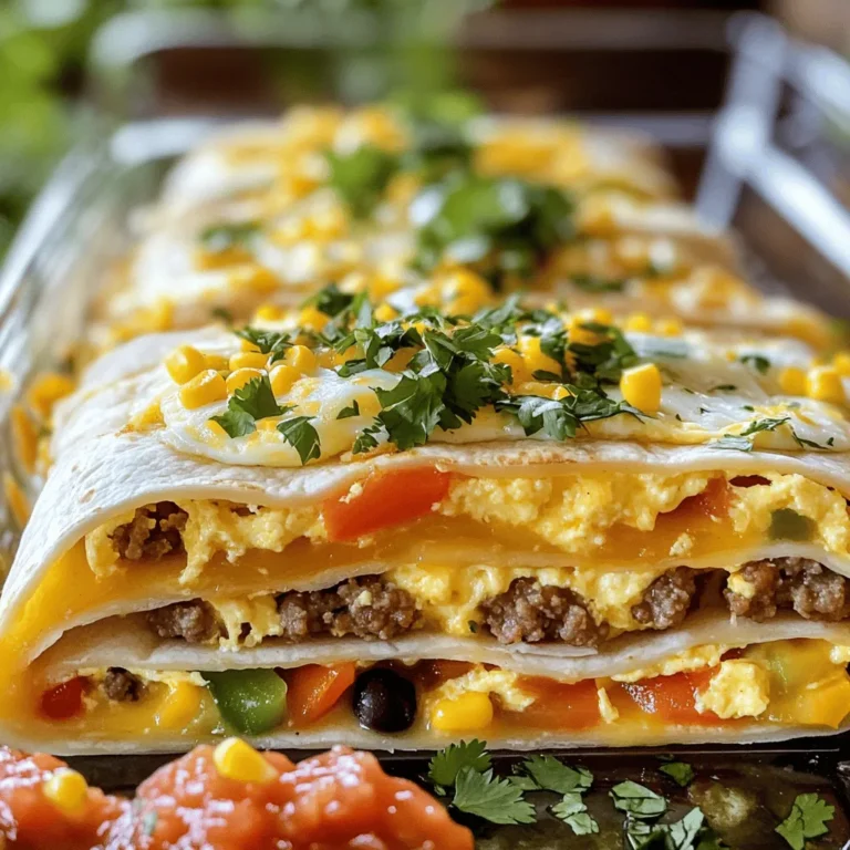 - 6 large flour tortillas - 1 pound breakfast sausage (or plant-based alternative) - 1 bell pepper, diced - 1 small onion, diced - 1 cup corn (fresh or frozen) - 1 can (15 oz) black beans, drained and rinsed - 8 large eggs - 1 cup milk (dairy or plant-based) - 2 cups shredded cheddar cheese - 1 teaspoon ground cumin - 1 teaspoon chili powder - Salt and freshly ground black pepper When I make Breakfast Burrito Casserole, I love using fresh ingredients. The key is the combination of flavors. Start with flour tortillas as the base. Their soft texture complements the other ingredients well. I often choose a pound of breakfast sausage, but you can swap it for a plant-based option. It’s a great way to keep it hearty. Dicing a bell pepper adds a pop of color and sweetness. You can choose any color you like. I find red or yellow peppers work best. A small onion also brings depth to the dish. It makes everything taste better. Fresh or frozen corn adds a sweet crunch. Black beans are a must! They add protein and fiber while being easy to use. For the egg mixture, I crack eight large eggs into a bowl. Add a cup of milk to make it creamy. Whisk them together until blended. This mixture binds everything, making each bite delicious. I like using two cups of shredded cheddar cheese for that melty goodness. Don't forget the spices! Ground cumin and chili powder add warmth and flavor. A touch of salt and freshly ground black pepper enhances everything. Using these ingredients, you can create a hearty breakfast or brunch dish. You can find the full recipe at the end for more detailed steps. - Preheat oven to 350°F (175°C). - Cook breakfast sausage in a skillet until browned. Use a spatula to break it up. - Add diced bell pepper and onion to the skillet. Sauté until softened, about 3-4 minutes. - Stir in corn and black beans. Season with cumin, chili powder, salt, and pepper. - Whisk together eggs and milk in a separate bowl. Make sure it is well combined. - Set aside for assembly. - Spray a 9x13 inch baking dish with non-stick cooking spray. - Layer two tortillas at the bottom, slightly overlapping. Spread half of the sausage mixture over the tortillas. - Pour half of the egg mixture over the top. Add 1 cup of shredded cheese. - Add another two tortillas, then the remaining sausage mixture. Pour the rest of the egg mixture on top. - Finish with the remaining cheese and two final tortillas to cover everything. - Bake for 30-35 minutes until golden brown. The center should be set. - Allow to rest for a few minutes before slicing into portions. To make a great breakfast burrito casserole, start by preheating your oven to 350°F (175°C). A hot oven helps cook the casserole evenly. This step is key for a fluffy texture. After baking, let it rest for about 10 minutes. This resting time makes slicing easier and cleaner. Serve your casserole with fresh salsa and chopped cilantro. The bright flavors really enhance the dish. For a nice touch, plate each serving with a small bowl of salsa for dipping. A sprinkle of cilantro on top adds color and a fresh taste. You can adjust the spice level to your taste. If you like it hot, add diced jalapeños or extra chili powder. For a milder dish, skip the spicy ingredients. You can also mix in extras like spinach, mushrooms, or even diced tomatoes for added flavor. Feel free to check out the Full Recipe for more details on making this dish! {{image_4}} You can make a delicious vegetarian breakfast burrito casserole. Start by swapping the meat for veggie sausage. This gives you a hearty base without meat. You can also add more vegetables. Think about using mushrooms, spinach, or zucchini for extra flavor. These veggies add color and nutrients to your dish. If you want to switch up the protein, consider turkey or chicken. Both options are leaner than pork sausage. They still give you that filling taste. You could also add bacon or ham for a savory kick. Just cook them well before mixing them into the casserole. This adds richness and enhances the overall flavor. Cheese can change the whole flavor of the casserole. If you prefer dairy-free options, try using plant-based cheese. It melts nicely and tastes great. You can also mix different cheeses for added flavor. Pepper jack gives a nice kick, while mozzarella adds creaminess. Experiment with your favorites to find the perfect blend that suits your taste. For the full recipe, check out the Breakfast Burrito Casserole 🥑. To store your Breakfast Burrito Casserole, let it cool first. Cover it tightly with plastic wrap or put it in an airtight container. This helps keep it fresh. You can store it in the fridge for up to 4 days. After this time, it may not taste as good. If you want to freeze the casserole, cut it into portions. Wrap each piece in plastic wrap, then place them in a freezer bag. This method prevents freezer burn. It can last up to 3 months in the freezer. When you are ready to eat, thaw it overnight in the fridge. To reheat, the best method is to use the oven. Preheat your oven to 350°F (175°C). Place the casserole in an oven-safe dish and cover it with foil. Heat it for about 20-25 minutes. This keeps it moist. You can also reheat individual slices in the microwave for 1-2 minutes, but be careful not to dry them out. Enjoy every bite! Yes, you can prepare this casserole the night before. To do this, follow these steps: - Cook the sausage and veggies as directed. - Layer the casserole in the baking dish. - Cover it tightly with plastic wrap. - Store it in the fridge overnight. - Bake it in the morning; add an extra 5-10 minutes to the cooking time. This method helps save time on busy mornings and gives the flavors a chance to blend. If you want to replace eggs, consider these options: - Silken tofu: Blend it until smooth. Use 1/4 cup per egg. - Chickpea flour: Mix 3 tablespoons with 3 tablespoons of water for each egg. - Flaxseed meal: Combine 1 tablespoon of flaxseed meal with 2.5 tablespoons of water. Let it sit for 5 minutes. These substitutes will keep your casserole rich and tasty. To add some heat to your casserole, try these ideas: - Jalapeños: Chop fresh or pickled jalapeños and mix them into the layers. - Hot sauce: Drizzle your favorite hot sauce into the egg mixture. - Spicy sausage: Use a spicy breakfast sausage instead of regular. These options will bring a fiery kick to your dish. Yes, you can easily make this casserole gluten-free. Consider these options: - Gluten-free tortillas: Look for brands that offer gluten-free flour tortillas. - Beans: Ensure that the canned black beans are labeled gluten-free. - Spices: Check that your spices do not contain gluten fillers. With these swaps, everyone can enjoy this tasty meal. Pair your casserole with these tasty sides: - Fresh fruit: A fruit salad adds a refreshing touch. - Avocado: Sliced or mashed avocado pairs well with the flavors. - Yogurt: A scoop of plain yogurt can balance the spices nicely. These sides can enhance your breakfast experience. Absolutely! Here are some tips to make it more appealing to kids: - Cheese: Use extra cheese on top for a melty goodness they love. - Mild flavors: Opt for mild sausage and spices if your kids prefer less heat. - Fun toppings: Let kids add their favorite toppings like salsa or guacamole. Making it fun helps kids enjoy their food more. For the full recipe, check out the details above. This blog post shared how to make a delicious breakfast burrito casserole. We covered the main and additional ingredients, the egg mixture, and key seasonings. I walked you through the step-by-step instructions for cooking, assembling, and baking. Don't forget the tips for serving and customizing to fit your taste. Finally, we discussed storage, freezing, and reheating leftovers. This dish is flexible and perfect for any meal. Enjoy making and sharing it with family and friends!