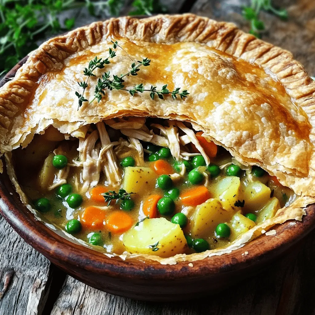 Here is what you need for a classic chicken pot pie: - 2 cups cooked chicken, shredded - 1 cup carrots, diced - 1 cup frozen peas - 1 cup potatoes, diced - 1/2 cup onion, finely chopped - 2 cloves garlic, minced - 3 tablespoons unsalted butter - 1/4 cup all-purpose flour - 2 cups chicken broth - 1/2 teaspoon dried thyme - 1/2 teaspoon dried rosemary - Salt and freshly ground pepper to taste - 1 package refrigerated pie crusts (includes 2 sheets) - 1 egg, beaten (for egg wash) This list includes all the key ingredients you need for the dish. Each item plays an important role in creating that rich, creamy filling and flaky crust. The chicken brings protein, while the veggies add flavor and color. The herbs, like thyme and rosemary, give it that warm comfort food taste. When shopping, look for fresh vegetables. Fresh carrots and potatoes add crunch and flavor. For the chicken, use rotisserie or leftover chicken for ease. This recipe is great for using up what you have on hand. If you want more details, check out the Full Recipe. - Preheat the oven to 425°F (220°C). - Melt the butter in a large skillet over medium heat. - Add the finely chopped onion and minced garlic. - Sauté until the onions turn translucent, about 3-4 minutes. - Next, add the diced carrots and potatoes to the skillet. - Cook these for about 5 minutes, until they're slightly soft. - Then, fold in the shredded chicken and frozen peas. - Sprinkle in dried thyme, dried rosemary, salt, and pepper. - Stir well and cook for 2 more minutes to blend the flavors. - Roll out the first pie crust and fit it into a 9-inch pie plate. - Pour the chicken filling into the crust, spreading it evenly. - Unroll the second pie crust over the filling. - Press the edges to seal, crimping for a nice look. - Cut small slits in the top crust for steam to escape. - Brush the top with beaten egg for a golden finish. - Place the pot pie in the preheated oven. - Bake for 30-35 minutes until the crust is golden brown. - Remove it from the oven and let it cool for 10 minutes. - This helps the filling set and makes slicing easier. For a full recipe, check out the ingredients and instructions above. Enjoy your delicious chicken pot pie! To make your crust perfect, start with chilled pie crust. This helps it stay flaky. A good crust gives your pot pie that wow factor. After placing the top crust, brush it with an egg wash. This adds a golden color that looks great and tastes even better. To boost flavor, experiment with herbs and spices. Fresh thyme or parsley can add bright notes. You can also try garlic powder or paprika for extra depth. For richness, consider adding a splash of cream or a little sour cream. This makes the filling even creamier and more delicious. When it's time to serve, pair your pot pie with a light salad. A simple green salad with vinaigrette balances the meal. For a beautiful touch, garnish your pot pie with fresh herbs. Chopped parsley or thyme adds color and flavor. Enjoy your comforting meal with family and friends! Don't forget to check the Full Recipe for more details. {{image_4}} You can easily switch up your chicken pot pie. Try using turkey instead of chicken for a tasty twist. It works great, especially after Thanksgiving! You can also swap in different veggies like corn or green beans. These add color and crunch to the dish. The crust is key in a pot pie. If you want a fun project, try a homemade pie crust. It adds a personal touch. You can also consider a biscuit topping instead. This gives a fluffy, comforting vibe. Want to make it gluten-free? Use gluten-free flour for the thickening. It will work just as well! For a plant-based dish, you can make a vegetarian version. Swap the chicken for mushrooms or lentils. This way, everyone can enjoy a delicious pot pie. After enjoying your classic chicken pot pie, you may have some leftovers. Make sure to store them in an airtight container. This keeps the pie fresh and tasty. You can refrigerate it for up to 3 days. When you're ready to enjoy it again, just reheat and savor! If you want to save your pot pie for later, freezing is a great option. You can freeze both pre-baked and baked pot pies. For a pre-baked pie, wrap it well in plastic wrap and then in foil. For a baked pie, let it cool before wrapping. This helps keep the crust nice and flaky. To thaw, move the pie from the freezer to the fridge. Let it sit overnight. When it's time to reheat, bake it in the oven at 350°F (175°C) until it's hot. Enjoy your comforting meal any time! For the full recipe, check out the complete cooking guide. You can easily prepare Classic Chicken Pot Pie in advance. First, make the filling and allow it to cool. Store the filling in an airtight container in the fridge for up to two days. When ready to bake, roll out your pie crust and assemble the pot pie. If you want to freeze it, wrap it tightly in plastic wrap and foil. You can freeze it for up to three months. When you are ready to bake, thaw it overnight in the fridge. Bake it as directed, adding a few extra minutes for frozen pies. Yes, you can use different proteins in your pot pie. Turkey is a great option, especially after Thanksgiving. You can also try cooked ham or beef for a richer flavor. For a vegetarian twist, use hearty vegetables like mushrooms or lentils. These options keep the dish flavorful while changing it up. Chicken pot pie pairs well with simple side dishes. A light green salad adds freshness to the meal. You can also serve steamed vegetables for a healthy touch. Mashed potatoes are another comforting option. For a fun twist, serve with crusty bread to soak up the filling. This article covered how to make a tasty chicken pot pie. We discussed the full ingredient list, step-by-step cooking instructions, and helpful tips. You can explore variations or make dietary adjustments to suit your needs. Remember to store leftovers properly for the best taste later. Chicken pot pie is not only delicious but versatile. Whether you follow the recipe as written or try your own twist, you're sure to impress. Enjoy your cooking journey and share your creations!