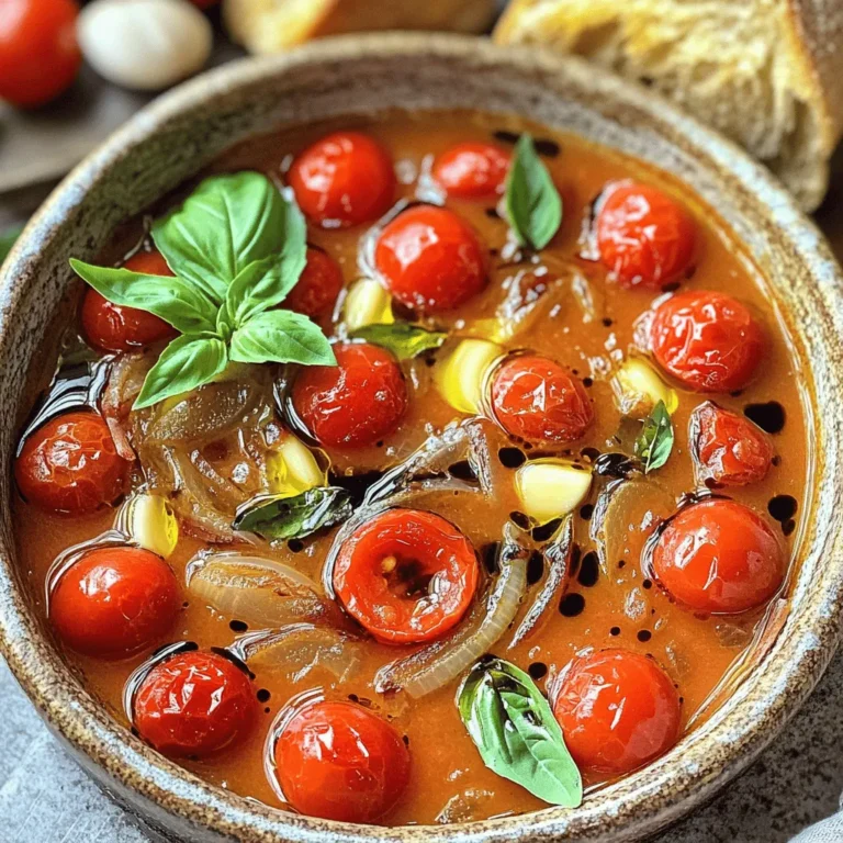 - 2 lbs ripe cherry tomatoes, halved - 1 medium onion, quartered - 4 cloves garlic, peeled and left whole - 3 tablespoons extra virgin olive oil - Salt and freshly ground black pepper - 1 teaspoon balsamic vinegar - 1/4 teaspoon red pepper flakes (optional) - 2 cups vegetable broth - 1/2 cup fresh basil leaves - Extra fresh basil for garnish Gathering the right ingredients is key for a great roasted tomato soup. The cherry tomatoes give a sweet taste. The onion and garlic add depth. Olive oil helps everything roast well. You can use salt and pepper to enhance the flavors. Balsamic vinegar adds a nice tang. If you like spice, try the red pepper flakes. For the broth, you can use homemade or store-bought vegetable broth. Fresh basil gives the soup a bright finish. Save some basil for garnish to make it look nice. Check out the Full Recipe for more details on making this delicious soup! - Preheat your oven to 400°F (200°C). - Spread tomatoes, onion, and garlic on a baking sheet. - Drizzle olive oil and season with salt and pepper. Start by gathering the ingredients. The fresh tomatoes, onion, and garlic create the base. Place them on a baking sheet. This is where the magic begins. Coating them in olive oil helps with roasting. Salt and pepper add essential flavor. Don’t be shy; ensure everything is well coated. - Roast for 25-30 minutes until blistered and caramelized. - Remove from oven and cool slightly. Place the baking sheet in the preheated oven. The heat transforms the vegetables. They will become blistered and sweet. This process caramelizes the natural sugars, enhancing their flavor. Once roasted, let them cool for a few minutes. This makes it easier to handle them later. - Combine roasted vegetables and broth in a pot. - Add chopped basil and balsamic vinegar. - Simmer for an additional 10 minutes, then puree. In a large pot, mix the roasted vegetables with the broth. The broth adds depth to the soup. Next, toss in the chopped basil and balsamic vinegar. These ingredients brighten the flavors. Let it simmer for ten minutes. This step helps the flavors mix well. Finally, use an immersion blender to puree the soup. If you want some texture, leave some chunks. Enjoy the rich, warm aroma filling your kitchen. For the full recipe, check the section above. To get the best flavor, use ripe tomatoes. I love cherry tomatoes. They become sweet and juicy when roasted. Cut them in half so they caramelize well. For perfect caramelization, spread the tomatoes, onion, and garlic in one layer. Make sure they aren't crowded. This helps them roast evenly. Drizzle with olive oil and season well. The oil helps with browning and flavor. You can use either an immersion blender or a standard blender. An immersion blender is easier. You can blend the soup right in the pot. It also saves you from transferring hot soup. Just be careful not to splash. If you use a standard blender, work in batches. Let steam escape by leaving the lid slightly open. This avoids pressure build-up. Blend until smooth or leave some chunks for texture. Roasted tomato soup pairs well with many sides. I recommend crusty bread or a grilled cheese sandwich. They add a nice crunch and make the meal filling. For presentation, ladle the soup into warm bowls. Drizzle a little olive oil on top. Garnish with fresh basil leaves for a splash of color. This makes the dish look appealing, too. You can find the complete recipe [Full Recipe]. {{image_4}} You can make your roasted tomato soup even better with simple add-ins. Try mixing in fresh herbs like thyme or oregano. They bring great flavor and aroma. If you want a kick, add a pinch of smoked paprika or cumin. For a creamy soup, stir in some heavy cream or coconut milk. This will give it a rich texture. If you prefer protein, add cooked beans or shredded chicken. These options will make your soup heartier and more filling. Homemade croutons add a nice crunch to your soup. To make them, cube some bread and toss it with olive oil and seasonings. Bake them until golden and crispy. You can also try different garnishes. Instead of just basil, use a dollop of sour cream or a sprinkle of cheese. Toasted pine nuts or sunflower seeds add a fun crunch, too. Experiment with what you enjoy! This roasted tomato soup can fit many diets. It is naturally vegan and gluten-free. Just check the labels on your broth and seasonings. If you want it dairy-free, use almond milk or oat milk instead of cream. These swaps keep your soup creamy without dairy. You can enjoy the same delicious taste while meeting your dietary needs. For the full recipe, check out Roasted Tomato Basil Bliss. To keep your roasted tomato soup fresh, place it in an airtight container. Use glass or plastic containers that seal tightly. Always let the soup cool before sealing. This helps to prevent condensation, which can make the soup watery. Store it in the fridge for up to five days. Freezing roasted tomato soup is simple. First, let it cool completely. Then, transfer the soup into freezer-safe bags or containers. Remove as much air as possible to prevent freezer burn. You can freeze it for up to three months. When you're ready to eat, thaw it in the fridge overnight. For quick thawing, you can use a microwave or place it in a bowl of cold water. Reheat in a pot over medium heat until hot. Roasted tomato soup lasts about five days in the fridge. In the freezer, it stays good for three months. Always check for signs of spoilage before eating. If it smells off or has an unusual color, it's best to discard it. Enjoy your delicious soup at its best! You can use water, chicken broth, or beef broth. Each has a unique taste. Water works in a pinch, but lacks flavor. Chicken broth adds a rich, savory note, while beef broth gives depth. You might also try mushroom broth for a hearty, earthy taste. Just adjust your seasonings to match the broth you choose. Yes, you can! Canned tomatoes save time and often cost less. They provide a different texture and taste, though. Fresh tomatoes have a bright, juicy flavor, while canned ones are more concentrated. If you use canned tomatoes, look for whole or diced ones in juice or puree. This helps maintain some freshness. To make your soup creamier, add heavy cream or coconut milk. Start with a small amount, about 1/4 cup, and stir it in after blending. You can also use sour cream or Greek yogurt for a tangy twist. If you want a thicker soup, add a little cornstarch mixed with water. This thickens without changing the taste. Roasted tomato soup is easy and fun to make. This guide shared the main ingredients, steps, tips, and variations. You learned how to roast tomatoes, blend them, and serve a tasty dish. Remember, use fresh ingredients for the best flavor. Don’t be afraid to add your twist or flavors. Enjoy your cooking and share this soup with friends and family. Happy cooking!