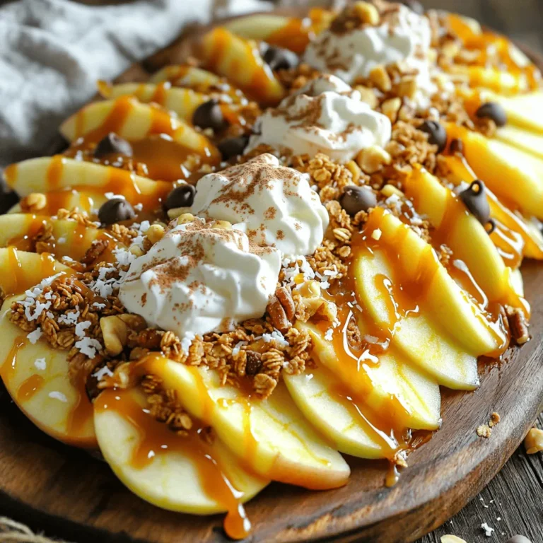 To make delicious Caramel Apple Nachos, gather these simple ingredients: - 4 medium-sized apples (preferably Fuji or Honeycrisp) - 1 cup of your favorite granola - 1 cup caramel sauce (store-bought or homemade) - ½ cup mini chocolate chips - ½ cup chopped nuts (e.g., pecans or walnuts) - ¼ cup shredded coconut (optional) - Whipped cream (for drizzling, optional) - Ground cinnamon (for dusting, optional) These ingredients combine to create a tasty treat. Choose fresh apples for the best flavor. Fuji and Honeycrisp apples are sweet and crunchy. The granola adds a nice crunch. You can use any flavor you like. Caramel sauce is key for that sweet touch. You can buy it or make your own at home. Mini chocolate chips bring extra sweetness and fun. Chopped nuts add texture and flavor. I love using pecans, but walnuts work too. Shredded coconut is optional for a tropical twist. Whipped cream can make it even more special. A sprinkle of ground cinnamon adds warmth. You can find all these ingredients in your local store. With these items ready, you can start making your Caramel Apple Nachos. Check out the Full Recipe for more details! - Washing and Coring: Start by washing your apples under cool water. Use a knife to carefully remove the cores. - Slicing into Wedges: Slice each apple into thin wedges. Aim for about eight slices per apple. This makes them easy to grab and eat. - Arranging on Platter: Place the apple wedges in a nice pattern on a large platter. This will make your dessert look great! - Sprinkling Technique: Take your favorite granola and sprinkle it over the apple slices. - Ensuring Even Coverage: Make sure to cover most of the apple surface. This adds a nice crunch to your dish. - Warming the Caramel Sauce: If your caramel sauce is thick, warm it up. Use the microwave for about 10-15 seconds. - Drizzling Method: Use a spoon or squeeze bottle to drizzle the warm caramel over the apples and granola. - Distributing Mini Chocolate Chips: Next, sprinkle mini chocolate chips all over the caramel. - Adding Chopped Nuts: Add your chopped nuts evenly. Pecans or walnuts work great here. - Optional: Adding Shredded Coconut: If you want a tropical twist, add shredded coconut on top. - Drizzling Whipped Cream: For an extra treat, drizzle whipped cream over everything. - Dusting with Ground Cinnamon: Finally, finish with a light dusting of ground cinnamon for flavor. - Presentation Ideas: Serve your Caramel Apple Nachos right away for the best taste. - Providing Skewers or Forks: Offer skewers or forks to make it easier to enjoy this fun dessert. To make this recipe come to life, check out the Full Recipe for detailed steps! When making caramel apple nachos, picking the right apples is key. You want apples that are sweet and crisp for the best bite. Fuji and Honeycrisp are my favorites. They have a nice balance of sweetness and crunch. You can also try Granny Smith for a tart twist. - Flavor Profiles: - Fuji: Sweet and juicy - Honeycrisp: Crisp and sweet - Granny Smith: Tart and tangy Make your nachos unique by adding fun toppings. You can mix and match to find your favorite flavors. Try adding mini marshmallows for extra sweetness. You can also use peanut butter for a rich taste. - Suggested Toppings: - Mini marshmallows - Peanut butter drizzle - Crushed pretzels for crunch Caramel apple nachos fit many events. They are fun for parties or movie nights. You can serve them as a treat for kids or as a dessert after dinner. For a healthier option, swap caramel for yogurt. - Party Snack Ideas: - Serve on a large platter - Use colorful plates for fun You can find the full recipe and more tips to help you enjoy this sweet treat! {{image_4}} You can change your caramel apple nachos to match the season. In fall, add spices like nutmeg or cloves. These spices blend well with the sweet apples and caramel. For a holiday twist, try using candy canes or gingerbread cookies as toppings. This adds a festive crunch. To make your nachos a bit healthier, use Greek yogurt instead of whipped cream. It adds creaminess without extra sugar. If you want a nut-free option, skip the nuts and add seeds. Sunflower seeds or pumpkin seeds work well. They add crunch and are safe for kids with nut allergies. You can include other fruits in your nachos. Sliced bananas or pears add a new flavor. They pair well with apples and caramel. For a fun fruit medley, mix apples, bananas, and berries. This mix makes your nachos colorful and tasty. You can experiment with whatever fruits you enjoy! To store leftover nachos, place them in an airtight container. This keeps them fresh and prevents them from getting soggy. If you want to keep the apples crisp, add a paper towel to the container. This absorbs excess moisture. You can also store the apples and toppings separately. This way, they stay fresh longer. Reheating nachos can be tricky. The goal is to keep the apples firm. First, place them on a baking sheet. Warm them in the oven at 350°F for about 5 minutes. Check often to avoid overcooking. You want them just warm, not mushy. Caramel apple nachos taste best when fresh. Store them in the fridge for up to 2 days. After that, the apples may brown and lose crunch. Look out for signs of spoilage. If the apples smell off or look slimy, throw them away. For the caramel sauce, check the label for shelf life. Once opened, it usually lasts about a month in the fridge. I recommend using Fuji or Honeycrisp apples for the best flavor. These apples are crisp and sweet. They hold their shape well when sliced. This makes them perfect for nachos. You can also try Granny Smith for a tart twist. Mixing different apples can add fun flavors. Yes, you can easily make caramel sauce at home. Just heat sugar in a pan until it melts. Stir it while it cooks to avoid burning. Once it turns golden brown, add butter and cream. This simple recipe gives you fresh caramel. It tastes great drizzled over your nachos. You should eat caramel apple nachos right away for the best taste. If you have leftovers, store them in the fridge for one day. The apples may get soft after that. To keep them fresh, cover them tightly with plastic wrap. If you don’t have granola, use crushed cookies or nuts. Crushed pretzels can add a salty crunch. You can also use cereal for a sweet touch. Feel free to get creative with your toppings! Yes, caramel apple nachos can be gluten-free. Just make sure the granola you choose is gluten-free. Most other ingredients, like apples and caramel, are naturally gluten-free. Always check labels if you're unsure. Enjoy this treat without worry! Caramel apple nachos are a fun and tasty treat. We covered the ingredients, from choosing the right apples to adding toppings. You learned how to prepare and serve this dish. Tips on customizing and storing leftovers will help you enjoy them longer. These nachos are perfect for any occasion. Try different flavors or fruits to keep it fresh. Enjoy making and sharing this treat with friends and family!