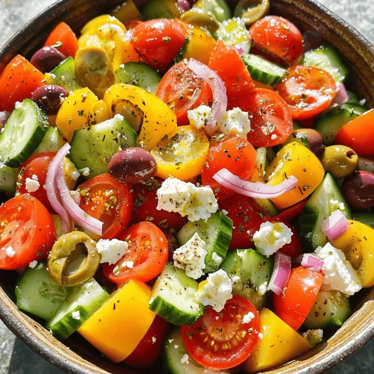 To make a classic Greek salad, you need fresh, high-quality ingredients. Here’s what you’ll want: - 4 ripe tomatoes, diced into bite-sized pieces - 1 medium cucumber, peeled and diced - 1 medium red onion, finely sliced - 1 bell pepper (preferably green or yellow), chopped into chunks - 200g feta cheese, crumbled or cubed - 100g Kalamata olives, pitted and halved - 3 tablespoons high-quality extra-virgin olive oil - 2 tablespoons red wine vinegar (you can use fresh lemon juice instead) - 1 teaspoon dried oregano - Salt and freshly cracked black pepper to taste These ingredients create a salad that bursts with flavor. The tomatoes provide juiciness, while cucumbers add crunch. Feta cheese brings creaminess, and olives add a salty bite. While the classic recipe is delicious, you can add more ingredients for extra flavor. Consider these options: - Fresh herbs like parsley or dill for a bright taste - Avocado for creaminess and healthy fats - Capers for a tangy kick - Artichoke hearts for a unique twist Feel free to mix and match to find your favorite combinations! You might not have all the ingredients on hand. Here are some easy swaps: - Use cherry tomatoes instead of larger tomatoes for sweetness. - Swap the cucumber for zucchini for a different texture. - Replace Kalamata olives with green olives if you prefer. - Try goat cheese instead of feta for a tangy flavor. These substitutions allow you to customize the salad to your liking. For the full recipe, check out Sunny Greek Delight. Enjoy your delicious creation! To start, gather your fresh vegetables. You will need ripe tomatoes, a cucumber, a red onion, and a bell pepper. Dice the tomatoes into bite-sized pieces. Peel and dice the cucumber, making sure the pieces are even. Slice the red onion finely, so it blends well. Chop the bell pepper into chunks. Add all these vegetables into a large salad bowl. Mix gently, so you don't crush them. Next, it's time to combine the salad. Carefully fold in the feta cheese. You can crumble it or cut it into cubes, whichever you prefer. Add the Kalamata olives, too. They add a nice briny taste. Be gentle while mixing, as you want the feta to stay intact. This will help keep the salad looking fresh and colorful. Now, let's make the dressing. In a small bowl, whisk together olive oil, red wine vinegar, and dried oregano. If you like, you can use fresh lemon juice instead of vinegar. Add a sprinkle of salt and pepper for flavor. Whisk until everything is mixed well. Pour this dressing over your salad. Toss it gently to coat all the ingredients. Taste the salad and adjust the seasoning as you like. You can add more salt, pepper, or lemon juice to suit your taste. For the complete recipe, check out the Full Recipe. Enjoy your fresh and flavorful Greek salad! When making a Greek salad, fresh ingredients are key. Look for ripe tomatoes, firm cucumbers, and crispy bell peppers. Always choose high-quality feta cheese. If you can, find Kalamata olives. Their rich taste adds depth. Wash all veggies well before cutting them. This step ensures your salad is clean and safe. Use a sharp knife to cut. It helps keep the veggies looking neat. For a great dressing, mix extra-virgin olive oil with red wine vinegar. Use a ratio of about 3:1. This balance gives a nice flavor. Add dried oregano for that classic Greek taste. Whisk the dressing well until blended. Taste it before adding more salt or pepper. You want it to enhance the salad, not overpower it. Serve the Greek salad on a large platter for a bright display. You can also place it in a bowl for easy serving. Garnish with whole Kalamata olives and a sprinkle of oregano. This adds color and flair. Enjoy it as a side dish or a light meal. Pair it with fresh bread or grilled meats. This salad shines in summer but is great year-round. For the full recipe, check out the Sunny Greek Delight. {{image_4}} You can make a Greek salad your own with some fun additions. Try adding capers for a briny kick. You might also enjoy avocados for creaminess. If you like heat, add sliced jalapeños or a dash of chili flakes. For a twist, swap out feta for ricotta or goat cheese. This can change the taste but keep it fresh. In Greece, different areas have their own salad styles. In Crete, they often add barley rusks, giving a chewy texture. The islands might use fresh seafood, like shrimp or octopus, for a beachy vibe. Some regions include artichokes or sun-dried tomatoes, adding depth. Each variant reflects local flavors and traditions, making every bite unique. You can easily make Greek salad fit your diet. For a vegan option, skip the cheese and add marinated tofu. You can also use more olives for extra flavor. If you are watching carbs, reduce the tomatoes and cucumbers. You can add more greens like spinach or arugula. This keeps the salad light but still satisfying. Explore these options to create your perfect salad. For the full recipe, check out Sunny Greek Delight. To store leftover Greek salad, place it in an airtight container. Make sure to keep it in the fridge. It can stay fresh for about two days. If you have dressed the salad, the veggies may get soggy. Store the dressing separately if possible. When you want to eat it again, add fresh dressing for the best taste. To keep your salad ingredients fresh, focus on proper storage. For tomatoes, keep them at room temperature. Cucumbers and bell peppers do well in the fridge. Store feta cheese in its brine or olive oil. This helps maintain its flavor and texture. Kalamata olives can also stay fresh in their original jar. Use them within a few weeks for the best taste. While you can eat Greek salad cold, reheating is not common. If you want to warm it up, do it gently. Use a pan on low heat and stir often. This keeps the veggies crunchy. However, reheating may change the texture of the feta cheese. I recommend enjoying the salad fresh for the best experience. For a full recipe, check out the Sunny Greek Delight. A Classic Greek Salad has simple, fresh ingredients. It includes ripe tomatoes, cucumber, red onion, and bell pepper. You also add feta cheese and Kalamata olives. The salad shines with a dressing made of olive oil and red wine vinegar. Dried oregano provides extra flavor. Yes, you can make Greek Salad ahead. However, the best taste comes when it is fresh. If you prepare it early, keep the dressing separate. This way, the vegetables stay crisp. Mix the salad just before serving for the best flavor. The best dressing for Greek Salad is a mix of olive oil and red wine vinegar. You can also use fresh lemon juice for a zesty twist. This dressing enhances the salad's flavors and ties all the fresh ingredients together. Yes, Greek Salad is healthy. It is low in calories and high in nutrients. The fresh veggies provide vitamins and minerals. Feta cheese adds protein and calcium, while olives offer healthy fats. Enjoy this salad as a tasty, nutritious option! For the full recipe, check out the Sunny Greek Delight! Greek salad combines fresh ingredients, simple steps, and flavorful variations. We explored the key ingredients and how to prepare them. Tips helped to keep your salad fresh and tasty. Don't forget to try regional and dietary variations for more options. For storage, use the best methods to maintain quality. Enjoy making your Greek salad, packed with nutrition and flavor. You now have the knowledge to create the perfect dish. Dive in and share your creations!
