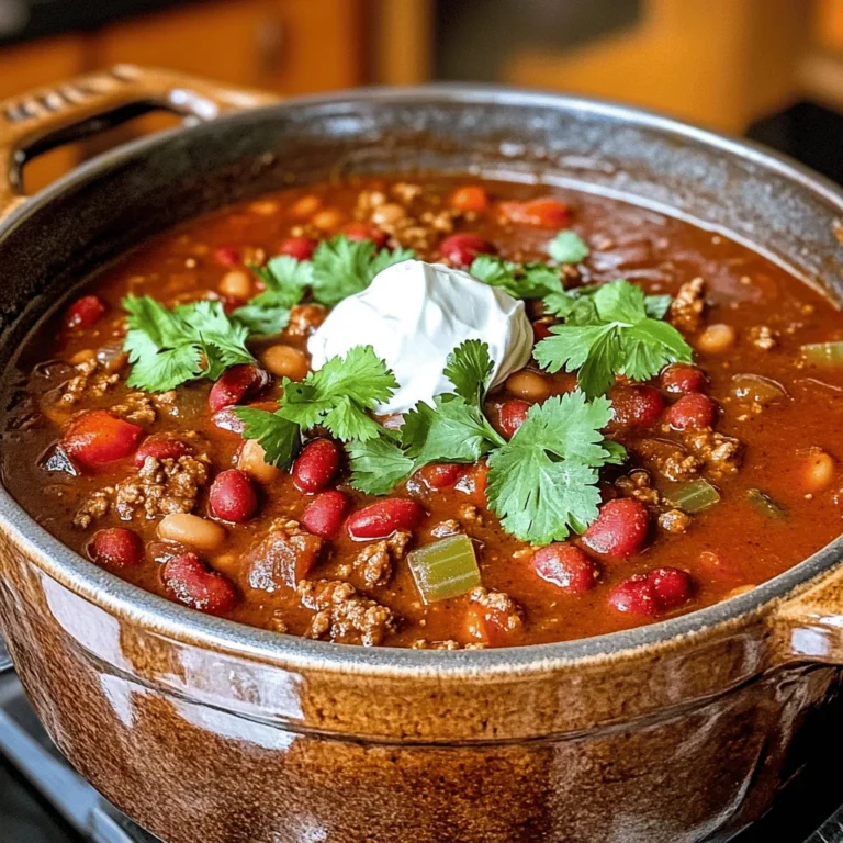 To make a simple and hearty beef chili, gather these ingredients: - 1 lb ground beef - 1 medium onion, diced - 2 cloves garlic, minced - 1 bell pepper (any color), diced - 2 cans (15 oz each) kidney beans, drained and rinsed - 1 can (28 oz) crushed tomatoes - 2 tablespoons chili powder - 1 teaspoon cumin - 1 teaspoon smoked paprika - 1/2 teaspoon dried oregano - 1 teaspoon salt - 1/2 teaspoon black pepper - 1 cup beef broth - 1 tablespoon olive oil - Fresh cilantro, for garnish - Sour cream (optional, for serving) - Shredded cheese (optional, for serving) These ingredients come together to create a rich and flavorful dish. Each item plays a role in building layers of taste. For instance, the ground beef provides a solid base. The beans add texture and heartiness. The spices bring warmth and depth. Using fresh vegetables like onion, garlic, and bell pepper makes the chili bright and inviting. The crushed tomatoes form a thick and tasty sauce, while the beef broth infuses moisture and flavor. You can customize this dish by adding garnishes like cilantro, sour cream, or cheese. These add creaminess and freshness. This easy beef chili recipe is perfect for gatherings or a cozy night in. You can find the full recipe [here](#). Heat 1 tablespoon of olive oil in a large pot over medium heat. Once the oil is hot, add 1 diced onion and 1 diced bell pepper. Sauté them for about 5 minutes. You want the onion and pepper to be soft and slightly see-through. Now, add 2 minced garlic cloves to the pot. Stir it for 1 minute until the garlic smells great and turns a light golden color. This step adds a nice depth of flavor. Next, raise the heat to medium-high and add 1 pound of ground beef. Use a wooden spoon to break it apart. Cook until the beef is brown, which should take about 7 to 10 minutes. If there is a lot of grease, drain it off. Turn the heat down to medium. It's time to add the spices! Stir in 2 tablespoons of chili powder, 1 teaspoon of cumin, 1 teaspoon of smoked paprika, ½ teaspoon of dried oregano, 1 teaspoon of salt, and ½ teaspoon of black pepper. Cook for another 2 minutes. This helps the spices mix well and create a rich flavor. Pour in 1 can of crushed tomatoes, 2 cans of kidney beans (drained and rinsed), and 1 cup of beef broth. Stir everything to combine well. Bring the chili to a simmer, then lower the heat to low. Cover the pot and let it cook for at least 30 minutes. For even more flavor, let it simmer for up to an hour. Stir occasionally for the best results. Now, you can check out the Full Recipe for more details! To make your chili just right, adjust the seasonings to match your taste. Start with the basic spices in the recipe. You can always add more, but it’s hard to take away. If you want extra heat, add crushed red pepper or diced jalapeños. A little goes a long way, so start small. You can always taste and add more. For a richer flavor, try using smoked paprika instead of regular paprika. It gives a nice depth to the dish. You can also add a splash of vinegar for a tangy kick. This brightens up the chili and balances the richness of the beef. When cooking chili, I recommend using a heavy pot. A Dutch oven works great for even heating. It helps all the flavors mix well. Avoid using thin, non-stick pots. They can cause hot spots and burn your chili. Common mistakes include not browning the beef enough. Take your time when cooking the beef until it’s nicely browned. This step adds a lot of flavor. Also, don’t rush the simmering time. Letting the chili simmer allows all the flavors to blend. The longer it cooks, the better it tastes. For the best results, always taste your chili before serving. Adjust the salt and spices if needed. This final check ensures your chili is perfect. Follow these tips, and you’ll serve a chili that everyone loves. For the full recipe, check out the details above. {{image_4}} You can use other meats in this chili. Ground turkey is a lean choice. It tastes great and lowers fat. You can also try plant-based meats. These options work well for flavor and texture. They can make a hearty meal too. Substitute the beef with the same amount of turkey or plant-based meat. Keep the cooking steps the same for a tasty dish. Want a meat-free chili? It’s easy! Replace the ground beef with more beans. You can use black beans, pinto beans, or chickpeas. Add extra veggies like carrots or zucchini for depth. Instead of beef broth, use vegetable broth. This will keep it full of flavor. You won't miss the beef at all with these swaps! Want to kick up the flavor? Add corn for sweetness and crunch. Diced jalapeños can bring heat; adjust to your taste. You might also try different beans, like cannellini or navy beans. Each bean adds unique texture and taste. Toss in some bell peppers for color and flavor. Customize your chili with these easy additions! For the full recipe, check out the Hearty Kickin' Beef Chili. To keep your beef chili fresh, store it in an airtight container. Let it cool first. Place it in the fridge if you plan to eat it in a few days. Chili stays good for about 3 to 4 days in the fridge. If you want to keep it longer, freeze it. Use freezer-safe containers or bags to prevent freezer burn. Label your containers with dates to track freshness. Chili can last up to 3 months in the freezer. When ready to eat, reheating chili is easy. You can use the stovetop or microwave. For stovetop, place the chili in a pot over low heat. Stir it often to avoid sticking. Heat until it’s hot all the way through. If using a microwave, put the chili in a microwave-safe bowl. Cover it loosely and heat in short bursts. Stir between each burst to ensure even heating. This keeps the flavor and texture just right. To add heat, you can use several options. Try adding chopped fresh jalapeños or serrano peppers. You can also mix in some red pepper flakes or cayenne pepper. For a smoky flavor, consider chipotle peppers in adobo sauce. These ingredients boost the heat without overpowering the chili's taste. If you prefer, you can also serve hot sauce on the side. This way, each person can spice their bowl to their liking. Yes, you can easily make this chili in a slow cooker. First, brown the beef in a pan to add flavor. Then transfer it to the slow cooker with the other ingredients. Set it on low for 6-8 hours or high for 3-4 hours. This method allows the flavors to meld beautifully. Just make sure to adjust the liquid if needed, as slow cookers retain moisture well. Beef chili lasts about 3-4 days in the fridge. Store it in an airtight container to keep it fresh. Always check for signs of spoilage before eating. If you see any mold or if it smells off, it's best to throw it away. You can also freeze chili for up to 3 months for longer storage. Just thaw it in the fridge before reheating. Serve beef chili hot in bowls. A sprinkle of fresh cilantro adds color and freshness. You can offer sour cream and shredded cheese as toppings. Crushed tortilla chips or cornbread make great sides. For a fun twist, try serving chili over rice for a hearty meal. You can also pair it with a crisp salad for balance. Yes, this recipe is gluten-free. Most of the ingredients do not contain gluten. However, always check the labels on canned goods. Some brands might add gluten-containing additives. If you want to be extra cautious, use gluten-free broth and spices. This ensures that everyone can enjoy your hearty kickin' beef chili without worry. For the full recipe, click [Full Recipe]. This post gave you a clear recipe for a tasty beef chili. You learned about key ingredients, step-by-step cooking, and fun variations. Plus, I shared valuable storage tips to keep your chili fresh. Remember, cooking is fun, and you can always tweak flavors to your liking. Try swapping meats or adding spices to make it yours. Enjoy crafting your perfect bowl of chili!