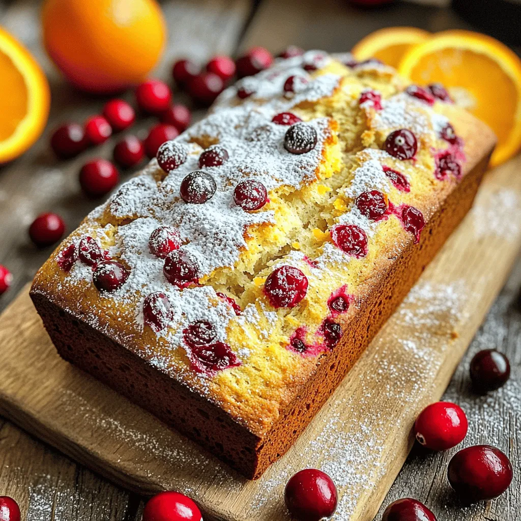 - 2 cups all-purpose flour - 1 teaspoon baking powder - 1/2 teaspoon baking soda - 1/4 teaspoon salt - 1/3 cup granulated sugar - 1/3 cup brown sugar, packed - Zest of 1 large orange - 1/2 cup unsalted butter, melted and slightly cooled - 2 large eggs - 1/2 cup fresh orange juice - 1 cup fresh cranberries, roughly chopped (or frozen cranberries) - 1/2 cup chopped walnuts or pecans (optional) - 1 teaspoon vanilla extract When making cranberry orange bread, the right ingredients are key. I always use fresh oranges for the best flavor. The zest adds a bright note that makes each bite sing. I also love using both granulated and brown sugar. This combo gives the bread a rich sweetness and a nice texture. Use fresh cranberries when you can. They add a tartness that balances the sweetness. If you can’t find them, frozen cranberries work too. Just chop them roughly before mixing in. Adding nuts is optional, but I think they give a nice crunch. Combine the wet and dry ingredients carefully. Overmixing can make your bread tough. You want it soft and moist. If you follow my tips, you will end up with a lovely loaf! For the full recipe, check the instructions above. - Preheat the oven to 350°F (175°C). - Grease or line a 9x5 inch loaf pan with parchment paper. This helps with easy removal. - In a large bowl, combine 2 cups of all-purpose flour, 1 teaspoon of baking powder, and 1/2 teaspoon of baking soda. - Add 1/4 teaspoon of salt, 1/3 cup of granulated sugar, and 1/3 cup of brown sugar. - Finally, mix in the zest of 1 large orange for a fresh burst of flavor. - In another bowl, mix 1/2 cup of melted butter, 2 large eggs, and 1/2 cup of fresh orange juice. - Add 1 teaspoon of vanilla extract. Whisk until smooth and well blended. - Gradually add the wet mixture to the dry ingredients. - Use a spatula to mix gently. Be careful to avoid overmixing; a few lumps are okay. - Fold in 1 cup of chopped cranberries. You can use fresh or frozen. - If you like, add 1/2 cup of chopped walnuts or pecans for extra crunch. - Pour the batter into the prepared loaf pan. Spread it evenly with a spatula. - Bake for 55-65 minutes. Check if it's done by inserting a toothpick. It should come out clean. - Let the bread cool in the pan for 10 minutes. Then transfer it to a wire rack to cool completely. Follow these steps for a delightful cranberry orange bread, perfect for any occasion! For the full recipe, check out the complete details above. To get the best texture for your cranberry orange bread, avoid overmixing. When you combine the wet and dry ingredients, stir gently. This keeps the bread moist and tender. A few lumps are okay. Overmixing can lead to a dense loaf. Use an oven thermometer to check the temperature. Ovens can vary in heat. A small difference can affect your bread. The right temp ensures even baking. If your bread bakes too fast, the outside may burn before the inside cooks. For the best taste, use freshly squeezed orange juice. The flavor is bright and fresh. Store-bought juice often lacks the same zing. Fresh juice makes your bread stand out. It adds a lovely citrus note that pairs well with the cranberries. For further details, check the Full Recipe. {{image_4}} If you need a nut-free option, simply omit the nuts. This bread still tastes great without them. You can enjoy the soft texture and bright flavors of cranberry and orange. The focus stays on the fruit, making each bite burst with flavor. Want a different texture? Substitute fresh cranberries with dried cranberries. Dried cranberries add a chewy sweetness. They also give your bread a lovely, colorful look. Just chop them a bit before mixing them in. This small change can create a new twist on the classic recipe. For a touch of sweetness, drizzle your bread with an orange glaze. Mix powdered sugar with a bit of orange juice to make the glaze. Pour it over the cooled bread for a shiny finish. This adds a nice contrast to the bread's tartness. It makes your loaf look even more appealing. Store your cranberry orange bread in an airtight container. It stays fresh for up to 3 days. Keep it in a cool, dry place. This helps maintain its tasty flavor and soft texture. If you want to save some for later, wrap the bread tightly in plastic wrap. Then, cover it with aluminum foil. This way, it keeps well in the freezer for up to 3 months. When you're ready to eat, just thaw it at room temperature. Sometimes, bread can get a bit stale. To fix this, reheat slices in the microwave for about 10 seconds. You can also use a toaster oven for a few minutes. This brings back the warmth and makes it soft again. Enjoy it fresh! Yes, you can substitute fresh cranberries with frozen ones without altering the recipe. Just toss them in flour before adding to the batter. This helps keep them from sinking. Replace eggs with flax eggs or applesauce. Use plant-based butter and milk. The bread will still taste great and be soft. This bread pairs well with butter, cream cheese, or a cup of tea. You can also enjoy it plain for a quick snack. A toothpick inserted into the center should come out clean or with a few moist crumbs attached. This shows that the bread is cooked through and ready to enjoy. This blog post covered how to make a delicious Cranberry Orange Bread from start to finish. We discussed essential ingredients, step-by-step instructions, and helpful baking tips. Remember to mix the batter gently for a moist texture. Try variations like a nut-free option or adding a glaze. Store leftovers in an airtight container or freeze for later. Baking this bread is easy and satisfying. With practice, you’ll master it and impress everyone with your tasty creation. Enjoy your baking journey!