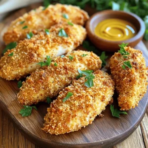 For my crispy baked chicken tenders, you need: - 1 lb chicken breast tenders - 1 cup whole wheat breadcrumbs - 1/2 cup grated Parmesan cheese - 1 teaspoon garlic powder - 1 teaspoon onion powder - 1 teaspoon smoked paprika - 1/2 teaspoon black pepper - 1/2 teaspoon salt - 2 large eggs - 2 tablespoons Dijon mustard - 1 tablespoon olive oil These ingredients make the tenders crispy and tasty. You can add extra flavor with these optional seasonings: - 1 teaspoon cayenne pepper for heat - 1 teaspoon dried oregano for a herby taste - 1 teaspoon Italian seasoning for more depth Feel free to mix and match to suit your taste! Each serving of these chicken tenders has: - Calories: 320 - Protein: 30g - Carbohydrates: 20g - Fat: 15g These chicken tenders are a healthy choice. For the full recipe, check out the cooking guide! To start, preheat your oven to 425°F (220°C). This high heat helps to create a crispy outer layer. Next, line a baking sheet with parchment paper. This step keeps the tenders from sticking and helps them cook evenly. In a big bowl, mix together one cup of whole wheat breadcrumbs, half a cup of grated Parmesan cheese, one teaspoon of garlic powder, one teaspoon of onion powder, one teaspoon of smoked paprika, half a teaspoon of black pepper, and half a teaspoon of salt. Set this aside. Now, crack two large eggs into another bowl. Whisk them with two tablespoons of Dijon mustard until smooth. This mixture will help the breadcrumbs stick to the chicken. Take each chicken tender and dip it into the egg mixture. Make sure it gets fully coated. Then, shake off the extra liquid and roll it in the breadcrumb mix. Press gently so the crumbs stick well. Place the coated chicken tenders on the baking sheet with space between them. To get that extra crispy texture, drizzle one tablespoon of olive oil over the top. Bake the tenders for 15 to 20 minutes. Flip them halfway to ensure even browning. They are ready when they are golden brown and reach an internal temperature of 165°F (74°C). To achieve the best crispiness, use whole wheat breadcrumbs. They provide a great texture. Don’t skip the olive oil drizzle; it helps the tenders brown nicely. Also, make sure the chicken tenders are not crowded on the baking sheet. Proper air flow is key for crispiness. If you want an even crunchier finish, try broiling the tenders for the last 2-3 minutes. Just watch them closely to prevent burning! Imagine your kitchen filled with rich aromas while those chicken tenders bake. Picture the golden-brown crust forming on each tender. As they cook, you’ll see the crispiness develop. When they are finished, let them rest for a few minutes. This time lets the juices settle in, making each bite juicy and tender. For a complete recipe, click on [Full Recipe]. When making crispy baked chicken tenders, avoid these common mistakes: - Not drying the chicken: Wet chicken will not crisp up well. Pat it dry with paper towels. - Skipping the egg wash: The egg mixture helps the breadcrumbs stick. Don't skip this step. - Overcrowding the baking sheet: Space out the tenders to allow hot air to circulate. This helps them cook evenly. - Not flipping the tenders: Flip them halfway through baking for an even golden color. To ensure your chicken is perfectly cooked: - Use a meat thermometer: Check the internal temperature. It should reach 165°F (74°C). - Choose even-sized tenders: This helps them cook at the same rate. - Avoid opening the oven too often: Each time you open the door, the heat escapes. Keep it closed for even cooking. Dipping sauces can elevate your chicken tenders. Here are a few favorites: - Honey mustard: A sweet and tangy option. - Ranch dressing: Creamy and herby, it pairs well with chicken. - Buffalo sauce: For those who like heat, this spicy option is perfect. - Barbecue sauce: A classic choice that adds a smoky flavor. For a full recipe, check the [Full Recipe] section and enjoy the process of making these tasty chicken tenders! {{image_4}} If you like heat, try adding spices. You can mix cayenne pepper or chili powder into the breadcrumb mix. This adds a kick to the crispy coating. You can also use hot sauce in the egg mixture. Just a few drops can spice things up nicely. For a gluten-free version, swap whole wheat breadcrumbs for gluten-free ones. You can use crushed cornflakes or almond flour. Both options give a tasty crunch. Ensure all other ingredients are gluten-free, too. This way, everyone can enjoy these tenders. Experiment with different coatings to keep things exciting. Try using crushed potato chips or panko breadcrumbs for a lighter texture. You can also mix herbs like Italian seasoning or dried basil into the coating. Each change can give a new flavor twist. For the full recipe, check out the details above. After enjoying your crispy baked chicken tenders, you may have some left. To store them, let the tenders cool down first. Place them in an airtight container. This keeps them fresh and safe. You can keep them in the fridge for up to three days. If you want to enjoy them later, consider freezing them. Reheating chicken tenders can be tricky. You want them crispy, not soggy. To do this, heat your oven to 375°F (190°C). Place the tenders on a baking sheet lined with parchment paper. Bake for about 10-15 minutes. Flip them halfway through for even crispiness. You can also use an air fryer for a quick and crunchy option. Freezing is a great way to keep your chicken tenders for longer. First, let them cool completely. Next, place them in a single layer on a baking sheet and freeze for 1-2 hours. Once frozen, transfer them to a freezer-safe bag or container. They can last up to three months in the freezer. When you're ready to eat, just reheat as mentioned above. Enjoy your delicious meal anytime! Crispy baked chicken tenders take about 15 to 20 minutes to bake. I recommend setting your oven to 425°F (220°C) for the best results. Thin tenders cook faster, while thicker ones may need a bit more time. Always check for a golden brown color and ensure the internal temperature reaches 165°F (74°C). This way, you know they are both safe and tasty. Yes, you can use frozen chicken tenders! Just remember to thaw them first. It’s best to let them sit in the fridge overnight. If you're in a hurry, you can use the microwave. Once thawed, follow the same steps as if you were using fresh tenders. Adjust your baking time if needed, as they may require a few extra minutes to cook through. Crispy baked chicken tenders pair well with many sides. Here are some ideas: - Fresh salad with mixed greens - Steamed broccoli or green beans - Sweet potato fries - Classic coleslaw - Macaroni and cheese - Dipping sauces like honey mustard or ranch These sides make your meal balanced and more fun. For a complete recipe, check the [Full Recipe]. In this blog post, we explored the essential ingredients for chicken tenders and how to cook them perfectly. We covered tips to ensure a crispy finish and shared common mistakes to avoid. We also looked at tasty variations, storage info, and answered FAQs. Perfect chicken tenders are within your reach. With a few tricks, you can impress anyone. Enjoy your cooking and the delicious results!