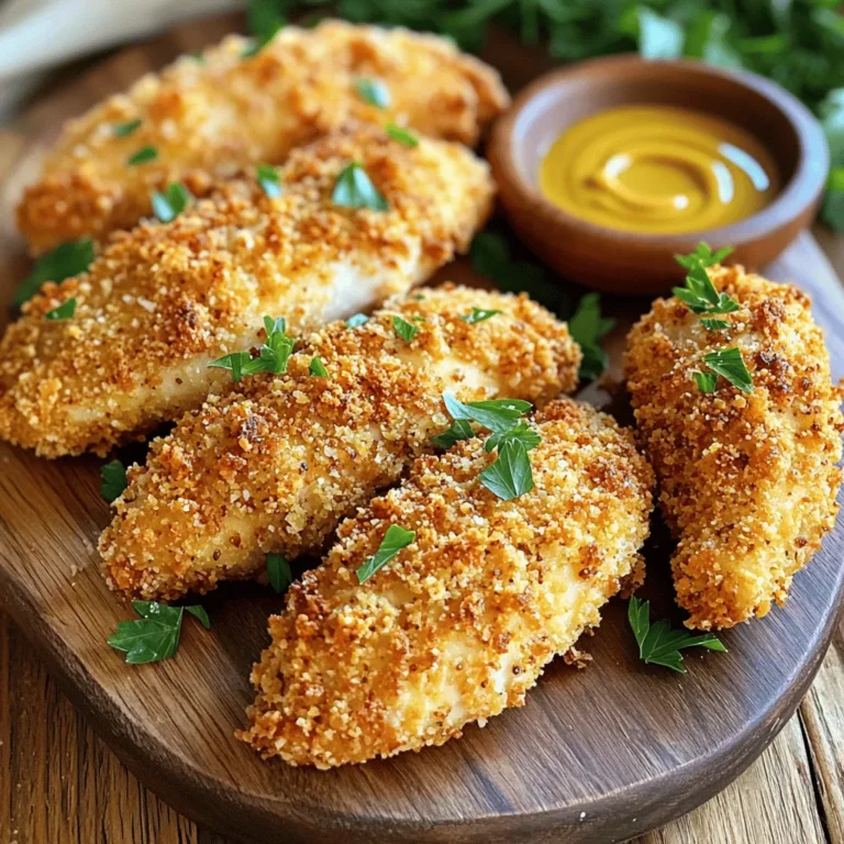 For my crispy baked chicken tenders, you need: - 1 lb chicken breast tenders - 1 cup whole wheat breadcrumbs - 1/2 cup grated Parmesan cheese - 1 teaspoon garlic powder - 1 teaspoon onion powder - 1 teaspoon smoked paprika - 1/2 teaspoon black pepper - 1/2 teaspoon salt - 2 large eggs - 2 tablespoons Dijon mustard - 1 tablespoon olive oil These ingredients make the tenders crispy and tasty. You can add extra flavor with these optional seasonings: - 1 teaspoon cayenne pepper for heat - 1 teaspoon dried oregano for a herby taste - 1 teaspoon Italian seasoning for more depth Feel free to mix and match to suit your taste! Each serving of these chicken tenders has: - Calories: 320 - Protein: 30g - Carbohydrates: 20g - Fat: 15g These chicken tenders are a healthy choice. For the full recipe, check out the cooking guide! To start, preheat your oven to 425°F (220°C). This high heat helps to create a crispy outer layer. Next, line a baking sheet with parchment paper. This step keeps the tenders from sticking and helps them cook evenly. In a big bowl, mix together one cup of whole wheat breadcrumbs, half a cup of grated Parmesan cheese, one teaspoon of garlic powder, one teaspoon of onion powder, one teaspoon of smoked paprika, half a teaspoon of black pepper, and half a teaspoon of salt. Set this aside. Now, crack two large eggs into another bowl. Whisk them with two tablespoons of Dijon mustard until smooth. This mixture will help the breadcrumbs stick to the chicken. Take each chicken tender and dip it into the egg mixture. Make sure it gets fully coated. Then, shake off the extra liquid and roll it in the breadcrumb mix. Press gently so the crumbs stick well. Place the coated chicken tenders on the baking sheet with space between them. To get that extra crispy texture, drizzle one tablespoon of olive oil over the top. Bake the tenders for 15 to 20 minutes. Flip them halfway to ensure even browning. They are ready when they are golden brown and reach an internal temperature of 165°F (74°C). To achieve the best crispiness, use whole wheat breadcrumbs. They provide a great texture. Don’t skip the olive oil drizzle; it helps the tenders brown nicely. Also, make sure the chicken tenders are not crowded on the baking sheet. Proper air flow is key for crispiness. If you want an even crunchier finish, try broiling the tenders for the last 2-3 minutes. Just watch them closely to prevent burning! Imagine your kitchen filled with rich aromas while those chicken tenders bake. Picture the golden-brown crust forming on each tender. As they cook, you’ll see the crispiness develop. When they are finished, let them rest for a few minutes. This time lets the juices settle in, making each bite juicy and tender. For a complete recipe, click on [Full Recipe]. When making crispy baked chicken tenders, avoid these common mistakes: - Not drying the chicken: Wet chicken will not crisp up well. Pat it dry with paper towels. - Skipping the egg wash: The egg mixture helps the breadcrumbs stick. Don't skip this step. - Overcrowding the baking sheet: Space out the tenders to allow hot air to circulate. This helps them cook evenly. - Not flipping the tenders: Flip them halfway through baking for an even golden color. To ensure your chicken is perfectly cooked: - Use a meat thermometer: Check the internal temperature. It should reach 165°F (74°C). - Choose even-sized tenders: This helps them cook at the same rate. - Avoid opening the oven too often: Each time you open the door, the heat escapes. Keep it closed for even cooking. Dipping sauces can elevate your chicken tenders. Here are a few favorites: - Honey mustard: A sweet and tangy option. - Ranch dressing: Creamy and herby, it pairs well with chicken. - Buffalo sauce: For those who like heat, this spicy option is perfect. - Barbecue sauce: A classic choice that adds a smoky flavor. For a full recipe, check the [Full Recipe] section and enjoy the process of making these tasty chicken tenders! {{image_4}} If you like heat, try adding spices. You can mix cayenne pepper or chili powder into the breadcrumb mix. This adds a kick to the crispy coating. You can also use hot sauce in the egg mixture. Just a few drops can spice things up nicely. For a gluten-free version, swap whole wheat breadcrumbs for gluten-free ones. You can use crushed cornflakes or almond flour. Both options give a tasty crunch. Ensure all other ingredients are gluten-free, too. This way, everyone can enjoy these tenders. Experiment with different coatings to keep things exciting. Try using crushed potato chips or panko breadcrumbs for a lighter texture. You can also mix herbs like Italian seasoning or dried basil into the coating. Each change can give a new flavor twist. For the full recipe, check out the details above. After enjoying your crispy baked chicken tenders, you may have some left. To store them, let the tenders cool down first. Place them in an airtight container. This keeps them fresh and safe. You can keep them in the fridge for up to three days. If you want to enjoy them later, consider freezing them. Reheating chicken tenders can be tricky. You want them crispy, not soggy. To do this, heat your oven to 375°F (190°C). Place the tenders on a baking sheet lined with parchment paper. Bake for about 10-15 minutes. Flip them halfway through for even crispiness. You can also use an air fryer for a quick and crunchy option. Freezing is a great way to keep your chicken tenders for longer. First, let them cool completely. Next, place them in a single layer on a baking sheet and freeze for 1-2 hours. Once frozen, transfer them to a freezer-safe bag or container. They can last up to three months in the freezer. When you're ready to eat, just reheat as mentioned above. Enjoy your delicious meal anytime! Crispy baked chicken tenders take about 15 to 20 minutes to bake. I recommend setting your oven to 425°F (220°C) for the best results. Thin tenders cook faster, while thicker ones may need a bit more time. Always check for a golden brown color and ensure the internal temperature reaches 165°F (74°C). This way, you know they are both safe and tasty. Yes, you can use frozen chicken tenders! Just remember to thaw them first. It’s best to let them sit in the fridge overnight. If you're in a hurry, you can use the microwave. Once thawed, follow the same steps as if you were using fresh tenders. Adjust your baking time if needed, as they may require a few extra minutes to cook through. Crispy baked chicken tenders pair well with many sides. Here are some ideas: - Fresh salad with mixed greens - Steamed broccoli or green beans - Sweet potato fries - Classic coleslaw - Macaroni and cheese - Dipping sauces like honey mustard or ranch These sides make your meal balanced and more fun. For a complete recipe, check the [Full Recipe]. In this blog post, we explored the essential ingredients for chicken tenders and how to cook them perfectly. We covered tips to ensure a crispy finish and shared common mistakes to avoid. We also looked at tasty variations, storage info, and answered FAQs. Perfect chicken tenders are within your reach. With a few tricks, you can impress anyone. Enjoy your cooking and the delicious results!
