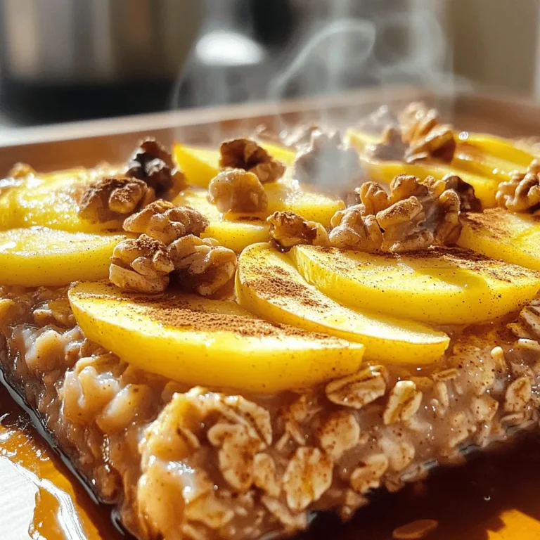 - 2 cups rolled oats - 3 cups almond milk (or regular milk) - 2 ripe apples, peeled, cored, and diced - 1/2 cup packed brown sugar - 1/4 cup pure maple syrup - 1 teaspoon vanilla extract - 1 tablespoon ground cinnamon - 1 teaspoon baking powder - 1/4 teaspoon salt - 1/2 cup chopped walnuts - 1/2 cup raisins or dried cranberries - Extra apple slices - Chopped walnuts Gathering the right ingredients is key to a great Apple Cinnamon Oatmeal Bake. Start with rolled oats. They give the dish its hearty base. I love using almond milk, but regular milk works too. Apples add sweetness and a nice texture. Choose ripe apples for the best flavor. Brown sugar and maple syrup make it sweet and rich. Vanilla extract adds warmth. Ground cinnamon brings that classic apple pie taste. Baking powder helps the dish rise. A pinch of salt balances everything out. If you want more texture, add walnuts. They give a nice crunch. Raisins or dried cranberries add a touch of extra sweetness. For toppings, I suggest extra apple slices and walnuts. They make the dish look great and taste even better. You can find the full recipe for cooking this delightful dish in the provided link. - Preheat the oven to 350°F (175°C). - Grease a 9x13 inch baking dish. This helps the oatmeal bake come out easily. - In a large mixing bowl, combine rolled oats, almond milk, diced apples, brown sugar, maple syrup, vanilla extract, ground cinnamon, baking powder, and salt. - Whisk until well combined. Make sure all ingredients mix well for perfect flavor. - If you want, fold in walnuts and raisins or cranberries. These add extra crunch and sweetness. - Pour the mixture into the prepared baking dish. - Spread it evenly with a spatula. This ensures uniform baking. - Add extra apple slices and walnuts on top before baking. - Bake for 35-40 minutes. The top should be golden brown and a toothpick should come out clean. - Let it cool for 10 minutes after baking. This helps it set. - Slice into squares and serve warm. A warm slice is the best way to enjoy this dish. To make your oatmeal bake just right, you can adjust the sweetness. If you like it sweeter, add more brown sugar or maple syrup. For a creamy texture, use warm almond milk. Warm milk helps the oats absorb liquid better. When serving, think of fun toppings. A dollop of yogurt adds creaminess. Drizzling maple syrup brings out the sweet flavors. You can also sprinkle extra cinnamon on top. For drinks, pair your bake with coffee, tea, or milk. These drinks enhance the cozy feel. If you want a vegan option, use plant-based milk. Almond milk works great and keeps the dish tasty. For gluten-free eaters, choose gluten-free oats. This way, everyone can enjoy the bake without worries. {{image_4}} You can change the flavor of your Apple Cinnamon Oatmeal Bake easily. Try adding spices like nutmeg or ginger for a warm touch. You can also mix in other fruits. Bananas or pears work really well. Each fruit brings its own taste, making the dish unique. If you want a chewier texture, consider using steel-cut oats. They give a nice bite and are very filling. You can also add nuts and seeds. Walnuts, almonds, or pumpkin seeds add crunch and protein, making your bake even better. Looking for healthier options? Replace sugar with honey or agave syrup. These natural sweeteners can offer a lighter taste. Unsweetened applesauce is another great swap for sugar. It adds moisture without the extra calories, keeping your dish wholesome. To keep your Apple Cinnamon Oatmeal Bake fresh, let it cool first. Then, slice it into squares. Place the squares in an airtight container. Store them in the fridge for up to five days. This helps maintain the flavor and texture. If you want to save some for later, freezing works well. Wrap each square in plastic wrap. Then, place them in a freezer bag. Make sure to remove as much air as possible. When you’re ready to eat, thaw it in the fridge overnight. This keeps the oatmeal from getting too soggy. To reheat your oatmeal bake, use the oven or microwave. If using the oven, set it to 350°F (175°C). Heat for about 10 minutes or until warm. If using a microwave, heat for 1-2 minutes. Add a splash of almond milk to keep it moist. Enjoy your comforting treat! Yes, you can make this dish ahead of time. Prepare the oatmeal bake the night before. Once you mix the ingredients, pour them into the baking dish. Cover it with plastic wrap and place it in the fridge. Bake it in the morning for a warm breakfast. This oatmeal bake lasts about five days in the fridge. Store it in an airtight container. For longer storage, you can freeze it. It stays fresh for up to three months in the freezer. You can use quick oats, but the texture will change. Quick oats cook faster, making the bake softer. Rolled oats give a chewier texture and hold their shape better. If you choose quick oats, reduce the baking time by a few minutes. Reheat the leftovers in the microwave or oven. Add a splash of almond milk to keep it moist. You can also top it with more cinnamon, maple syrup, or yogurt. This enhances the flavor and makes it taste fresh. Yes, you can customize this recipe easily. Use gluten-free oats for a gluten-free option. Swap almond milk with any plant-based milk for a vegan version. You can also replace brown sugar with coconut sugar or maple syrup for a healthier choice. You can check the full recipe for detailed instructions and serving suggestions. This will help you create the perfect Apple Cinnamon Oatmeal Bake. Enjoy the cooking process and happy baking! This blog post shared a simple and tasty Apple Cinnamon Oatmeal Bake. You learned about key ingredients, step-by-step instructions, and storage tips. I hope you feel inspired to try this warm dish. It’s perfect for breakfast or any snack. Don't be afraid to customize it with your favorite fruits or nuts. Enjoy it warm or cold, and make it your own. You can create healthy meals that fit your taste. Dive into the joy of baking!