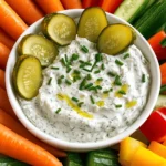 - 1 cup sour cream - 1/2 cup cream cheese, softened - 1/4 cup dill pickles, finely diced The main ingredients create a creamy base for your dip. Sour cream adds tanginess. Cream cheese gives it a rich texture. The dill pickles bring a crisp, briny flavor that brightens the whole dish. - 2 tablespoons pickle juice - 1 tablespoon ranch seasoning mix - 1 tablespoon fresh chives, finely chopped These seasonings enhance the dip’s taste. Pickle juice adds more tang and a hint of salt. Ranch seasoning mix brings that classic flavor we love. Fresh chives add a nice touch of onion flavor and color. - Baby carrots - Bell pepper strips - Cucumber slices These veggies make great dippers! Baby carrots provide sweetness and crunch. Bell pepper strips add a pop of color and sweetness. Cucumber slices are cool and refreshing, balancing the creamy dip well. For the full recipe, check out the Crisp Dill Pickle Ranch Veggie Dip. Start by gathering your ingredients. In a large mixing bowl, combine 1 cup of sour cream and 1/2 cup of softened cream cheese. Use a hand mixer on medium speed. Blend until the mixture is smooth and creamy. You want it to be free of lumps. This step forms the rich base for your dip. Next, add 1/4 cup of finely diced dill pickles and 2 tablespoons of pickle juice to the bowl. Stir gently to mix them into the creamy base. Now, sprinkle in 1 tablespoon of ranch seasoning mix, 1 tablespoon of finely chopped fresh chives, 1/2 teaspoon of garlic powder, and 1/4 teaspoon of freshly cracked black pepper. Mix everything until you see a uniform blend of flavors. Take a moment to taste the dip. This is your chance to adjust the flavors. If you want more garlic, add a bit more garlic powder. Make sure it’s just right for your taste buds. Once you’re happy with the flavor, cover the bowl with plastic wrap or a lid. Chill it in the fridge for at least 30 minutes. This wait allows the flavors to come together. Serve your dip with a colorful array of fresh vegetables. For the full recipe, check the details above. Enjoy! To get the best texture in your Pickle Ranch Veggie Dip, use room temperature ingredients. This helps the cream cheese and sour cream blend smoothly. If they are cold, you will end up with lumps. When mixing, use a hand mixer on medium speed. This technique whips air into the dip, making it creamy and light. You can change up the flavors by swapping ingredients. Try using Greek yogurt instead of sour cream for a tangy twist. If you want a bit of heat, add some diced jalapeños. Adjust the seasoning to match your taste buds. If you want more dill flavor, add extra pickles or dill weed. Always taste your dip before serving. This way, you can tweak it to your liking. A great dip needs a great look. Transfer your dip to a bright serving bowl. Garnish it with chopped chives and a few pickle slices. This adds color and makes it more appealing. Serve your dip with a platter of fresh veggies. Baby carrots, bell pepper strips, and cucumber slices are perfect. They make it fun and colorful for parties. For the full recipe, check the details above. {{image_4}} You can change the cream cheese in this dip. Use Greek yogurt for a tangy twist. It adds a nice creaminess too. If you want a vegan option, try cashew cream. Blend soaked cashews with a little water for a smooth base. This keeps the flavor while making it dairy-free. Want a spicy kick? Add diced jalapeños to the mix. They bring heat and flavor to the dip. For a sweeter taste, use flavored cream cheeses like chive or garlic. This adds a unique touch and pairs well with veggies. You can use this dip in fun ways. Spread it on sandwiches for added flavor. It works great with turkey or veggie sandwiches. You can also top baked potatoes with it. Just scoop some on top for a creamy finish. It’s a tasty way to enjoy your meal. Pickle Ranch Veggie Dip stays fresh for about five days in the fridge. Keep it in an airtight container to keep it safe from other odors. If you have leftovers, make sure to store them right after serving. This helps keep the dip fresh and tasty for your next snack or meal. You can freeze the dip if you want to enjoy it later. Just place it in a freezer-safe container and seal it well. It can last up to three months in the freezer. When you're ready to use it, move the container to the fridge for about 24 hours to thaw. After thawing, stir it well before serving to mix in any separated ingredients. To check if your dip is still good, look for a few signs. If you see any mold, it’s time to toss it. Also, pay attention to the smell. If it smells off or sour, don’t take a chance. Lastly, if the texture seems very watery or chunky, that’s a sign it’s not fresh anymore. Always trust your senses when it comes to food safety. Yes, you can make this dip ahead of time. I recommend preparing it a day before your event. This gives the flavors extra time to blend. Just store it in the fridge in a sealed container. It will stay fresh and tasty. Yes, Pickle Ranch Veggie Dip can be gluten-free. Always check your ranch seasoning and pickle jar. Some brands might add gluten. Most sour creams and cream cheeses are gluten-free. So, you should be all set with good brands. You can find pre-made versions of Pickle Ranch Veggie Dip in stores. Look for them in the deli or dairy section. Brands like Hidden Valley and Kraft often make tasty dips. You may also find them at local grocery shops or online. Yes, you can make this dip dairy-free! Use dairy-free cream cheese and yogurt. Make sure to check the labels for any hidden dairy. You can also add a bit of nutritional yeast for a cheesy flavor. These swaps help keep the dip creamy and delicious. You can create a tasty Pickle Ranch Veggie Dip with simple ingredients. Mixing sour cream and cream cheese gives a smooth base. Add dill pickles, ranch seasoning, and chives for flavor. Use fresh veggies like carrots and bell peppers for dipping. Remember, you can swap ingredients for different tastes or make it dairy-free. Store leftovers in the fridge or freezer for later. Enjoy this dip at parties or as a tasty snack. With these tips, you’ll impress anyone with your dip skills!