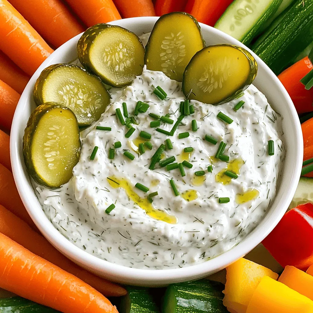 - 1 cup sour cream - 1/2 cup cream cheese, softened - 1/4 cup dill pickles, finely diced The main ingredients create a creamy base for your dip. Sour cream adds tanginess. Cream cheese gives it a rich texture. The dill pickles bring a crisp, briny flavor that brightens the whole dish. - 2 tablespoons pickle juice - 1 tablespoon ranch seasoning mix - 1 tablespoon fresh chives, finely chopped These seasonings enhance the dip’s taste. Pickle juice adds more tang and a hint of salt. Ranch seasoning mix brings that classic flavor we love. Fresh chives add a nice touch of onion flavor and color. - Baby carrots - Bell pepper strips - Cucumber slices These veggies make great dippers! Baby carrots provide sweetness and crunch. Bell pepper strips add a pop of color and sweetness. Cucumber slices are cool and refreshing, balancing the creamy dip well. For the full recipe, check out the Crisp Dill Pickle Ranch Veggie Dip. Start by gathering your ingredients. In a large mixing bowl, combine 1 cup of sour cream and 1/2 cup of softened cream cheese. Use a hand mixer on medium speed. Blend until the mixture is smooth and creamy. You want it to be free of lumps. This step forms the rich base for your dip. Next, add 1/4 cup of finely diced dill pickles and 2 tablespoons of pickle juice to the bowl. Stir gently to mix them into the creamy base. Now, sprinkle in 1 tablespoon of ranch seasoning mix, 1 tablespoon of finely chopped fresh chives, 1/2 teaspoon of garlic powder, and 1/4 teaspoon of freshly cracked black pepper. Mix everything until you see a uniform blend of flavors. Take a moment to taste the dip. This is your chance to adjust the flavors. If you want more garlic, add a bit more garlic powder. Make sure it’s just right for your taste buds. Once you’re happy with the flavor, cover the bowl with plastic wrap or a lid. Chill it in the fridge for at least 30 minutes. This wait allows the flavors to come together. Serve your dip with a colorful array of fresh vegetables. For the full recipe, check the details above. Enjoy! To get the best texture in your Pickle Ranch Veggie Dip, use room temperature ingredients. This helps the cream cheese and sour cream blend smoothly. If they are cold, you will end up with lumps. When mixing, use a hand mixer on medium speed. This technique whips air into the dip, making it creamy and light. You can change up the flavors by swapping ingredients. Try using Greek yogurt instead of sour cream for a tangy twist. If you want a bit of heat, add some diced jalapeños. Adjust the seasoning to match your taste buds. If you want more dill flavor, add extra pickles or dill weed. Always taste your dip before serving. This way, you can tweak it to your liking. A great dip needs a great look. Transfer your dip to a bright serving bowl. Garnish it with chopped chives and a few pickle slices. This adds color and makes it more appealing. Serve your dip with a platter of fresh veggies. Baby carrots, bell pepper strips, and cucumber slices are perfect. They make it fun and colorful for parties. For the full recipe, check the details above. {{image_4}} You can change the cream cheese in this dip. Use Greek yogurt for a tangy twist. It adds a nice creaminess too. If you want a vegan option, try cashew cream. Blend soaked cashews with a little water for a smooth base. This keeps the flavor while making it dairy-free. Want a spicy kick? Add diced jalapeños to the mix. They bring heat and flavor to the dip. For a sweeter taste, use flavored cream cheeses like chive or garlic. This adds a unique touch and pairs well with veggies. You can use this dip in fun ways. Spread it on sandwiches for added flavor. It works great with turkey or veggie sandwiches. You can also top baked potatoes with it. Just scoop some on top for a creamy finish. It’s a tasty way to enjoy your meal. Pickle Ranch Veggie Dip stays fresh for about five days in the fridge. Keep it in an airtight container to keep it safe from other odors. If you have leftovers, make sure to store them right after serving. This helps keep the dip fresh and tasty for your next snack or meal. You can freeze the dip if you want to enjoy it later. Just place it in a freezer-safe container and seal it well. It can last up to three months in the freezer. When you're ready to use it, move the container to the fridge for about 24 hours to thaw. After thawing, stir it well before serving to mix in any separated ingredients. To check if your dip is still good, look for a few signs. If you see any mold, it’s time to toss it. Also, pay attention to the smell. If it smells off or sour, don’t take a chance. Lastly, if the texture seems very watery or chunky, that’s a sign it’s not fresh anymore. Always trust your senses when it comes to food safety. Yes, you can make this dip ahead of time. I recommend preparing it a day before your event. This gives the flavors extra time to blend. Just store it in the fridge in a sealed container. It will stay fresh and tasty. Yes, Pickle Ranch Veggie Dip can be gluten-free. Always check your ranch seasoning and pickle jar. Some brands might add gluten. Most sour creams and cream cheeses are gluten-free. So, you should be all set with good brands. You can find pre-made versions of Pickle Ranch Veggie Dip in stores. Look for them in the deli or dairy section. Brands like Hidden Valley and Kraft often make tasty dips. You may also find them at local grocery shops or online. Yes, you can make this dip dairy-free! Use dairy-free cream cheese and yogurt. Make sure to check the labels for any hidden dairy. You can also add a bit of nutritional yeast for a cheesy flavor. These swaps help keep the dip creamy and delicious. You can create a tasty Pickle Ranch Veggie Dip with simple ingredients. Mixing sour cream and cream cheese gives a smooth base. Add dill pickles, ranch seasoning, and chives for flavor. Use fresh veggies like carrots and bell peppers for dipping. Remember, you can swap ingredients for different tastes or make it dairy-free. Store leftovers in the fridge or freezer for later. Enjoy this dip at parties or as a tasty snack. With these tips, you’ll impress anyone with your dip skills!