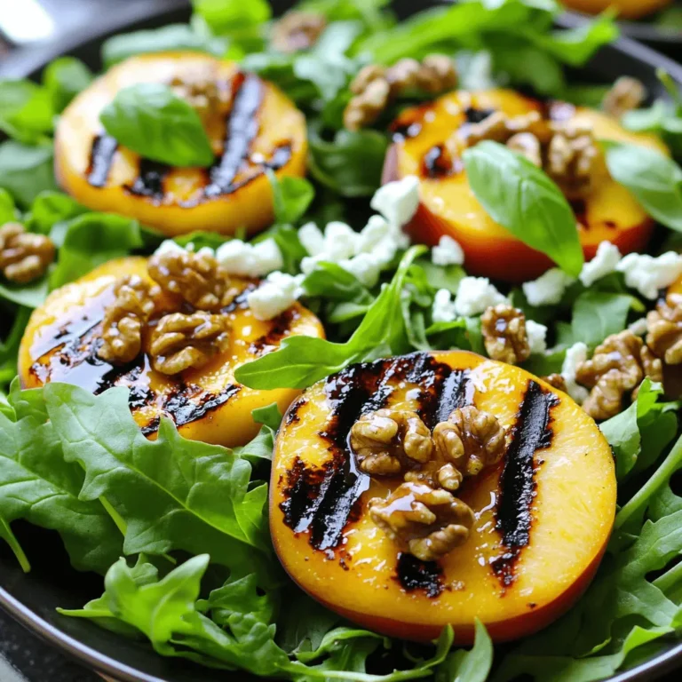 - 3 ripe peaches - 4 cups mixed salad greens - 1/2 cup feta cheese - 1/4 cup walnuts - Fresh basil leaves This salad shines with the sweetness of ripe peaches. Pick peaches that feel soft and smell sweet. They should have a slight give when you press them gently. The mixed salad greens add a nice crunch and variety. I love using arugula, spinach, and romaine for great texture. Feta cheese brings creamy richness. The walnuts add a crunchy bite and a nutty flavor. Fresh basil leaves will elevate the aroma and taste. - 2 tablespoons honey - 2 tablespoons balsamic vinegar - 3 tablespoons olive oil - Salt and pepper to taste The dressing is simple but full of flavor. Honey adds sweetness, while balsamic vinegar brings tang. Olive oil makes the dressing smooth. You can adjust salt and pepper to your liking. This mix ties the salad together beautifully. - Other nuts (e.g., pecans or almonds) - Additional fruit (e.g., berries or cherries) - Extra herbs (e.g., mint or parsley) Feel free to get creative! You can swap walnuts for pecans or almonds for a different crunch. Adding berries or cherries will give a burst of sweetness. Fresh herbs like mint or parsley can bring a nice twist to the flavor. Explore these options to make the salad your own. For the complete recipe, check out the [Full Recipe]. - Preheat the grill to medium-high heat. - Brush the cut sides of the peach halves with olive oil. To start, preheating the grill is key. This heat will give your peaches nice grill marks. Next, coat the cut sides with olive oil. This helps prevent sticking and adds flavor. - Grill peaches cut-side down for 3-4 minutes. - Flip and grill until soft, about 2-3 minutes more. Place the peaches cut-side down on the grill. You want to see those beautiful dark marks. After a few minutes, flip them. Grill until they become soft and juicy. The heat brings out their sweet flavor. - Whisk together honey and balsamic vinegar. - Add olive oil, salt, and pepper to taste. In a bowl, combine honey and balsamic vinegar. Whisk them until blended. Slowly drizzle in olive oil while whisking. This makes a smooth dressing. Finally, season with salt and pepper. Adjust to your liking. - Combine greens, walnuts, and feta cheese in a bowl. - Fold in the grilled peach wedges gently. - Drizzle with dressing and toss lightly. In a large bowl, mix the salad greens, walnuts, and feta cheese. Gently fold in the grilled peach wedges. Make sure not to break them apart. Drizzle the dressing over everything and toss lightly. Now, your Grilled Peach Salad is ready to enjoy! For the full recipe, check the details above. To make the best grilled peaches, start by picking ripe ones. Look for peaches that give slightly when pressed. They should feel smooth and smell sweet. Avoid hard or overly soft peaches as they won’t grill well. Next, for great grill marks, preheat your grill to medium-high heat. Brush the cut sides of the peaches with olive oil. This will help them not stick. Place the peaches cut-side down on the grill. Cook them for about 3-4 minutes. You want to see nice grill marks. Flip and grill for an extra 2-3 minutes. They should soften but hold their shape. You can change the dressing for your salad. Try different flavors like citrus, yogurt, or herbs. A lemon vinaigrette adds a nice zing. A creamy dressing can give a rich taste. Just remember to keep the balance of sweetness and acidity. If you want it sweeter, add more honey. For more tang, increase the balsamic vinegar. Taste your dressing as you mix. Adjust it until it’s just right for you. Grilled peach salad pairs well with proteins like chicken or shrimp. Grill the chicken to match the peaches for a great flavor mix. Shrimp adds a nice pop of taste, too. For gatherings, present the salad in a big bowl. Arrange the grilled peaches on top for a stunning look. Add fresh basil leaves for color and aroma. This makes the salad stand out at any table. For the full recipe, check out Grilled Peach Salad with Honey-Balsamic Dressing. {{image_4}} You can swap peaches for other tasty fruits. Try nectarines, plums, or apricots. These fruits also grill well and add great flavor. You can mix greens too. Arugula pairs nicely with grilled fruit. Spinach adds a soft touch. Romaine gives a nice crunch. Experiment with what is fresh! For gluten-free diets, this salad fits perfectly. All the ingredients are naturally gluten-free. For vegan options, skip the feta. You can use avocado or nuts for creaminess. Low-carb fans can try a simple dressing. Use olive oil, lemon juice, and herbs instead of honey and balsamic. Grilled Peach Salad works as both a side and a main dish. Serve it with grilled chicken or fish for a hearty meal. You can also turn it into a wrap. Use large lettuce leaves to hold the salad. This makes a fun and fresh sandwich filling too. Check out the Full Recipe for more ideas! To keep your grilled peach salad fresh, store it in an airtight container. Place the salad and dressing in separate containers. This way, the greens stay crisp. The salad lasts up to three days in the fridge. Be sure to eat it within this time for the best taste. Grilled peaches can be reheated easily. Place them on a plate and microwave for 20 to 30 seconds. Avoid overheating to keep them soft. Try not to reheat the entire salad. This helps keep the greens fresh and crunchy. You can freeze grilled peaches for later use. Slice the peaches and place them in a freezer bag. Remove as much air as possible before sealing. They can last for up to three months. However, avoid freezing the salad greens or dressing. They do not freeze well and can lose their texture. For the full recipe, check the details above. Look for peaches that are slightly soft when you press them. Their skin should have a vibrant color, ranging from golden yellow to blush pink. Avoid peaches with green spots or hard areas. Scent is also key; ripe peaches smell sweet and fragrant. These signs show they are ready for grilling. Choosing ripe peaches enhances the salad's flavor. Grilled peaches should be sweet, juicy, and a bit caramelized. This adds a lovely depth to your Grilled Peach Salad. Yes, you can prepare parts of this salad ahead. Grill the peaches and let them cool before storing. You can store them in the fridge for a few hours. Mix the salad greens and walnuts in a bowl and keep them separate. Make the dressing and store it in a jar. This way, you can easily assemble everything just before serving. Freshness remains key, so assemble the salad shortly before you eat. If feta is hard to find, try goat cheese or ricotta. Both add creaminess to the salad. For a dairy-free option, simply skip the cheese. You can also use nuts like almonds for extra crunch. These alternatives still keep the salad tasty and satisfying. The flavors of the grilled peaches and the dressing will shine through, no matter what cheese you choose. For the full recipe, check the details above. This blog post covered how to make a tasty grilled peach salad. You learned about essential ingredients, including ripe peaches, greens, and feta cheese. We also shared tips on grilling peaches and making a simple dressing. Don't forget the fun variations and storage tips! This salad is perfect for any meal, allowing you to mix and match based on your taste. Try this dish at your next gathering, and enjoy the fresh flavors.