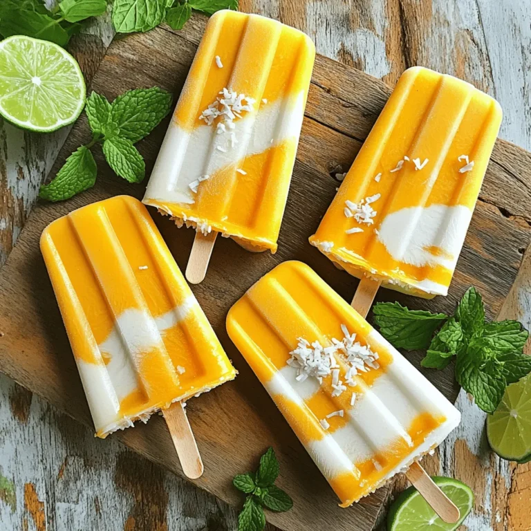 To make mango coconut popsicles, you need a few simple ingredients. Here’s what you will need: - 2 ripe mangoes, peeled and diced - 1 cup coconut milk - 1/4 cup honey or maple syrup - 1 tablespoon fresh lime juice - Pinch of salt These ingredients create a sweet and creamy base. The ripe mangoes give a rich flavor, while the coconut milk adds a nice creaminess. You can enhance your mango coconut popsicles with a few fun add-ins. Here are some ideas: - 1/2 cup shredded unsweetened coconut - Fresh mint leaves for garnish - Lime zest for extra flavor Adding shredded coconut gives a little texture. Mint leaves make a lovely garnish and add freshness. If you have dietary needs, you can easily swap some ingredients. Here are some substitutions: - Use agave syrup instead of honey for a vegan option. - Try almond milk or oat milk if you want a dairy-free version. - For a lower sugar option, use a sugar substitute like stevia. These swaps help you enjoy the popsicles while fitting your diet. You can find the full recipe to guide you through the steps. Enjoy making these refreshing treats! First, gather all your ingredients. You will need: - 2 ripe mangoes, peeled and diced - 1 cup coconut milk - 1/4 cup honey or maple syrup - 1 tablespoon fresh lime juice - Optional: 1/2 cup shredded unsweetened coconut - Pinch of salt Make sure your mangoes are ripe. Ripe mangoes give the best flavor. Dice them into small pieces so they blend well. Next, add the diced mangoes, coconut milk, honey (or maple syrup), lime juice, and salt into a blender. Blend on high until the mixture is smooth and creamy. You want it to be free of lumps. If you like texture, add the shredded coconut and pulse a few times. This gives your popsicles a nice bite. After blending, taste the mix. If you want it sweeter, add more honey or syrup and blend again. Now, carefully pour your mango-coconut mixture into popsicle molds. Make sure to leave a little space at the top of each mold. This space allows the popsicles to expand when freezing. Insert the popsicle sticks into the molds, making sure they are straight. Place the molds in the freezer. Let them freeze for 4 to 6 hours, or until solid. When you are ready to enjoy, run warm water over the outside of the molds for a few seconds. This helps release the popsicles. Gently pull them out, being careful not to break them. Enjoy your refreshing mango coconut popsicles! For the full recipe, check the recipe section. To make the best mango coconut popsicles, focus on the blend. Start with ripe mangoes for natural sweetness. Blend your ingredients until the mix is smooth. If you want a bit of crunch, add shredded coconut. Pulse it gently to keep some texture. This will give each bite a delightful surprise. Sometimes, you may have extra popsicle mix. Store it in an airtight container. Keep it in the fridge for up to three days. You can also freeze the leftover mix in ice cube trays. This way, you can use it later in smoothies or other treats. Serving your popsicles well makes them extra special. Use a colorful plate or a wooden board. This adds charm to your summer treat. You can garnish with fresh mint or lime slices. It enhances the look and adds a fresh scent. For a fun twist, serve them with a small bowl of coconut flakes for dipping. {{image_4}} You can mix it up with other fruits. Try adding pineapple or banana for a fun twist. These fruits pair well with mango and coconut. You can also use passion fruit for a zingy flavor. Simply blend your chosen fruit with the mango and coconut mixture. This way, you get a taste of the tropics in every bite. If you want a dairy-free option, use almond or oat milk instead of coconut milk. Both choices keep the popsicles creamy. You can even try cashew milk for a richer taste. This makes the recipe great for those with lactose issues. Just follow the same blending steps as the original recipe. Add a splash of vanilla extract for a warm flavor. A little bit of ginger can also spice things up. For a tropical feel, consider adding a few mint leaves to the blender. This will give your popsicles a refreshing kick. You can mix and match these flavors to find your perfect combo. To freeze your mango coconut popsicles, first, ensure they are in a clean mold. Leave a small space at the top of each mold. This space lets the popsicles expand as they freeze. Cover the molds with a lid or plastic wrap. This keeps ice crystals from forming. You can also place the molds in a zip-top bag for extra protection. Mango coconut popsicles can last up to two months in the freezer. After that, they still taste good, but the texture might change. For the best flavor, eat them within the first month. Store your popsicles at a steady temperature. Avoid opening the freezer too often. This helps keep them frozen solid. You can reuse popsicle molds many times. After using them, wash them in warm, soapy water. Rinse well to remove all soap. Make sure they dry completely before you use them again. You can mix it up by using different flavors next time, too! Each time you reuse molds, you can create new and exciting popsicle flavors. Yes, you can use frozen mangoes! They work well in this recipe. Just make sure they are thawed first. This helps blend them smoothly. The taste remains fruity and fresh, perfect for popsicles. To make sugar-free popsicles, use ripe mangoes. They are naturally sweet. Instead of honey or maple syrup, try using stevia or monk fruit sweetener. Adjust the amount to your taste. This way, you keep the flavor without added sugar. Many fruits pair nicely with mango and coconut! Consider mixing in pineapple for a tropical twist. Strawberries add a lovely color and taste. You can also try blueberries or kiwi for a fun blend. Experiment with your favorites to find new flavors! Mango coconut popsicles are fun and easy to make. We covered key ingredients, step-by-step directions, and helpful tips. You learned about substitutions for dietary needs and tasty variations. Storing your popsicles well ensures they stay fresh. Always feel free to explore new flavors and make these treats your own. With simple steps, you can enjoy refreshing popsicles year-round. Happy blending and freezing!