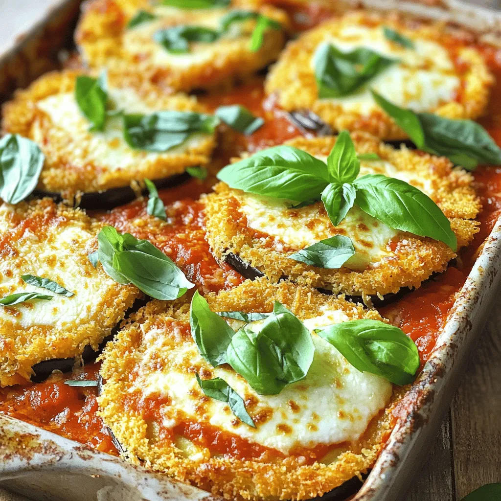 This Easy Eggplant Parmesan is a dish your family will love. You can make it with simple ingredients. The full recipe includes eggplant, cheese, and marinara sauce. Each layer adds flavor and texture. You prepare and bake it to golden perfection. Here’s what you need for this tasty dish: - 2 medium eggplants, sliced into 1/2 inch rounds - 1 teaspoon salt - 1 cup whole wheat breadcrumbs - 1/2 cup grated Parmesan cheese - 1 teaspoon dried oregano - 1 teaspoon garlic powder - 3 cups marinara sauce (store-bought or homemade) - 2 cups shredded mozzarella cheese - Fresh basil leaves for garnish - Olive oil spray These ingredients work together to create a great taste. If you can’t find an ingredient, here are some swaps: - Use gluten-free breadcrumbs for a gluten-free version. - Swap Parmesan with nutritional yeast for a vegan twist. - Try any marinara sauce you love. - For mozzarella, use dairy-free cheese. These options keep the dish flexible and fun! To start, slice your eggplants into 1/2 inch rounds. Use two medium eggplants for this dish. Next, sprinkle the slices with salt. This step helps to draw out moisture and bitterness. Let the eggplant rest for about 30 minutes. After that, rinse off the salt with water. Gently pat the slices dry with paper towels. This makes the eggplant ready for the next steps. Grab a medium mixing bowl. In it, mix one cup of whole wheat breadcrumbs, half a cup of grated Parmesan cheese, one teaspoon of dried oregano, and one teaspoon of garlic powder. Stir well to combine all the flavors. Now, prepare a baking sheet lined with parchment paper. Lightly spray it with olive oil to prevent sticking. Take each eggplant slice and dip it into the breadcrumb mix. Make sure both sides get a nice coat. Place the coated slices on the prepared baking sheet. Repeat until all slices are ready. Preheat your oven to 375°F (190°C). Spread a thin layer of marinara sauce on the bottom of a large baking dish. This keeps the eggplant from sticking. Layer half of the crispy eggplant slices over the sauce. Then, add another layer of marinara sauce and half of the shredded mozzarella cheese. Repeat this with the rest of the eggplant. Top it all off with more marinara sauce and the remaining mozzarella for extra cheesiness. Bake the dish in the oven for 20 to 25 minutes. Look for a bubbly, golden crust on top. When done, let it cool for a few minutes. Garnish with fresh basil leaves right before serving. Enjoy your delicious Eggplant Parmesan! For the full recipe, check the details provided. To get your eggplant nice and crispy, start with salting. Salt pulls out moisture, which makes your eggplant less soggy. After 30 minutes, rinse off the salt and pat your slices dry. This helps the coating stick better. Use whole wheat breadcrumbs for added crunch. A light spray of olive oil on top before baking adds to the crispiness. Flip the slices halfway through baking for even browning. For a boost in flavor, mix garlic powder with your breadcrumbs. Dried oregano adds an Italian touch. You can also layer fresh herbs like basil between eggplant slices. This adds freshness and depth to the dish. If you like heat, sprinkle some red pepper flakes into the marinara sauce. This adds a nice kick. Feel free to use homemade sauce for a richer taste. One mistake is skipping the salting step. This can lead to soggy eggplant. Another error is overcrowding the baking sheet. Give your slices space to cook evenly. Also, avoid using too much sauce. If you add too much, it makes the dish watery. Finally, don't rush the cooling time after baking. This helps the layers set and makes serving easier. For more details, check out the Full Recipe. {{image_4}} If you need a gluten-free version of eggplant parmesan, it's easy to swap the breadcrumbs. You can use ground almonds or gluten-free breadcrumbs. These options still give you that nice crunch. Just make sure to check the labels on any store-bought ingredients. They should be certified gluten-free to avoid any issues. To make this dish vegan, replace the cheese with plant-based options. You can use vegan mozzarella or nutritional yeast for a cheesy flavor. For the Parmesan, try using a mix of cashews, nutritional yeast, and garlic powder. This keeps the dish creamy and tasty without dairy. Feel free to get creative with toppings! You can add spinach, mushrooms, or bell peppers for extra veggies. Fresh herbs like thyme or rosemary can enhance the flavor. Consider adding crushed red pepper for a spicy kick. You can also layer in some olives or artichoke hearts for added depth. Each addition can make your eggplant parmesan unique and exciting. For the full recipe, check out the detailed instructions above. Enjoy exploring these variations! To store leftover eggplant parmesan, let it cool first. Place the dish in an airtight container. Cover it tightly to keep out air. You can store it in the fridge for up to four days. If you plan to eat it later, this keeps the flavor fresh. When you are ready to eat your leftovers, you have a few options. You can reheat them in the oven for the best taste. Preheat the oven to 350°F (175°C). Place the eggplant parmesan in a baking dish and cover it with foil. Heat for about 20 minutes. This keeps it moist. You can also use a microwave. Place a slice on a plate and heat for 1-2 minutes. But, it may not be as crispy. If you want to keep eggplant parmesan longer, freezing is a great option. Cut the dish into portions. Wrap each piece in plastic wrap. Then, place them in a freezer bag. This way, you can pull out a piece any time. It can stay in the freezer for up to three months. When you're ready to eat it, thaw it in the fridge overnight. Reheat it using the oven for the best results. For more details, check the Full Recipe. Yes, you can prepare Eggplant Parmesan ahead of time. You can slice the eggplant and salt it a few hours before you plan to cook. This helps to draw out moisture and bitterness. You can also assemble the dish a day in advance. Just cover it tightly with plastic wrap and place it in the fridge. When you're ready to cook, bake it straight from the fridge. This makes meal prep easy, especially for busy days. Eggplant Parmesan pairs well with many sides. Here are some great options: - A fresh green salad with a light vinaigrette - Garlic bread or crusty bread - Pasta with marinara sauce - Roasted vegetables for added flavor - Grilled chicken or fish for extra protein These sides add variety and balance to your meal. To avoid bitterness in your eggplant, use fresh, firm eggplants. Before cooking, slice the eggplants and sprinkle salt on both sides. Let them rest for about 30 minutes. This process draws out moisture and any bitterness. Afterward, rinse the slices well and pat them dry. This simple step makes a big difference in taste. Enjoy your Eggplant Parmesan without any bitterness! In this post, we covered the key ingredients, step-by-step instructions, and helpful tips for making Eggplant Parmesan. We explored variations like gluten-free and vegan options. Storing leftovers and reheating them correctly ensures you waste less food. Remember to avoid common mistakes for the best results. With these insights, you can create a tasty and satisfying dish at home. Enjoy the cooking process, and don’t hesitate to get creative!