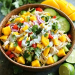 - 2 cups cooked chicken breast, shredded - 1 ripe mango, peeled and diced - 1 red bell pepper, diced into small pieces - 1/2 cucumber, peeled and diced - 1/4 cup red onion, finely chopped - 1/4 cup fresh cilantro, chopped - 1/4 cup creamy Greek yogurt - 2 tablespoons fresh lime juice - 1 tablespoon honey - Salt and freshly ground black pepper, to taste - 1/4 teaspoon ground cumin (optional) The ingredients for this Mango Chicken Salad are simple but full of flavor. You start with cooked chicken breast, perfect for adding protein. Make sure it’s shredded so it mixes well. The ripe mango brings sweetness and a tropical twist. Diced red bell pepper adds crunch and color. For a refreshing touch, include cucumber. The red onion gives a mild bite, while cilantro adds a fresh herb flavor. For the creamy dressing, I use Greek yogurt. It’s rich and tangy, making the salad creamy without being too heavy. Fresh lime juice adds brightness, and honey balances the flavors with a hint of sweetness. Don’t forget salt and pepper to enhance all the tastes. If you want to add depth, ground cumin works great but is optional. - Calories per serving: Approximately 350 - Protein, fat, and carbohydrate breakdown: - Protein: 30g - Fat: 10g - Carbohydrates: 40g This salad is not only tasty but also healthy. Chicken provides lean protein, while mango and veggies offer vitamins and minerals. Greek yogurt gives probiotics, which help digestion. Eating this salad supports your health while satisfying your taste buds. You can find the full recipe [here](#). 1. Mixing the base ingredients Start by grabbing a large mixing bowl. Add the shredded chicken, diced mango, diced red bell pepper, diced cucumber, finely chopped red onion, and chopped cilantro. Use a spatula or wooden spoon to mix them gently. Make sure everything is well combined. 2. Preparing the dressing In a small bowl, make the dressing. Whisk together the creamy Greek yogurt, fresh lime juice, honey, ground cumin (if you want), salt, and black pepper. Whisk until smooth, with no lumps in sight. 3. Combining the dressing with the salad Now, pour the dressing over your chicken and vegetable mix. Use a spatula or your hands to toss everything together. Ensure that all ingredients get coated with the dressing. Taste the salad and adjust the seasoning if needed. Add more salt, pepper, or lime juice to suit your preference. - Importance of chilling Cover the salad and let it chill in the refrigerator for about 30 minutes. Chilling helps the flavors blend, making each bite more delicious. - Serving suggestions Serve the salad in a big, colorful bowl. For a beautiful touch, garnish with extra cilantro leaves. You can also add mango slices on the side for a vibrant display. Enjoy your fresh and flavorful mango chicken salad! To make your mango chicken salad shine, adjust the flavors. If you like it sweet, add more honey. If you want tang, squeeze in extra lime juice. Taste as you go! This way, you can find the perfect mix for your mouth. Quality ingredients matter. Always choose fresh mangoes. Look for ones that are soft but not mushy. When it comes to chicken, use cooked breast meat. It should be juicy and well-seasoned. Fresh veggies also make a big difference. Crisp cucumbers and vibrant bell peppers add nice crunch. Make your salad look as good as it tastes. Serve it in a bright bowl for a fun vibe. You can also plate it in single servings. This adds a nice touch for guests. For garnishing, add extra cilantro leaves on top. It gives a fresh look. You can also slice some mango and arrange it on the side. This adds color and makes the dish pop. Enjoy your creation as you share it with friends! {{image_4}} You can change the protein in your mango chicken salad. Try using tofu for a vegetarian option. Shrimp adds a tasty twist too. Both options keep the salad fresh and fun. You can switch up the fruits and veggies as well. Consider using pineapple or peaches instead of mango. For veggies, try adding avocado or spinach. These changes will add new flavors and colors. To make your salad even better, think about adding spices or herbs. Fresh mint or basil can bring a nice touch. A pinch of chili powder can spice things up if you like heat. Dressing is another way to boost flavor. Swap the Greek yogurt for a zesty vinaigrette. A honey mustard dressing also works well. Each dressing creates a different taste, so feel free to experiment! For the full recipe, check out the detailed steps above. Enjoy creating your own version of this delightful dish! To keep your mango chicken salad fresh, use airtight containers. Glass or plastic containers work well. Make sure the lid fits tightly to keep air out. Store the salad in the fridge right after serving. This helps keep the flavors fresh. Aim to eat leftovers within three days for the best taste. Can you freeze mango chicken salad? No, freezing mango chicken salad is not recommended. The texture of the mango and veggies changes when frozen. They can become mushy and watery when thawed. Best practices for freezing If you want to make a part of this dish ahead, freeze only the cooked chicken. Place it in a freezer-safe bag or container. When ready, thaw it overnight in the fridge. Mix it with fresh ingredients later for a tasty salad. How many calories are in mango chicken salad? A serving of mango chicken salad has about 300 calories. This can vary based on your ingredients. Using less yogurt or chicken can lower the calories. Can I make mango chicken salad in advance? Yes, you can make this salad a few hours ahead. Just keep it chilled in the fridge. The flavors get better as it sits! What to serve with mango chicken salad? This salad pairs well with rice or quinoa. You can also serve it with tortilla chips for a crunchy side. Can I use canned chicken? Absolutely! Canned chicken is a quick option. Drain it well and shred before mixing into the salad. How long does the salad last in the fridge? You can store the salad in the fridge for up to three days. Just keep it in a sealed container to stay fresh. Can I use frozen mango? Yes, frozen mango works well! Just thaw it first and drain any extra liquid. This keeps your salad from getting too watery. What alternatives work for Greek yogurt? You can use sour cream or a dairy-free yogurt. Both options will still give you a creamy texture. This blog post explored making a delicious mango chicken salad. We covered ingredients, step-by-step instructions, tips, variations, and storage. Mango chicken salad is full of fresh flavors and nutrients. You can customize it to fit your taste and needs. Enjoy creating your version and share it with loved ones for a tasty, healthy meal.