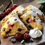 To make cherry chocolate chip scones, you need a few key ingredients. Here’s what you’ll need: - 2 cups all-purpose flour - 1/3 cup granulated sugar - 1 tablespoon baking powder - 1/2 teaspoon salt - 1/2 cup unsalted butter, chilled and cut into small cubes - 1/2 cup heavy cream - 1 large egg - 1 teaspoon vanilla extract - 1 cup fresh or frozen cherries, pitted and chopped - 1/2 cup semi-sweet chocolate chips - 1 egg wash (1 egg whisked with 1 tablespoon water for brushing) These ingredients create a wonderful balance of sweet and tart flavors. The cherries add a juicy burst, while the chocolate enhances the taste. If you don’t have something on hand, don’t worry! Here are some simple swaps: - Use whole wheat flour for a nuttier flavor. - Replace heavy cream with milk for a lighter texture. - Swap semi-sweet chocolate for dark chocolate or white chocolate. - Try almond extract instead of vanilla for a different twist. These changes will still give you tasty scones! You can use either fresh or frozen cherries for this recipe. Here’s a quick guide: - Fresh Cherries: Use when in season for the best taste. Make sure to pit and chop them before adding. - Frozen Cherries: Great for off-season baking. Thaw and drain excess moisture to avoid soggy scones. Both options will work well, so choose what suits you best. For the full recipe, click here. To start, gather your ingredients. You will need: - 2 cups all-purpose flour - 1/3 cup granulated sugar - 1 tablespoon baking powder - 1/2 teaspoon salt - 1/2 cup unsalted butter, chilled and cut into small cubes - 1/2 cup heavy cream - 1 large egg - 1 teaspoon vanilla extract - 1 cup fresh or frozen cherries, pitted and chopped - 1/2 cup semi-sweet chocolate chips - 1 egg wash (1 egg whisked with 1 tablespoon water for brushing) Next, preheat your oven to 400°F (200°C). Line a baking sheet with parchment paper. This will help the scones not to stick. In a large bowl, mix the flour, sugar, baking powder, and salt. Whisk these dry ingredients well. Now, add in the chilled butter. You can use a pastry cutter or your fingers. Blend it until the mixture looks like coarse crumbs. It’s fine to have small bits of butter. This adds flakiness to your scones. In another bowl, whisk together the heavy cream, egg, and vanilla. Pour this mixture into your dry ingredients. Use a spatula to fold it in gently. Be careful not to overmix. That can make your scones tough. Now add the chopped cherries and chocolate chips. Fold them in just until they spread out evenly in the dough. Lightly flour a clean surface. Place the dough on it and knead gently a few times until it forms a ball. Shape the dough into a circle about 1 inch thick. Cut this circle into 8 wedges, like a pizza. Place each wedge on the baking sheet, leaving space between them. Brush the tops with the egg wash. This will give them a nice color when baking. Finally, bake for 15-20 minutes. Watch for the tops to turn lightly golden. Stick a toothpick in the center. If it comes out clean, your scones are done. Let them cool on the baking sheet for about 5 minutes, then move them to a wire rack. To get the best texture, keep your butter cold. This helps create flaky layers. Don’t overmix your dough. Gently fold the ingredients to keep the scones light. Use fresh cherries when possible, but frozen will work just fine too. If using frozen, do not thaw them first. This keeps the dough cooler. For a lovely presentation, serve the warm scones dusted with powdered sugar. You can also add fresh cherries or a dollop of whipped cream on the side. Enjoy your delightful Cherry Chocolate Chip Scones! For the full recipe, check the earlier section. When making cherry chocolate chip scones, avoid overmixing the dough. Overmixing can lead to tough scones. Mix just until the ingredients come together. Also, be careful when adding the cherries and chocolate chips. Fold them in gently to keep the scones light. Use chilled butter for flakiness. If your butter is warm, your scones will not rise well. To boost flavor, consider adding a pinch of almond extract along with vanilla. Almond pairs well with cherries and gives a nice twist. You can also add lemon zest for a bright taste. If you want more chocolate, try using dark chocolate chips instead of semi-sweet. The rich flavor will complement the cherries beautifully. Serve your scones warm for the best taste. You can dust them with powdered sugar for a nice touch. A dollop of whipped cream or clotted cream makes a great addition. For drinks, pair them with coffee or a berry tea. The flavors will match perfectly and create a delightful snack. For more tips, check out the Full Recipe. {{image_4}} You can switch cherries for other fruits. Try blueberries for a sweet twist. Raspberries give a nice tart flavor. You can also use diced peaches for a summer vibe. Each fruit brings its own taste and makes the scones unique. The type of chocolate can change the flavor too. Use dark chocolate for a rich taste. If you like a milder flavor, milk chocolate works well. You can even try white chocolate for a sweet and creamy touch. Each chocolate type pairs nicely with the fruit. Want to make vegan scones? You can use plant-based butter and almond milk instead of cream. Replace the egg with a flax egg for binding. For gluten-free scones, use a gluten-free flour blend. Make sure it has a good mix of starches and proteins. Each option keeps the scones tasty and delightful. For the full recipe, check out the Cherry Chocolate Chip Scones section. To keep your cherry chocolate chip scones fresh, store them in an airtight container. This helps to lock in moisture and flavor. If you have leftovers, let them cool completely first. Then, place them in the container. Keep the container in a cool, dry place. If you plan to eat them within a few days, this method works well. When you're ready to enjoy your scones again, reheating them is easy. Preheat your oven to 350°F (175°C). Place the scones on a baking sheet lined with parchment paper. Heat for about 5 to 10 minutes. This warms them nicely and restores some crispiness. You can also use a microwave, but they may get soft. Heat them for 15 to 20 seconds at a time until warm. If you want to save your scones for later, freezing is a great option. Wrap each scone tightly in plastic wrap. Then, place them in a freezer bag or container. Label the bag with the date. They can stay fresh for up to three months. When you're ready to eat them, thaw them in the fridge overnight and reheat as mentioned above. This method keeps the scones tasty and ready when you are. For the full recipe, check out the detailed steps above. To make scones flaky, keep the butter cold. Cut the butter into small cubes and mix it quickly with the dry ingredients. This helps create small pockets of butter. When baked, these pockets puff up and give a nice flaky texture. Avoid overmixing the dough. Mix just until combined to keep the scones tender. Yes, you can use other flours! Whole wheat flour adds a nutty flavor, while gluten-free blends work well too. Just remember, using different flours can change the texture. You might need to adjust the liquid if you use a flour that absorbs more moisture. Experiment to find your favorite mix! Scones are done when they are golden brown on top. A toothpick inserted in the center should come out clean. This means the inside is cooked well. If the tops are brown, but the insides are still wet, bake them a little longer. Keep an eye on them to avoid overbaking! Cherry chocolate chip scones blend sweet and tart flavors in a delightful treat. We discussed key ingredients, including fresh and frozen cherries, and how to easily swap items. I provided simple steps to prepare and bake for perfect scones every time. You learned tips to avoid common mistakes and enhance flavors. For those seeking variety, I covered alternative fruits and ways to make them vegan or gluten-free. Following my storage advice can keep leftovers fresh. Enjoy your baking adventure with these tips, and savor your delicious scones!