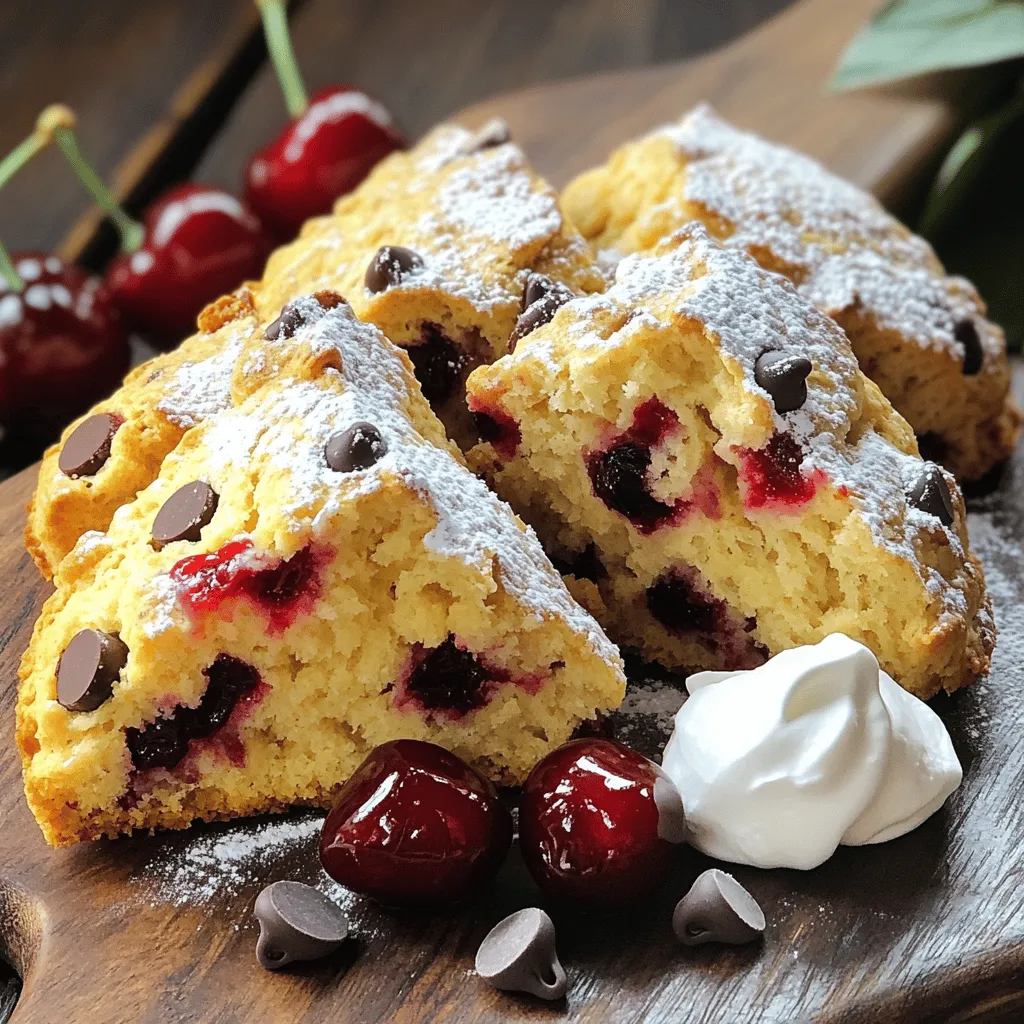 To make cherry chocolate chip scones, you need a few key ingredients. Here’s what you’ll need: - 2 cups all-purpose flour - 1/3 cup granulated sugar - 1 tablespoon baking powder - 1/2 teaspoon salt - 1/2 cup unsalted butter, chilled and cut into small cubes - 1/2 cup heavy cream - 1 large egg - 1 teaspoon vanilla extract - 1 cup fresh or frozen cherries, pitted and chopped - 1/2 cup semi-sweet chocolate chips - 1 egg wash (1 egg whisked with 1 tablespoon water for brushing) These ingredients create a wonderful balance of sweet and tart flavors. The cherries add a juicy burst, while the chocolate enhances the taste. If you don’t have something on hand, don’t worry! Here are some simple swaps: - Use whole wheat flour for a nuttier flavor. - Replace heavy cream with milk for a lighter texture. - Swap semi-sweet chocolate for dark chocolate or white chocolate. - Try almond extract instead of vanilla for a different twist. These changes will still give you tasty scones! You can use either fresh or frozen cherries for this recipe. Here’s a quick guide: - Fresh Cherries: Use when in season for the best taste. Make sure to pit and chop them before adding. - Frozen Cherries: Great for off-season baking. Thaw and drain excess moisture to avoid soggy scones. Both options will work well, so choose what suits you best. For the full recipe, click here. To start, gather your ingredients. You will need: - 2 cups all-purpose flour - 1/3 cup granulated sugar - 1 tablespoon baking powder - 1/2 teaspoon salt - 1/2 cup unsalted butter, chilled and cut into small cubes - 1/2 cup heavy cream - 1 large egg - 1 teaspoon vanilla extract - 1 cup fresh or frozen cherries, pitted and chopped - 1/2 cup semi-sweet chocolate chips - 1 egg wash (1 egg whisked with 1 tablespoon water for brushing) Next, preheat your oven to 400°F (200°C). Line a baking sheet with parchment paper. This will help the scones not to stick. In a large bowl, mix the flour, sugar, baking powder, and salt. Whisk these dry ingredients well. Now, add in the chilled butter. You can use a pastry cutter or your fingers. Blend it until the mixture looks like coarse crumbs. It’s fine to have small bits of butter. This adds flakiness to your scones. In another bowl, whisk together the heavy cream, egg, and vanilla. Pour this mixture into your dry ingredients. Use a spatula to fold it in gently. Be careful not to overmix. That can make your scones tough. Now add the chopped cherries and chocolate chips. Fold them in just until they spread out evenly in the dough. Lightly flour a clean surface. Place the dough on it and knead gently a few times until it forms a ball. Shape the dough into a circle about 1 inch thick. Cut this circle into 8 wedges, like a pizza. Place each wedge on the baking sheet, leaving space between them. Brush the tops with the egg wash. This will give them a nice color when baking. Finally, bake for 15-20 minutes. Watch for the tops to turn lightly golden. Stick a toothpick in the center. If it comes out clean, your scones are done. Let them cool on the baking sheet for about 5 minutes, then move them to a wire rack. To get the best texture, keep your butter cold. This helps create flaky layers. Don’t overmix your dough. Gently fold the ingredients to keep the scones light. Use fresh cherries when possible, but frozen will work just fine too. If using frozen, do not thaw them first. This keeps the dough cooler. For a lovely presentation, serve the warm scones dusted with powdered sugar. You can also add fresh cherries or a dollop of whipped cream on the side. Enjoy your delightful Cherry Chocolate Chip Scones! For the full recipe, check the earlier section. When making cherry chocolate chip scones, avoid overmixing the dough. Overmixing can lead to tough scones. Mix just until the ingredients come together. Also, be careful when adding the cherries and chocolate chips. Fold them in gently to keep the scones light. Use chilled butter for flakiness. If your butter is warm, your scones will not rise well. To boost flavor, consider adding a pinch of almond extract along with vanilla. Almond pairs well with cherries and gives a nice twist. You can also add lemon zest for a bright taste. If you want more chocolate, try using dark chocolate chips instead of semi-sweet. The rich flavor will complement the cherries beautifully. Serve your scones warm for the best taste. You can dust them with powdered sugar for a nice touch. A dollop of whipped cream or clotted cream makes a great addition. For drinks, pair them with coffee or a berry tea. The flavors will match perfectly and create a delightful snack. For more tips, check out the Full Recipe. {{image_4}} You can switch cherries for other fruits. Try blueberries for a sweet twist. Raspberries give a nice tart flavor. You can also use diced peaches for a summer vibe. Each fruit brings its own taste and makes the scones unique. The type of chocolate can change the flavor too. Use dark chocolate for a rich taste. If you like a milder flavor, milk chocolate works well. You can even try white chocolate for a sweet and creamy touch. Each chocolate type pairs nicely with the fruit. Want to make vegan scones? You can use plant-based butter and almond milk instead of cream. Replace the egg with a flax egg for binding. For gluten-free scones, use a gluten-free flour blend. Make sure it has a good mix of starches and proteins. Each option keeps the scones tasty and delightful. For the full recipe, check out the Cherry Chocolate Chip Scones section. To keep your cherry chocolate chip scones fresh, store them in an airtight container. This helps to lock in moisture and flavor. If you have leftovers, let them cool completely first. Then, place them in the container. Keep the container in a cool, dry place. If you plan to eat them within a few days, this method works well. When you're ready to enjoy your scones again, reheating them is easy. Preheat your oven to 350°F (175°C). Place the scones on a baking sheet lined with parchment paper. Heat for about 5 to 10 minutes. This warms them nicely and restores some crispiness. You can also use a microwave, but they may get soft. Heat them for 15 to 20 seconds at a time until warm. If you want to save your scones for later, freezing is a great option. Wrap each scone tightly in plastic wrap. Then, place them in a freezer bag or container. Label the bag with the date. They can stay fresh for up to three months. When you're ready to eat them, thaw them in the fridge overnight and reheat as mentioned above. This method keeps the scones tasty and ready when you are. For the full recipe, check out the detailed steps above. To make scones flaky, keep the butter cold. Cut the butter into small cubes and mix it quickly with the dry ingredients. This helps create small pockets of butter. When baked, these pockets puff up and give a nice flaky texture. Avoid overmixing the dough. Mix just until combined to keep the scones tender. Yes, you can use other flours! Whole wheat flour adds a nutty flavor, while gluten-free blends work well too. Just remember, using different flours can change the texture. You might need to adjust the liquid if you use a flour that absorbs more moisture. Experiment to find your favorite mix! Scones are done when they are golden brown on top. A toothpick inserted in the center should come out clean. This means the inside is cooked well. If the tops are brown, but the insides are still wet, bake them a little longer. Keep an eye on them to avoid overbaking! Cherry chocolate chip scones blend sweet and tart flavors in a delightful treat. We discussed key ingredients, including fresh and frozen cherries, and how to easily swap items. I provided simple steps to prepare and bake for perfect scones every time. You learned tips to avoid common mistakes and enhance flavors. For those seeking variety, I covered alternative fruits and ways to make them vegan or gluten-free. Following my storage advice can keep leftovers fresh. Enjoy your baking adventure with these tips, and savor your delicious scones!