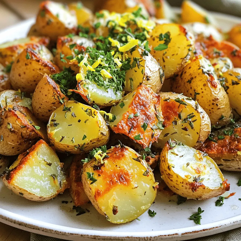 To make garlic herb roasted potatoes, you need a few simple ingredients. Each one brings a special taste to the dish. Here’s what you need: - 2 pounds baby potatoes, halved - 4 tablespoons extra virgin olive oil - 4 cloves garlic, finely minced - 2 tablespoons fresh rosemary, finely chopped - 2 tablespoons fresh thyme, finely chopped - 1 teaspoon sweet paprika - Sea salt and freshly cracked black pepper to taste - Zest of 1 lemon - 2 tablespoons fresh parsley, finely chopped (for garnish) These ingredients work together to create a fantastic flavor. The baby potatoes give a tender bite, while the garlic adds depth. Fresh herbs like rosemary and thyme bring a bright, earthy taste. Olive oil helps crisp the potatoes, making them golden and crunchy. The zest of lemon adds a fresh pop that balances the rich flavors. Finally, parsley makes a lovely garnish that adds color. You can find the full recipe above to guide you as you prepare this delightful side dish. Set the oven to 425°F (220°C). Preheating helps cook the potatoes evenly. This step is key for getting that crispy outside and soft inside. In a large mixing bowl, combine the halved baby potatoes with the ingredients. Add 4 tablespoons of extra virgin olive oil, 4 cloves of finely minced garlic, 2 tablespoons of finely chopped rosemary, and 2 tablespoons of finely chopped thyme. Include 1 teaspoon of sweet paprika, sea salt, and freshly cracked black pepper to taste. Toss everything together until each potato is coated. This mix makes each bite tasty. Carefully arrange the seasoned potatoes in a single layer on a baking sheet. This helps them cook evenly. Roast the potatoes in the preheated oven for about 25-30 minutes. They should turn golden brown and crispy. Remember to turn them halfway through to ensure all sides get that lovely color. For extra flavor, sprinkle fresh lemon zest and parsley on top after roasting. Enjoy these garlic herb roasted potatoes as a perfect side dish or snack. For the full details, check out the Full Recipe. When it comes to roasting, not all potatoes are equal. I find that baby potatoes work best for this dish. They are small, tender, and cook evenly. You can also use Yukon Gold or red potatoes. Both have a nice creamy texture. Choose firm potatoes with no dark spots. This ensures they will roast well. To get that perfect crispy texture, I recommend a few tricks. First, make sure to cut the potatoes into even pieces. This helps them cook at the same rate. Second, toss them well in olive oil and seasonings before roasting. Spread them out in a single layer on the baking sheet. This allows hot air to circulate and brown them evenly. Halfway through cooking, turn the potatoes for golden color all over. To enhance the garlic and herb flavor, fresh ingredients are key. I like to use minced garlic and fresh herbs for the best taste. Adding lemon zest brightens the flavor too. You could experiment with different herbs like oregano or basil. For a spicier kick, try adding a pinch of cayenne pepper. These small changes can take your garlic herb roasted potatoes to the next level! For the full recipe, refer to the detailed instructions above. {{image_4}} You can switch up the herbs to change the taste. Instead of rosemary, try sage for a warm flavor. Oregano adds a nice kick, too. For a fresh feel, use basil or dill. Each herb brings a unique twist to garlic herb roasted potatoes. Get creative and find your favorite mix. Adding extra ingredients can elevate your dish. Try mixing in grated cheese, like Parmesan, for a rich taste. Caramelized onions add sweetness and depth. If you want heat, sprinkle in red pepper flakes or smoked paprika. Each option turns your potatoes into a new experience. You can roast these potatoes in various ways. Air frying gives them a crispy skin with less oil. Grilling adds a smoky flavor that pairs well with summer meals. For a faster option, try cooking them in a pressure cooker first, then finish in the oven. Each method offers a unique texture and taste to the potatoes. For the full recipe, check the complete guide. To keep your garlic herb roasted potatoes fresh, place them in an airtight container. Make sure to cool them to room temperature first. Store them in the fridge. They will stay good for about three to four days. Avoid adding any extra seasoning before storing. This keeps the flavors intact for later use. To get the best texture while reheating, use the oven. Preheat your oven to 350°F (175°C). Spread the leftover potatoes on a baking sheet. Heat them for about 10 to 15 minutes. This will help restore their crispy edges. You can also use a skillet over medium heat. Just add a touch of oil to keep them from sticking. If you want to freeze garlic herb roasted potatoes, first let them cool completely. Then, place them in a freezer-safe bag or container. Try to remove as much air as possible. They will last up to three months in the freezer. When you are ready to eat them, thaw them in the fridge overnight. Reheat them in the oven for the best results. For the full recipe, check the main article. To make this dish vegan, simply swap the butter for extra virgin olive oil. Use the same amount you would normally use. This simple change ensures the dish stays plant-based while keeping its rich flavor. Check your seasonings as some may contain dairy. Yes, you can use dried herbs instead of fresh ones. Use one-third of the amount if you're switching to dried herbs. For example, if the recipe calls for 2 tablespoons of fresh herbs, use about 2 teaspoons of dried herbs. Dried herbs are more potent, so start small and adjust to taste. Garlic herb roasted potatoes go well with many main dishes. They pair nicely with roasted chicken or grilled steak. You can also serve them with fish or a veggie stir-fry. Their tasty flavor complements many meals, making them a great choice for any dinner. Enjoy these with your favorite protein for a complete meal. For the full recipe, check out the earlier section! In this post, I covered how to make garlic herb roasted potatoes. We discussed the key ingredients, the preparation steps, and useful tips for perfecting this dish. I shared ways to add unique flavors and different cooking methods too. Remember, these potatoes make a tasty side for many meals. With a few simple techniques, you can create a dish that shines. Enjoy this recipe, and let it inspire your cooking adventures!