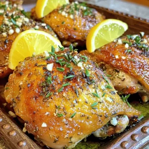 To make Garlic Herb Roasted Chicken Thighs, you need these key ingredients: - 6 bone-in, skin-on chicken thighs - 4 cloves garlic, finely minced - 3 tablespoons extra virgin olive oil - 1 tablespoon fresh rosemary, finely chopped - 1 tablespoon fresh thyme, finely chopped - 1 tablespoon fresh parsley, finely chopped - Zest of 1 medium lemon - Juice of 1 medium lemon - Salt and freshly cracked black pepper, to taste - 1 teaspoon smoked paprika Selecting fresh herbs is crucial. Fresh herbs add bright flavors and aromas. They make the dish pop. Dried herbs can work, but they won’t give you the same fresh taste. Always pick herbs that look vibrant and smell strong. You can enhance your dish with these optional ingredients: - Seasonal vegetables like carrots, potatoes, or bell peppers - Other spices like garlic powder or onion powder Roasting vegetables alongside the chicken adds color and flavor. They soak up the chicken's juices, making them extra tasty. Feel free to mix and match based on what you have. Add your favorite spices to give the dish a twist. These extras can elevate the meal and impress your guests. Check out the Full Recipe for more ideas. Preheating the oven: Importance of temperature Start by preheating your oven to 400°F (200°C). This step is key for the chicken. A hot oven helps the skin crisp up nicely. The right temperature ensures even cooking, giving you juicy meat. Making the herb marinade: Detailed instructions In a mixing bowl, combine these items: - 4 cloves garlic, finely minced - 3 tablespoons extra virgin olive oil - 1 tablespoon fresh rosemary, finely chopped - 1 tablespoon fresh thyme, finely chopped - 1 tablespoon fresh parsley, finely chopped - Zest of 1 medium lemon - Juice of 1 medium lemon - Salt and freshly cracked black pepper, to taste - 1 teaspoon smoked paprika Stir until the mixture is well blended. This fragrant herb marinade packs a punch. It adds depth and flavor to your chicken. Properly applying the marinade to chicken thighs First, pat the 6 chicken thighs dry with paper towels. This helps the skin get crispy. Generously apply the herb marinade to each thigh. Don’t forget to rub some under the skin for extra flavor. Roasting techniques for optimal results Arrange the chicken thighs on a baking sheet lined with parchment paper. Place them skin-side up. Roast in the preheated oven for 35-40 minutes. The chicken is ready when it reaches an internal temperature of 165°F (74°C). You want that skin to look beautifully crispy. Broiling for a crispy finish For an extra crispy finish, switch your oven to broil for the last 2-3 minutes. Keep a close watch to avoid burning. This final touch gives your chicken a perfect, golden crust. Follow the [Full Recipe] for more details! To get crispy skin on your chicken thighs, start by drying them well with paper towels. Moisture leads to steaming, not crisping. After drying, apply your herb marinade generously, making sure to rub some under the skin. For perfect doneness, roast the chicken thighs at 400°F (200°C) for 35-40 minutes. Use a meat thermometer to check if the internal temperature reaches 165°F (74°C). This ensures juiciness and safety. If you want an extra crispy finish, switch your oven to broil for the last 2-3 minutes. Watch it closely to avoid burning. To infuse more flavor into the chicken, consider adding fresh lemon juice and zest. The acid brightens the dish and balances richness. You can also add a splash of white wine to the marinade for depth. For extra zest, try using smoked paprika or a pinch of cayenne pepper. Fresh herbs like thyme, rosemary, and parsley work well together, but feel free to experiment. Each herb brings its own unique taste, making your chicken even more delicious. For the full recipe, check the [Full Recipe]. {{image_4}} Grilling versus roasting: Pros and cons Grilling and roasting both bring unique flavors to chicken thighs. Grilling gives you a smoky taste and nice char. It cooks the chicken fast, but you must watch it closely. Roasting is easier for beginners. The oven does most of the work. You get crispy skin and juicy meat with less effort. Slow cooker adaptation You can also use a slow cooker for this dish. It makes the chicken very tender. Just mix the ingredients, place the chicken in the slow cooker, and cook on low for 6-8 hours. The flavors meld beautifully over time. However, you won't get crispy skin. If you want crispy skin, you can broil the chicken briefly after cooking. Alternative herbs and spices to try Feel free to switch up the herbs. You can use basil, dill, or oregano instead of rosemary or thyme. Each herb adds its own twist. Try adding crushed red pepper for some heat. Smoked paprika is a great choice if you love a deep, rich flavor. Marinades inspired by different cuisines Explore marinades from around the world. A soy sauce and ginger mix gives an Asian flair. For a Mediterranean taste, blend lemon juice, olive oil, and oregano. You can even go bold with a spicy chipotle marinade. Each option brings a new flavor dimension to your chicken. For the full recipe, check out the detailed steps above and enjoy experimenting! To store leftovers, place the chicken thighs in a shallow dish. Cover them tightly with plastic wrap or foil. This keeps moisture in and helps them stay fresh. You can refrigerate the chicken for up to three days. When you are ready to reheat, preheat your oven to 350°F (175°C). Place the chicken on a baking sheet. Heat for about 15-20 minutes or until warm. If you want to crisp the skin again, broil it for a few minutes. For longer storage, freezing is your best option. Wrap each chicken thigh in plastic wrap, then place them in a freezer-safe bag. Try to remove as much air as possible to prevent freezer burn. You can freeze the chicken for up to three months. When you want to enjoy your frozen chicken thighs, take them out and thaw in the fridge overnight. To reheat, preheat your oven to 350°F (175°C), place the thighs on a baking sheet, and warm them for about 25-30 minutes. This method keeps the chicken juicy and tasty. For the full recipe, check out the Garlic Herb Roasted Chicken Thighs. What are the best sides to serve with Garlic Herb Roasted Chicken Thighs? I love pairing Garlic Herb Roasted Chicken Thighs with roasted seasonal vegetables. Carrots, zucchini, and bell peppers work great. You could also serve it with a fresh salad. A light green salad with lemon vinaigrette adds a nice touch. Rice or potatoes also make a filling side. How can I tell when chicken thighs are properly cooked? The best way to check is with a meat thermometer. Chicken thighs should reach 165°F (74°C). The juices should run clear when you cut into them. You can also check for crispy skin; this means they are likely well-cooked. Can I use boneless chicken thighs instead of bone-in? You can use boneless thighs, but cooking times will change. Boneless thighs usually cook faster. Start checking them at around 25 minutes. Adjust the time as needed to avoid drying them out. What should I do if I don't have fresh herbs? If you don’t have fresh herbs, dried herbs work well too. Use about one-third of the amount. For example, if the recipe calls for one tablespoon of fresh rosemary, use one teaspoon of dried. Mix them into the marinade the same way. Nutritional value of Garlic Herb Roasted Chicken Thighs Garlic Herb Roasted Chicken Thighs are a great source of protein. Each thigh provides essential vitamins and minerals. They are also rich in flavor yet lower in carbs, making them a balanced meal choice. Cooking tips for beginners to ensure success Always pat your chicken dry before adding the marinade. This helps the skin get crispy. Make sure to use a good-quality olive oil for flavor. Don't skip the resting step after cooking; it keeps the meat juicy. In this post, we covered how to make Garlic Herb Roasted Chicken Thighs. We explored key ingredients, including fresh herbs to amp up flavor. I provided easy steps for preparation and cooking, along with tips for crispy skin. We also looked at tasty variations and storage methods. Remember, this dish is simple yet rewarding. Whether you grill, roast, or try new herbs, there are many ways to enjoy it. Get creative and make this recipe your own. You can impress anyone with this delicious meal!