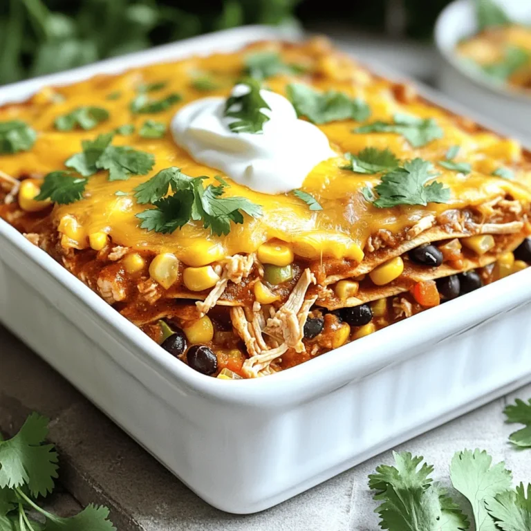 To make a tasty Chicken Enchilada Casserole, you need simple ingredients. Here’s what you will use: - 2 cups cooked chicken, shredded - 1 can (15 oz) black beans, drained and rinsed - 1 can (10 oz) enchilada sauce (choose between red or green) - 1 cup corn kernels (fresh, frozen, or canned) - 1 cup diced bell peppers (any vibrant color you like) - 1 medium onion, finely chopped - 2 cups shredded cheese (a delightful blend of cheddar and Monterey Jack) - 8-10 corn tortillas, torn into bite-sized pieces - 1 tablespoon ground cumin - 1 tablespoon chili powder - 1 teaspoon garlic powder - Salt and pepper to taste - Fresh cilantro for garnish (optional but recommended) - Sour cream for serving (optional) These ingredients blend well to create a rich flavor. You can use leftover chicken too, which is a great way to save time. You can personalize your casserole with some optional ingredients. Try adding: - Jalapeños for heat - Avocado slices for creaminess - Black olives for a salty kick - Different types of cheese like pepper jack These options can make your casserole unique. Feel free to mix and match according to your taste. This casserole is not only delicious but also packed with nutrition. Here’s a quick look at the nutritional benefits: - Protein: The chicken and beans provide a good source of protein. - Fiber: Black beans and corn add fiber, which is good for digestion. - Vitamins: Bell peppers and onions give vitamins A and C. - Calcium: Cheese adds calcium, which is great for bones. Each serving offers a balanced mix of nutrients. Keep in mind that portion sizes will affect the total nutritional content. You can enjoy this meal guilt-free while it satisfies your family’s hunger. For the full recipe, refer to the earlier section. First, preheat your oven to 350°F (175°C). This step warms the oven for cooking. While it heats, gather your ingredients. Use the list from the full recipe to check off what you have. Make sure you have cooked chicken, black beans, corn, and tortillas ready. Chop your onion and bell peppers. This prep will save time later. In a large skillet, add a splash of oil. Heat it over medium heat. Toss in the chopped onion and bell peppers. Cook them for about 5-7 minutes. Stir occasionally until they soften. This adds sweet flavor to your filling. In a big bowl, combine the shredded chicken, black beans, corn, and the sautéed veggies. Pour in one cup of enchilada sauce. Add cumin, chili powder, garlic powder, and salt. Mix everything together until well blended. Grab a greased 9x13 inch baking dish. Start by spreading a thin layer of enchilada sauce at the bottom. Break the corn tortillas into pieces and layer half of them over the sauce. Next, add half of your chicken mixture and top with one cup of cheese. Repeat this layering with the remaining ingredients. Finish with the last cup of cheese on top. Cover your dish with aluminum foil. Bake for 25 minutes. Remove the foil and bake for another 10-15 minutes. Look for bubbly, golden cheese. After baking, let the casserole cool for a few minutes. This helps it set before serving. Enjoy garnished with cilantro and sour cream for extra flavor! To make your chicken enchilada casserole shine, start with good-quality ingredients. Use fresh vegetables for the best flavor. When cooking the onion and bell peppers, let them soften fully. This step adds sweetness and depth. If you want extra flavor, toast your spices before mixing them in. This brings out their natural oils and makes them more fragrant. Layering is key! Ensure you evenly distribute the chicken mixture and cheese throughout the layers. This helps every bite taste delicious. Serve the casserole warm and bubbly straight from the oven. For a fun twist, add toppings like fresh cilantro, sliced jalapeños, or diced avocados. A squeeze of lime brightens the flavors too! Place a dollop of sour cream on top for creaminess. You can also serve it with a side salad or tortilla chips for crunch. This meal is perfect for gatherings or family dinners, as it’s both filling and comforting. Avoid overcooking the casserole. If you bake it too long, the cheese might burn. Keep an eye on it in the last few minutes. Another mistake is not letting it cool before serving. Allowing it to sit for a few minutes helps it hold its shape. Lastly, do not skip the garnishes! They add color and flavor, making your dish look inviting. For more tips, check out the Full Recipe for a great guide. {{image_4}} You can easily swap chicken for veggies. Use beans, mushrooms, or tofu. This gives a hearty meal without meat. Try using a mix of zucchini, bell peppers, and black beans. They add great texture and flavor. Use the same spices for that classic taste. If you love heat, add fresh jalapeños. Slice them thin and layer them in the casserole. You can also add a dash of hot sauce to the filling. Try using a spicy enchilada sauce for more kick. You might even sprinkle in some crushed red pepper flakes on top. Need dairy-free? Use plant-based cheese or skip it altogether. For gluten-free, choose corn tortillas or gluten-free options. If you want a lower-carb meal, replace tortillas with cauliflower rice. It keeps the dish light while still being filling. These swaps let you enjoy the casserole no matter your diet. Check the Full Recipe for more ideas and details on making this dish! To keep your Chicken Enchilada Casserole fresh, first let it cool. Once it is cool, cover it tightly with plastic wrap or aluminum foil. You can also use an airtight container. Store it in the fridge for up to three days. Make sure to label it with the date. If you want to save the casserole for later, freezing is a great option. Cut the casserole into portions for easy use. Wrap each portion tightly in plastic wrap. Then, place them in a freezer-safe bag or container. This will help prevent freezer burn. You can freeze it for up to three months. Just remember to label each bag with the date. When you are ready to enjoy the casserole again, remove it from the fridge or freezer. If frozen, let it thaw in the fridge overnight. For reheating, preheat your oven to 350°F (175°C). Place the casserole in an oven-safe dish. Cover it with foil to keep it moist. Bake for about 20-30 minutes, until heated through. You can also microwave individual portions. Heat on high for 1-2 minutes, checking to ensure it’s hot. Enjoy your meal with fresh toppings from the Full Recipe! Yes, you can make Chicken Enchilada Casserole in advance. Prepare the casserole and store it in the fridge. Cover it tightly with foil or plastic wrap. It will stay fresh for up to two days. When you are ready to bake, take it out and let it sit for about 30 minutes. Then, bake as usual. This makes it easy for busy nights. Many sides pair well with Chicken Enchilada Casserole. Here are some tasty ideas: - Mexican rice - Refried beans - Fresh salad with lime dressing - Guacamole and tortilla chips - Cornbread or crusty bread These sides add texture and flavor to your meal. They also make it feel more festive. To make Chicken Enchilada Casserole gluten-free, choose gluten-free corn tortillas. Most corn tortillas are naturally gluten-free. Check the label to be sure. Also, use a gluten-free enchilada sauce. Many brands offer this option. You can enjoy this dish without worries about gluten! For the full recipe, check the link above. In this post, we explored the key ingredients for chicken enchilada casserole. You learned about cooking steps, storage tips, and variations to fit your needs. I shared ideas to make it perfect every time. Remember, cooking should be fun and easy. Experiment with different flavors, and don’t fear mistakes. Enjoy your time in the kitchen and share your tasty creations with others. Happy cooking!