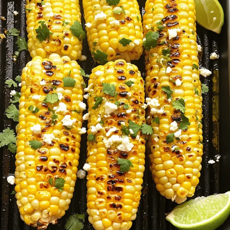 To make the best chili lime grilled corn, you need simple ingredients. Each one adds its own flavor. Here’s what you will need: - Fresh corn - Olive oil and lime juice - Spices and seasonings - Cheese and herbs - Optional garnishes Fresh corn is key. It gives that sweet taste we love. Choose ears that feel firm and heavy. For the oil, use extra virgin olive oil for richness. The lime juice adds a bright tang that balances the sweetness. Next, we have spices. Chili powder brings heat, while smoked paprika adds a nice depth. Adjust the cayenne for extra spice if you like it hot. Salt and pepper are musts for flavor enhancement. For cheese, I suggest feta or cotija. Both add a creamy, salty kick. Fresh cilantro brings freshness and pairs well with the lime. Lastly, lime wedges are perfect for squeezing on top, enhancing each bite. Using good quality ingredients makes a big difference. They bring out the best in this dish. Check out the Full Recipe to see how they all come together! First, preheat your grill to medium-high heat. A good temperature is key for perfect grilled corn. Make sure it reaches about 400°F (200°C). This heat helps the corn cook evenly and develop a nice char. Remember, a clean grill makes a big difference. Scrub the grates before grilling to avoid sticking. Next, let's make the chili lime mixture. In a small bowl, mix together the following: - 3 tablespoons extra virgin olive oil - 2 tablespoons freshly squeezed lime juice - 1 teaspoon chili powder - 1/2 teaspoon smoked paprika - 1/4 teaspoon cayenne pepper (more or less, based on your taste) - Salt and freshly ground black pepper to taste Whisk these ingredients until they blend well. If you want a milder flavor, add less cayenne. For extra heat, add more chili powder or cayenne. Now, it’s time to grill the corn. Coat each ear of husked corn with the chili lime mixture. Use a brush or your hands to spread it evenly. This step ensures each bite bursts with flavor. Place the corn on the grill. Cook for 10 to 15 minutes. Turn the corn every few minutes. This helps it char evenly and creates a slight blistering. You’ll know it’s done when it’s tender and has a nice golden color. Once grilled, let the corn cool for a minute. It will be hot! Sprinkle crumbled feta cheese on top and add freshly chopped cilantro. Serve with lime wedges for that extra zing. Enjoy your delicious chili lime grilled corn! For the complete recipe, check [Full Recipe]. To take your Chili Lime Grilled Corn to the next level, think about adding spices. You can try garlic powder or onion powder for a savory kick. Also, fresh herbs like mint or dill can brighten the flavor. Always use fresh ingredients. Fresh corn tastes sweeter and has a better crunch. Fresh lime juice adds zing, while fresh herbs bring color and aroma. When serving the corn, place it on a nice platter. Arrange the ears with the ends pointing outward. This makes it look appealing. For garnishing, sprinkle extra cilantro on top. Adding lime wedges on the side invites guests to squeeze more lime on their corn. This little touch enhances the experience. Grilling corn can be fun, but safety is key. Use tongs to handle hot corn. This keeps your hands safe from burns. Always let the corn cool for a minute after grilling. This helps prevent burns. Avoid common mistakes like leaving corn unattended on the grill. Keep an eye on it for even cooking and to prevent charring. For the full recipe, check out Zesty Chili Lime Grilled Corn. {{image_4}} You can change the cheese in your chili lime grilled corn for fun. Cotija cheese gives a salty taste. It crumbles well and adds a nice texture. Feta cheese is a great choice too. It is creamy and tangy, which works well with the flavors. If you want to skip the dairy, try a vegan cheese. Many brands offer tasty options. Look for a cheese that crumbles like cotija. This way, you can enjoy the dish without dairy. Feel free to add more veggies to the grill. Bell peppers and zucchini are great choices. They char nicely and add color. You can also grill mushrooms for a meaty bite. For flavor twists, try different spices. Cumin adds warmth, while garlic powder gives a savory punch. You can even add a drizzle of hot sauce for a spicy kick. Each change lets you make this dish your own. For the full recipe, check out the Zesty Chili Lime Grilled Corn section. After grilling, let the corn cool. Wrap each ear in plastic wrap or foil. This keeps moisture in. Store the corn in the fridge for up to three days. When you want to eat it, reheat it safely. You can use the microwave or grill. If using the microwave, put it in for about 1-2 minutes. Turn it halfway through to heat evenly. On the grill, reheat for 5-7 minutes, turning until hot. To keep the corn fresh, always cover it tightly. This prevents it from drying out or soaking up other smells in your fridge. To freeze grilled corn, first let it cool completely. Then, cut the kernels off the cob for easier storage. Place the kernels in a freezer bag. Remove as much air as possible before sealing. This prevents freezer burn. You can also freeze whole cobs. Wrap them tightly in foil. Store them in the freezer for up to six months. When you’re ready to eat, just thaw in the fridge overnight. You can reheat them on the grill or microwave as needed. For the full recipe, check out the Zesty Chili Lime Grilled Corn section above. To add more heat, you can increase the cayenne pepper. Start with a half teaspoon. You can also add some diced jalapeños to the corn while grilling. Another great option is to sprinkle some hot sauce over the corn just before serving. This will give you a nice kick without losing the corn's flavor. Yes, you can use frozen corn. However, you should adjust the cooking time. Frozen corn will need a bit longer on the grill. Aim for about 15 to 20 minutes. Be sure to thaw the corn first for even cooking. Check for a nice char to know it's done. Chili lime grilled corn tastes great with many meals. It pairs well with grilled chicken or fish. You can also serve it alongside tacos for a fun twist. For a complete meal, try it with a fresh salad or a zesty rice dish. It adds a bright flavor to any summer feast. For the full recipe, check [Full Recipe]. In this post, we explored how to make delicious Chili Lime Grilled Corn. We covered all the ingredients you need, from fresh corn to spices. I shared step-by-step instructions to prepare the grill, create the chili lime mixture, and grill the corn perfectly. We also discussed tips for flavor enhancement and safe grilling practices. Lastly, we looked at variations and clever ways to store leftovers. Enjoy this simple and tasty recipe, and get ready to impress your friends and family with your grilling skills!