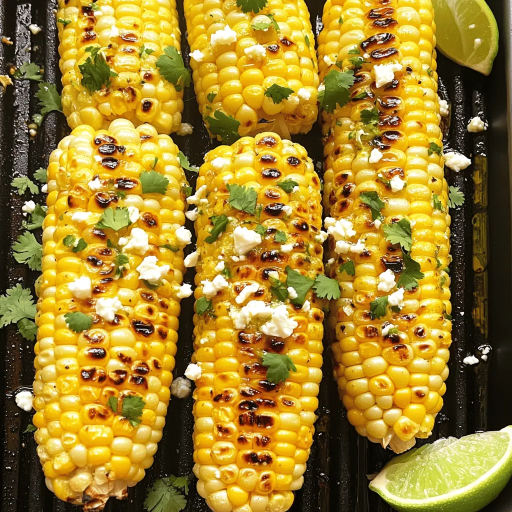 To make the best chili lime grilled corn, you need simple ingredients. Each one adds its own flavor. Here’s what you will need: - Fresh corn - Olive oil and lime juice - Spices and seasonings - Cheese and herbs - Optional garnishes Fresh corn is key. It gives that sweet taste we love. Choose ears that feel firm and heavy. For the oil, use extra virgin olive oil for richness. The lime juice adds a bright tang that balances the sweetness. Next, we have spices. Chili powder brings heat, while smoked paprika adds a nice depth. Adjust the cayenne for extra spice if you like it hot. Salt and pepper are musts for flavor enhancement. For cheese, I suggest feta or cotija. Both add a creamy, salty kick. Fresh cilantro brings freshness and pairs well with the lime. Lastly, lime wedges are perfect for squeezing on top, enhancing each bite. Using good quality ingredients makes a big difference. They bring out the best in this dish. Check out the Full Recipe to see how they all come together! First, preheat your grill to medium-high heat. A good temperature is key for perfect grilled corn. Make sure it reaches about 400°F (200°C). This heat helps the corn cook evenly and develop a nice char. Remember, a clean grill makes a big difference. Scrub the grates before grilling to avoid sticking. Next, let's make the chili lime mixture. In a small bowl, mix together the following: - 3 tablespoons extra virgin olive oil - 2 tablespoons freshly squeezed lime juice - 1 teaspoon chili powder - 1/2 teaspoon smoked paprika - 1/4 teaspoon cayenne pepper (more or less, based on your taste) - Salt and freshly ground black pepper to taste Whisk these ingredients until they blend well. If you want a milder flavor, add less cayenne. For extra heat, add more chili powder or cayenne. Now, it’s time to grill the corn. Coat each ear of husked corn with the chili lime mixture. Use a brush or your hands to spread it evenly. This step ensures each bite bursts with flavor. Place the corn on the grill. Cook for 10 to 15 minutes. Turn the corn every few minutes. This helps it char evenly and creates a slight blistering. You’ll know it’s done when it’s tender and has a nice golden color. Once grilled, let the corn cool for a minute. It will be hot! Sprinkle crumbled feta cheese on top and add freshly chopped cilantro. Serve with lime wedges for that extra zing. Enjoy your delicious chili lime grilled corn! For the complete recipe, check [Full Recipe]. To take your Chili Lime Grilled Corn to the next level, think about adding spices. You can try garlic powder or onion powder for a savory kick. Also, fresh herbs like mint or dill can brighten the flavor. Always use fresh ingredients. Fresh corn tastes sweeter and has a better crunch. Fresh lime juice adds zing, while fresh herbs bring color and aroma. When serving the corn, place it on a nice platter. Arrange the ears with the ends pointing outward. This makes it look appealing. For garnishing, sprinkle extra cilantro on top. Adding lime wedges on the side invites guests to squeeze more lime on their corn. This little touch enhances the experience. Grilling corn can be fun, but safety is key. Use tongs to handle hot corn. This keeps your hands safe from burns. Always let the corn cool for a minute after grilling. This helps prevent burns. Avoid common mistakes like leaving corn unattended on the grill. Keep an eye on it for even cooking and to prevent charring. For the full recipe, check out Zesty Chili Lime Grilled Corn. {{image_4}} You can change the cheese in your chili lime grilled corn for fun. Cotija cheese gives a salty taste. It crumbles well and adds a nice texture. Feta cheese is a great choice too. It is creamy and tangy, which works well with the flavors. If you want to skip the dairy, try a vegan cheese. Many brands offer tasty options. Look for a cheese that crumbles like cotija. This way, you can enjoy the dish without dairy. Feel free to add more veggies to the grill. Bell peppers and zucchini are great choices. They char nicely and add color. You can also grill mushrooms for a meaty bite. For flavor twists, try different spices. Cumin adds warmth, while garlic powder gives a savory punch. You can even add a drizzle of hot sauce for a spicy kick. Each change lets you make this dish your own. For the full recipe, check out the Zesty Chili Lime Grilled Corn section. After grilling, let the corn cool. Wrap each ear in plastic wrap or foil. This keeps moisture in. Store the corn in the fridge for up to three days. When you want to eat it, reheat it safely. You can use the microwave or grill. If using the microwave, put it in for about 1-2 minutes. Turn it halfway through to heat evenly. On the grill, reheat for 5-7 minutes, turning until hot. To keep the corn fresh, always cover it tightly. This prevents it from drying out or soaking up other smells in your fridge. To freeze grilled corn, first let it cool completely. Then, cut the kernels off the cob for easier storage. Place the kernels in a freezer bag. Remove as much air as possible before sealing. This prevents freezer burn. You can also freeze whole cobs. Wrap them tightly in foil. Store them in the freezer for up to six months. When you’re ready to eat, just thaw in the fridge overnight. You can reheat them on the grill or microwave as needed. For the full recipe, check out the Zesty Chili Lime Grilled Corn section above. To add more heat, you can increase the cayenne pepper. Start with a half teaspoon. You can also add some diced jalapeños to the corn while grilling. Another great option is to sprinkle some hot sauce over the corn just before serving. This will give you a nice kick without losing the corn's flavor. Yes, you can use frozen corn. However, you should adjust the cooking time. Frozen corn will need a bit longer on the grill. Aim for about 15 to 20 minutes. Be sure to thaw the corn first for even cooking. Check for a nice char to know it's done. Chili lime grilled corn tastes great with many meals. It pairs well with grilled chicken or fish. You can also serve it alongside tacos for a fun twist. For a complete meal, try it with a fresh salad or a zesty rice dish. It adds a bright flavor to any summer feast. For the full recipe, check [Full Recipe]. In this post, we explored how to make delicious Chili Lime Grilled Corn. We covered all the ingredients you need, from fresh corn to spices. I shared step-by-step instructions to prepare the grill, create the chili lime mixture, and grill the corn perfectly. We also discussed tips for flavor enhancement and safe grilling practices. Lastly, we looked at variations and clever ways to store leftovers. Enjoy this simple and tasty recipe, and get ready to impress your friends and family with your grilling skills!