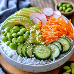 - 1 cup sushi rice - 1 1/4 cups water - 2 tablespoons rice vinegar - 1 tablespoon sugar - 1/2 teaspoon salt - 1 medium cucumber, julienned - 1 medium carrot, julienned - 1 ripe avocado, sliced - 1/2 cup edamame, shelled - 1 small radish, thinly sliced - 2 sheets nori, cut into thin strips - 2 tablespoons sesame seeds - Soy sauce, for drizzling - Pickled ginger (optional) When making veggie sushi bowls, the main ingredients are vital. Sushi rice serves as the base. It has a sticky texture that holds everything together. The vegetables add color and crunch. Cucumber and carrot are fresh and crisp. Avocado adds creaminess, while radish gives a nice bite. Soy sauce enhances the dish's flavor, and pickled ginger adds a zing. - Nori strips - Edamame - Sesame seeds You can enhance your sushi bowls with optional ingredients. Nori strips add a salty crunch. Edamame is a great source of protein and has a nice texture. Sesame seeds provide a nutty flavor and look beautiful sprinkled on top. These ingredients help you create a more exciting meal. - Quantities for servings: This recipe serves two people. Adjust the ingredients based on how many servings you need. - Adjustments based on preference: You can swap vegetables based on your taste. If you like more crunch, add bell peppers or snap peas. For more protein, try adding tofu or chickpeas. Use the [Full Recipe] as a guide to measure your ingredients perfectly. Get creative and make this dish your own! 1. Start by rinsing 1 cup of sushi rice under cold water. 2. Rinse until the water runs clear. This step helps remove extra starch. 3. In a medium pot, combine rinsed rice and 1 1/4 cups of water. 4. Bring the pot to a boil over medium heat. 5. Once it boils, reduce the heat to low and cover the pot. 6. Let it simmer for 20 minutes until the water absorbs. 7. When done, fluff the rice with a fork. Next, you need to prepare the vinegar seasoning. 1. In a small saucepan, mix 2 tablespoons of rice vinegar, 1 tablespoon of sugar, and 1/2 teaspoon of salt. 2. Warm this mix over low heat. Stir until the sugar and salt dissolve. 3. Remove from heat and let it cool to room temperature. 4. Drizzle the cooled vinegar mix over the rice. 5. Gently fold the rice to mix without mashing it. 6. Set the rice aside to cool. 1. In each bowl, add a scoop of the sushi rice as the base. 2. Start layering your veggies: add julienned cucumber and carrot. 3. Next, place sliced avocado, shelled edamame, and thinly sliced radish on top. 4. For added texture, sprinkle sesame seeds over the veggies. 5. Add nori strips around the bowl for crunch and flavor. You can enhance your sushi bowls with garnishes. - Drizzle soy sauce over the top for extra taste. - Serve with pickled ginger for a zing. - Use colorful ceramic dishes to make the meal pop. - Add a small dish of soy sauce for dipping. - Consider garnishing with fresh herbs for color. For a full recipe, check out the delightful veggie sushi bowls. To make great sushi rice, avoid common mistakes. First, always rinse the rice. This step removes extra starch. It keeps the rice from getting sticky. Rinse until the water runs clear. Next, measure the water carefully. Too little water makes hard rice. Too much water makes it mushy. Use the right ratio: 1 cup of rice to 1 1/4 cups of water. Fluffy rice needs gentle cooking. Bring the water to a boil, then lower the heat. Cover the pot and let it simmer. This way, the rice absorbs water well. Boost the taste with spices and herbs. Try adding sesame oil for a nutty flavor. Chopped green onions also add a fresh taste. Sauces are key too! Soy sauce is classic, but try others. A drizzle of sriracha can add heat. Mix in a little lime juice for brightness. Serve your sushi bowls in colorful dishes. Bright colors make food more appealing. Consider using ceramic bowls for a nice touch. Arrange the veggies artfully. Layer them for a pop of color. Use nori strips creatively around the bowl. This adds crunch and makes it look fancy. Try garnishing with fresh herbs. They add flavor and beauty. A small dish of soy sauce on the side makes it easy to dip. For a complete meal, check the Full Recipe for more tips! {{image_4}} You can easily change the ingredients in your veggie sushi bowls. If you need gluten-free options, use tamari instead of soy sauce. For a vegan dish, ensure all ingredients are plant-based. Seasonal veggies also add freshness. In spring, use asparagus or snap peas. In fall, try roasted sweet potatoes or squash. Add protein to your bowls with tofu or tempeh. For a savory twist, marinate tofu in soy sauce and bake it. Tempeh can be sautéed with spices for extra flavor. You can also play with flavors. If you like spice, add sriracha or chili flakes. For sweetness, drizzle honey or use mango slices. Consider themed sushi bowls for fun meals. For a Mediterranean twist, use olives, feta, and a lemon dressing. For a Mexican flair, add black beans, corn, and avocado with lime juice. Each theme offers a unique taste and makes your meal fun and exciting. Store your leftover veggie sushi bowls in airtight containers. Glass or plastic containers work well. Make sure they seal tightly to keep the flavors fresh. Leftovers stay good for up to three days in the fridge. If you want to keep them longer, freezing is an option. You can reheat leftovers in the microwave or on the stovetop. For the microwave, place the bowl in and heat for 30 seconds. Stir, then heat for another 30 seconds. On the stovetop, add a splash of water to the rice. Heat on low, stirring often. This helps keep the rice soft and moist. Yes, you can freeze sushi rice! First, let it cool completely. Then, scoop it into freezer bags. Remove as much air as possible before sealing. For assembled bowls, freeze them without fresh veggies and sauce. Add those when you are ready to eat. This way, they stay crisp and fresh. Sushi rice lasts about 3 to 5 days in the fridge. After cooking, let it cool first. Place it in an airtight container. This keeps it fresh and prevents it from drying out. Avoid leaving it at room temperature for too long; bacteria can grow. Yes, you can prepare this recipe ahead of time. Cook the sushi rice and let it cool. Store it in the fridge. Chop the vegetables and keep them in containers. This way, you can assemble the bowls in minutes. Just drizzle soy sauce before serving for a fresh taste. If you can't find sushi rice, don't worry! You can use short-grain brown rice for a healthier option. Quinoa is another great choice for a protein boost. Cauliflower rice works well too, especially for low-carb diets. Each option brings a unique flavor and texture to your meal. In this post, we explored how to craft delicious veggie sushi bowls. We covered key ingredients like sushi rice and fresh veggies. I also shared step-by-step instructions for preparation and assembly. You learned tips to enhance flavors and creative presentation ideas. Finally, I offered ways to customize and store your bowls for later use. Sushi bowls are flexible and fun. Experiment with ingredients to find your perfect mix. Enjoy your sushi bowl journey!