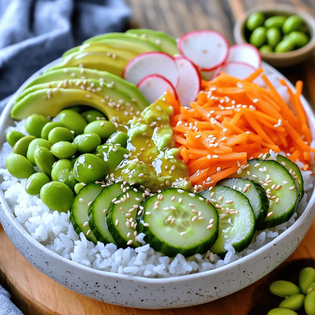 - 1 cup sushi rice - 1 1/4 cups water - 2 tablespoons rice vinegar - 1 tablespoon sugar - 1/2 teaspoon salt - 1 medium cucumber, julienned - 1 medium carrot, julienned - 1 ripe avocado, sliced - 1/2 cup edamame, shelled - 1 small radish, thinly sliced - 2 sheets nori, cut into thin strips - 2 tablespoons sesame seeds - Soy sauce, for drizzling - Pickled ginger (optional) When making veggie sushi bowls, the main ingredients are vital. Sushi rice serves as the base. It has a sticky texture that holds everything together. The vegetables add color and crunch. Cucumber and carrot are fresh and crisp. Avocado adds creaminess, while radish gives a nice bite. Soy sauce enhances the dish's flavor, and pickled ginger adds a zing. - Nori strips - Edamame - Sesame seeds You can enhance your sushi bowls with optional ingredients. Nori strips add a salty crunch. Edamame is a great source of protein and has a nice texture. Sesame seeds provide a nutty flavor and look beautiful sprinkled on top. These ingredients help you create a more exciting meal. - Quantities for servings: This recipe serves two people. Adjust the ingredients based on how many servings you need. - Adjustments based on preference: You can swap vegetables based on your taste. If you like more crunch, add bell peppers or snap peas. For more protein, try adding tofu or chickpeas. Use the [Full Recipe] as a guide to measure your ingredients perfectly. Get creative and make this dish your own! 1. Start by rinsing 1 cup of sushi rice under cold water. 2. Rinse until the water runs clear. This step helps remove extra starch. 3. In a medium pot, combine rinsed rice and 1 1/4 cups of water. 4. Bring the pot to a boil over medium heat. 5. Once it boils, reduce the heat to low and cover the pot. 6. Let it simmer for 20 minutes until the water absorbs. 7. When done, fluff the rice with a fork. Next, you need to prepare the vinegar seasoning. 1. In a small saucepan, mix 2 tablespoons of rice vinegar, 1 tablespoon of sugar, and 1/2 teaspoon of salt. 2. Warm this mix over low heat. Stir until the sugar and salt dissolve. 3. Remove from heat and let it cool to room temperature. 4. Drizzle the cooled vinegar mix over the rice. 5. Gently fold the rice to mix without mashing it. 6. Set the rice aside to cool. 1. In each bowl, add a scoop of the sushi rice as the base. 2. Start layering your veggies: add julienned cucumber and carrot. 3. Next, place sliced avocado, shelled edamame, and thinly sliced radish on top. 4. For added texture, sprinkle sesame seeds over the veggies. 5. Add nori strips around the bowl for crunch and flavor. You can enhance your sushi bowls with garnishes. - Drizzle soy sauce over the top for extra taste. - Serve with pickled ginger for a zing. - Use colorful ceramic dishes to make the meal pop. - Add a small dish of soy sauce for dipping. - Consider garnishing with fresh herbs for color. For a full recipe, check out the delightful veggie sushi bowls. To make great sushi rice, avoid common mistakes. First, always rinse the rice. This step removes extra starch. It keeps the rice from getting sticky. Rinse until the water runs clear. Next, measure the water carefully. Too little water makes hard rice. Too much water makes it mushy. Use the right ratio: 1 cup of rice to 1 1/4 cups of water. Fluffy rice needs gentle cooking. Bring the water to a boil, then lower the heat. Cover the pot and let it simmer. This way, the rice absorbs water well. Boost the taste with spices and herbs. Try adding sesame oil for a nutty flavor. Chopped green onions also add a fresh taste. Sauces are key too! Soy sauce is classic, but try others. A drizzle of sriracha can add heat. Mix in a little lime juice for brightness. Serve your sushi bowls in colorful dishes. Bright colors make food more appealing. Consider using ceramic bowls for a nice touch. Arrange the veggies artfully. Layer them for a pop of color. Use nori strips creatively around the bowl. This adds crunch and makes it look fancy. Try garnishing with fresh herbs. They add flavor and beauty. A small dish of soy sauce on the side makes it easy to dip. For a complete meal, check the Full Recipe for more tips! {{image_4}} You can easily change the ingredients in your veggie sushi bowls. If you need gluten-free options, use tamari instead of soy sauce. For a vegan dish, ensure all ingredients are plant-based. Seasonal veggies also add freshness. In spring, use asparagus or snap peas. In fall, try roasted sweet potatoes or squash. Add protein to your bowls with tofu or tempeh. For a savory twist, marinate tofu in soy sauce and bake it. Tempeh can be sautéed with spices for extra flavor. You can also play with flavors. If you like spice, add sriracha or chili flakes. For sweetness, drizzle honey or use mango slices. Consider themed sushi bowls for fun meals. For a Mediterranean twist, use olives, feta, and a lemon dressing. For a Mexican flair, add black beans, corn, and avocado with lime juice. Each theme offers a unique taste and makes your meal fun and exciting. Store your leftover veggie sushi bowls in airtight containers. Glass or plastic containers work well. Make sure they seal tightly to keep the flavors fresh. Leftovers stay good for up to three days in the fridge. If you want to keep them longer, freezing is an option. You can reheat leftovers in the microwave or on the stovetop. For the microwave, place the bowl in and heat for 30 seconds. Stir, then heat for another 30 seconds. On the stovetop, add a splash of water to the rice. Heat on low, stirring often. This helps keep the rice soft and moist. Yes, you can freeze sushi rice! First, let it cool completely. Then, scoop it into freezer bags. Remove as much air as possible before sealing. For assembled bowls, freeze them without fresh veggies and sauce. Add those when you are ready to eat. This way, they stay crisp and fresh. Sushi rice lasts about 3 to 5 days in the fridge. After cooking, let it cool first. Place it in an airtight container. This keeps it fresh and prevents it from drying out. Avoid leaving it at room temperature for too long; bacteria can grow. Yes, you can prepare this recipe ahead of time. Cook the sushi rice and let it cool. Store it in the fridge. Chop the vegetables and keep them in containers. This way, you can assemble the bowls in minutes. Just drizzle soy sauce before serving for a fresh taste. If you can't find sushi rice, don't worry! You can use short-grain brown rice for a healthier option. Quinoa is another great choice for a protein boost. Cauliflower rice works well too, especially for low-carb diets. Each option brings a unique flavor and texture to your meal. In this post, we explored how to craft delicious veggie sushi bowls. We covered key ingredients like sushi rice and fresh veggies. I also shared step-by-step instructions for preparation and assembly. You learned tips to enhance flavors and creative presentation ideas. Finally, I offered ways to customize and store your bowls for later use. Sushi bowls are flexible and fun. Experiment with ingredients to find your perfect mix. Enjoy your sushi bowl journey!