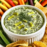 - 2 cups fresh spinach, finely chopped - 1 cup cream cheese, at room temperature - 1/2 cup mayonnaise - 1/2 cup sour cream - 1 cup dill pickles, finely diced - 1/4 cup pickled jalapeños, finely diced (optional for a spicy kick) The main ingredients make this dip rich and creamy. Fresh spinach adds color and nutrition. Cream cheese brings a soft base, while mayonnaise and sour cream add tang and creaminess. Dill pickles give a bright, zesty flavor. You can add jalapeños for extra spice, but it's optional. - 1 teaspoon garlic powder - 1 teaspoon onion powder - 1 teaspoon fresh dill (or 1/2 teaspoon dried dill) These seasonings enhance the overall taste. Garlic powder adds depth, while onion powder brings sweetness. Fresh dill gives a fresh, herbal note that pairs well with pickles. Each seasoning adds a layer of flavor, making the dip bold and exciting. - Tortilla chips - Fresh vegetable sticks (carrots, cucumbers, bell peppers) Serve this dip with crispy tortilla chips for a crunchy contrast. You can also use fresh veggie sticks for a healthier option. Arrange everything on a platter to make it look inviting. For a special touch, garnish the dip with chopped dill and whole pickles on top. Start by mixing the cream cheese, mayonnaise, and sour cream in a large bowl. Use a spatula to blend them together. You want a smooth and creamy texture. Make sure there are no lumps. This creamy base is the heart of your dip. Next, gently fold in the finely chopped spinach. Be careful not to overmix; you want to keep the spinach evenly spread. After that, add the diced dill pickles. If you like a little heat, toss in some pickled jalapeños as well. Mix everything well to combine the flavors. Now it's time to season your mixture. Sprinkle in the garlic powder, onion powder, fresh dill, salt, and pepper. Stir it all together until fully mixed. Taste the dip and adjust the seasoning if needed. Cover the bowl and chill in the fridge for at least an hour. Chilling allows the flavors to meld nicely. When ready, stir again before serving. Enjoy your pickle spinach dip with tortilla chips or fresh vegetable sticks. For the full recipe, check out the earlier section. You can change the spice level in your pickle spinach dip. If you like heat, add more pickled jalapeños. For a milder taste, skip them or use fewer. You can also swap out the dill pickles for sweet pickles if you want a different flavor. This gives the dip a new twist. Try adding some cooked bacon or crumbled feta cheese. These options can add depth and richness to your dip. You can experiment with different herbs too, like parsley or chives, to create your own version. To make the dip extra creamy, let your cream cheese sit out before mixing. This helps it blend better with the other ingredients. You can also add a splash of lemon juice to brighten the flavors and make the dip taste fresh. For more flavor, try mixing in fresh herbs like basil or oregano. They add a nice touch and make the dip taste even better. When serving your pickle spinach dip, presentation matters. Use a colorful bowl to hold the dip. Place it on a nice platter with a mix of tortilla chips and fresh veggie sticks. This not only looks great but also makes it easy for guests to serve themselves. Garnish your dip with chopped fresh dill and a few whole dill pickles on top. This small touch makes a big impact. It turns your dip from simple to stunning. Don’t forget to check out the Full Recipe for all the details on making this delicious dip! {{image_4}} You can easily make this dip lighter. Use low-fat cream cheese, mayonnaise, and sour cream. These swaps keep the taste while cutting calories. For a vegan option, try using cashew cream or silken tofu in place of cream cheese. Use vegan mayo and dairy-free sour cream too. This way, everyone can enjoy the dip! To change the flavor, play with different types of pickles. Sweet pickles add a nice contrast, while spicy pickles give it a kick. You can even use garlic dill pickles for extra zing. Mixing in chopped olives or artichokes can also add depth. To make it even healthier, toss in diced bell peppers, carrots, or cucumbers. These veggies add crunch and freshness. Make this dip special for holidays or parties. For a summer BBQ, mix in fresh herbs like basil or parsley. In the fall, add pumpkin spice or roasted garlic for warmth. Pair it with other dips for a fun platter. You might serve it alongside classic guacamole or zesty salsa. This way, you create a delightful tasting experience for your guests. For the complete recipe, check the Full Recipe section. It’s key to store your pickle spinach dip properly. First, keep it in an airtight container. This helps prevent any odors from your fridge from mixing in. You can also use plastic wrap if you don’t have a container. Always seal it tightly. Store your dip in the refrigerator. It will stay fresh for about 3 to 5 days. If you are not sure, always give it a sniff. If it smells off, it's best to toss it out. You can freeze pickle spinach dip if you want to keep it longer. Use a freezer-safe container or a heavy-duty bag. Make sure to leave some space at the top, as the dip will expand when frozen. It can last up to 3 months in the freezer. When it’s time to enjoy your dip again, take it out and place it in the fridge. Let it thaw overnight. After it’s thawed, stir it well before serving. If it seems too thick, add a little sour cream to get the right texture. Like all food, pickle spinach dip can spoil. Watch for signs like a sour smell or mold. If you see any changes in color or texture, it's time to discard it. To extend freshness, store it as soon as you finish serving. Don’t let it sit out for too long. Keep it chilled while serving to keep it safe and tasty. Serve pickle spinach dip with tortilla chips or fresh vegetable sticks. These add crunch and color. I love using carrots, cucumbers, and bell peppers. You can also make a platter look nice by arranging the chips and vegetables around the dip. For a fun touch, sprinkle some fresh dill on top. This makes your dip look even more inviting. Yes, you can make pickle spinach dip ahead of time. It actually tastes better after chilling. Prepare the dip and store it in the fridge for up to 24 hours before serving. Just cover it tightly with plastic wrap. If you want, you can make it a day before your party. The flavors will blend nicely overnight. Pickle spinach dip can be gluten-free! The main ingredients are all gluten-free. Just make sure to check any chips or veggies you serve with it. Many tortilla chips are gluten-free, but not all. Always read the labels to be safe. This dip can be a great option for those with gluten issues. This blog post explored how to create a tasty pickle spinach dip. We covered the essential ingredients, the perfect ways to mix them, and how to serve this delicious dish. You can customize the dip to match your taste and presentation needs while learning proper storage tips to keep it fresh. Enjoy experimenting with variations like healthier options or different flavor twists. This dip is sure to be a hit at your next gathering, so get ready to impress your guests!