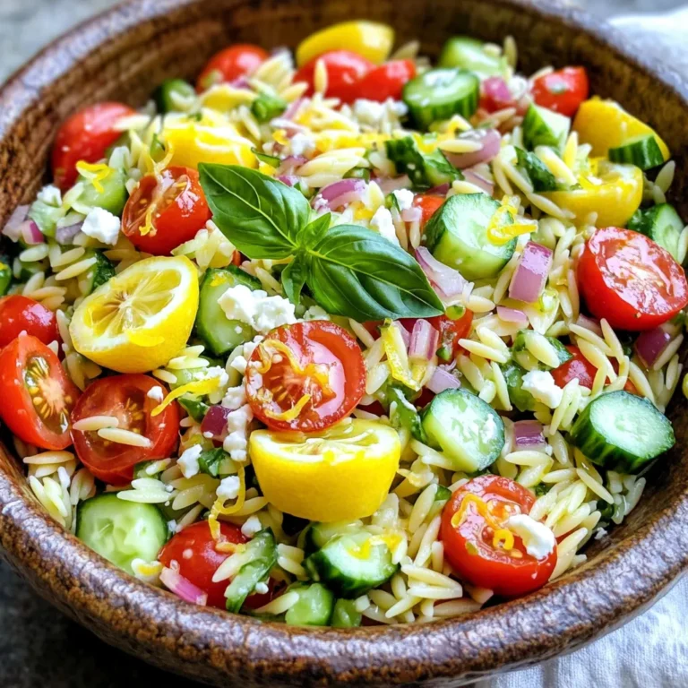 To make a Lemon Basil Orzo Salad, gather these fresh ingredients: - 1 cup orzo pasta - 2 cups vegetable broth - 1 cup cherry tomatoes, halved - 1 cup cucumber, diced - 1/4 cup red onion, finely chopped - 1/2 cup fresh basil leaves, chopped - 1/4 cup feta cheese, crumbled - 3 tablespoons olive oil - 2 tablespoons fresh lemon juice - 1 teaspoon lemon zest - Salt and freshly ground black pepper to taste If you can't find orzo, try using whole wheat pasta or quinoa for a twist. For a vegan option, skip the feta cheese or use a plant-based version. You can replace cherry tomatoes with diced bell peppers or radishes. Instead of fresh basil, use fresh parsley or mint for a different flavor. If you want more crunch, add nuts like pine nuts or walnuts. This Lemon Basil Orzo Salad serves four and offers a delightful mix of nutrients. Each serving contains about: - Calories: 220 - Total Fat: 10g - Saturated Fat: 2g - Protein: 6g - Carbohydrates: 28g - Fiber: 3g - Sugars: 2g This salad is not just tasty; it's also a good balance of flavor and nutrition. Enjoy the freshness while knowing it's good for you! For the full recipe with detailed steps, check the [Full Recipe]. Start by boiling 2 cups of vegetable broth in a medium saucepan. Bring it to a rolling boil. Add 1 cup of orzo pasta. Cook the orzo for about 8 to 10 minutes, or until it is al dente. Drain the pasta using a colander. Rinse it under cold water to stop the cooking. This step cools the pasta quickly and keeps it firm. Set the orzo aside to cool completely. While the orzo cools, chop your vegetables. In a large mixing bowl, mix together 1 cup of halved cherry tomatoes, 1 cup of diced cucumber, and 1/4 cup of finely chopped red onion. Stir gently so you don’t break the tomatoes. Once the orzo is cool, add it to the bowl with the veggies. Toss everything gently to combine. This helps keep the orzo intact and blends the flavors well. In a small bowl, make the dressing. Whisk together 3 tablespoons of olive oil, 2 tablespoons of fresh lemon juice, and 1 teaspoon of lemon zest. Season with salt and freshly ground black pepper. Mix until the dressing is smooth and well combined. Drizzle the dressing over the salad mix. Toss gently again to coat every ingredient with the dressing. Finally, fold in 1/2 cup of chopped fresh basil and 1/4 cup of crumbled feta cheese. These add flavor and texture. Taste your salad and adjust seasoning if needed. Let the salad chill in the fridge for at least 30 minutes before serving. This wait allows the flavors to blend beautifully. For the full recipe, refer to the earlier section. When making Lemon Basil Orzo Salad, avoid overcooking the orzo. If cooked too long, it turns mushy. Always taste it a minute or two before the package time ends. Rinsing the orzo is key; it cools the pasta and stops cooking. Skip this, and you risk soggy salad. Another mistake is not seasoning enough. A little salt and pepper bring out flavors. Don't forget to taste before serving and adjust if needed. To boost flavor, use fresh ingredients. Fresh basil makes a big difference in taste. You can also add a splash of white wine vinegar for zing. For a creamier texture, try using a bit more feta cheese. Lemon zest adds brightness; don't skip it! Letting the salad chill for at least 30 minutes allows flavors to mix. This waiting time is well worth it. Serve your Lemon Basil Orzo Salad in a large bowl for family-style meals. For a fancy touch, use individual bowls. Garnish each serving with extra basil leaves and some crumbled feta. This adds color and makes it look appealing. Pair it with grilled chicken or fish for a full meal. You can also enjoy it as a light lunch or picnic dish. Check the Full Recipe for more details! {{image_4}} You can change up the veggies in your Lemon Basil Orzo Salad. Try adding bell peppers for a sweet crunch. Zucchini or yellow squash also work well. If you like a bit of heat, add diced jalapeños or red pepper flakes. For a refreshing twist, toss in some diced avocado or artichoke hearts. You can mix and match these veggies based on what you have at home or what’s in season. While the lemon dressing is fantastic, you can try new flavors. A balsamic vinaigrette adds a sweet-tart taste. For a creamy touch, mix in a yogurt dressing. You can also use a simple olive oil and vinegar combo. A touch of pesto can give it a unique spin too. Experiment to find a dressing that makes your taste buds dance! To make this salad more filling, add protein. Grilled chicken is a great choice. It pairs nicely with the lemon flavor. Shrimp adds a seafood twist, bringing a sweet and savory balance. You can also use chickpeas or black beans for a plant-based option. Just cook them well and mix them in. This way, you can create a hearty meal that satisfies your hunger. Check out the Full Recipe for more ideas! Store leftover Lemon Basil Orzo Salad in an airtight container. Keep it in the fridge. It stays fresh for about 3 days. If you plan to eat it later, don’t mix in the feta or basil. Add them just before serving. This keeps the salad fresh and colorful. You can eat this salad cold or at room temperature. If you prefer it warm, heat it gently in a microwave. Use low power for a short time to avoid overcooking. Stir it every 30 seconds until warm. Avoid heating too long, or it may become mushy. This salad is best when fresh. It lasts about 3 days in the fridge. You can freeze it but expect a change in texture. Freeze it in a freezer-safe bag for up to 2 months. When ready to eat, thaw it overnight in the fridge. For the best taste, eat it fresh! For the full recipe, check out the Lemon Basil Orzo Salad . You can use other small pasta shapes like ditalini, couscous, or quinoa. Each option brings a unique texture. If you want a gluten-free choice, try rice or gluten-free pasta. These swaps still let you enjoy a tasty salad. Yes, you can make this salad ahead. Prepare it a day in advance for the best flavors. Store it in the fridge, covered. Just add basil and feta before serving to keep them fresh. Traditional orzo is not gluten-free, as it’s made from wheat. If you need a gluten-free salad, use gluten-free pasta or quinoa instead. This keeps the dish safe for those with gluten sensitivities. Lemon Basil Orzo Salad pairs well with grilled chicken or fish. You can also serve it alongside roasted vegetables or garlic bread. These sides complement the fresh flavors of the salad nicely. For a complete recipe, check out the [Full Recipe]. In this post, I shared the key ingredients, step-by-step cooking process, and tips for making a perfect Lemon Basil Orzo Salad. I also covered storage options and answered common questions. This salad is versatile and easy to customize. You can swap ingredients and make it your own. Now, it's your turn to enjoy this fresh dish. Happy cooking!