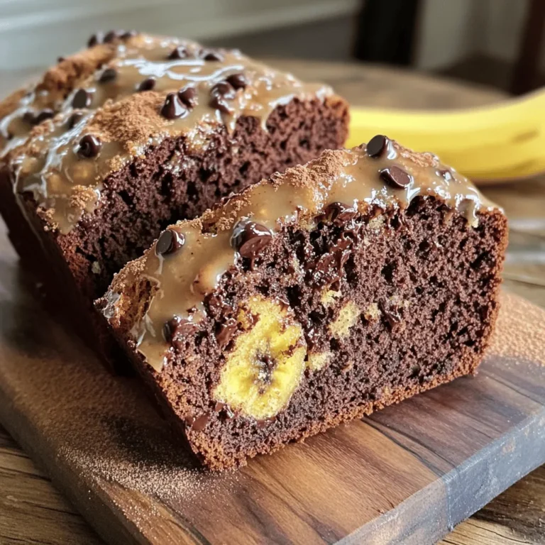 - 3 ripe bananas, mashed (about 1 1/2 cups) - 1/3 cup coconut oil, melted - 1/2 cup brown sugar, packed - 1 large egg, beaten - 1 teaspoon vanilla extract - 1 teaspoon baking soda - A pinch of salt - 1 1/2 cups all-purpose flour - 1/2 cup chocolate chips (semi-sweet or dark, your choice) The main ingredients create a rich flavor. Ripe bananas give the bread natural sweetness. Coconut oil adds moisture and a slight tropical taste. Brown sugar brings a deep, caramel-like note. The egg binds everything together. Baking soda helps the bread rise. Flour gives a soft texture, while chocolate chips add bursts of sweetness. - 1/4 teaspoon ground cinnamon - Nut butter for serving Adding ground cinnamon enhances the warmth of the bread. It pairs well with bananas. Nut butter on top gives a creamy texture and more flavor. You can use peanut, almond, or cashew butter. - Mixing bowls - Whisk or fork - 9x5-inch loaf pan You will need mixing bowls to combine ingredients. A whisk or fork works great for mixing wet ingredients. A 9x5-inch loaf pan is perfect for baking your banana bread. This size helps the bread cook evenly. For the full recipe, check out the [Full Recipe]. 1. Preheat your oven to 350°F (175°C). 2. Grease a 9x5-inch loaf pan with cooking spray or coconut oil. 3. In a large bowl, mash the ripe bananas until smooth. 4. Add the melted coconut oil to the bananas. Mix well with a fork or whisk. 5. Stir in the packed brown sugar, beaten egg, and vanilla extract. 1. Sprinkle baking soda and a pinch of salt over the mixture. 2. Mix until everything is just combined. Be gentle with the batter. 3. Gradually add the all-purpose flour to the bowl. 4. Use a spatula to fold in the flour until no streaks remain. 1. Carefully fold in the chocolate chips. Ensure they are evenly spread in the batter. 2. Pour the batter into the prepared loaf pan. Smooth the top for even baking. 1. Bake the bread for 55 to 65 minutes. It should turn golden brown. 2. Check doneness by inserting a toothpick into the center. It should come out clean. 3. Once baked, remove the bread from the oven. Let it cool in the pan for 10 minutes. 4. Transfer the bread to a wire rack to cool completely before slicing. Choosing the right bananas Use ripe bananas for the best flavor. Look for bananas with brown spots. The riper they are, the sweeter your bread will be. You can also freeze overripe bananas for later use. This helps avoid waste and ensures you always have ripe bananas on hand. Avoiding overmixing Mix the batter gently. Overmixing can lead to tough banana bread. Stir until the flour disappears but leave some lumps. This keeps the bread light and fluffy. Remember, a little mixing goes a long way in making a perfect loaf. Variations with spices Add spices for extra flavor. Ground cinnamon is a great choice. It adds warmth and richness. You can also try nutmeg or even a hint of cardamom for a unique twist. Just a pinch can elevate the taste. Adjusting sweetness Feel free to adjust the sweetness. If you like your bread less sweet, cut back on the brown sugar. You can also use honey or maple syrup as a substitute. Taste the batter before baking to find the right balance for you. Butter or nut butter toppings Serve slices warm with butter or nut butter. Almond or peanut butter works great. This adds a creamy texture and enhances the flavor. You can also drizzle honey on top for a sweet touch. Garnishing ideas For a fun garnish, add banana slices on top. A sprinkle of cocoa powder or chopped nuts also looks nice. These simple touches make your banana bread look more appetizing. Plus, they add a little extra crunch to each bite. {{image_4}} You can add fun textures to your chocolate chip banana bread. Try mixing in walnuts or pecans for a nice crunch. These nuts boost flavor and add healthy fats. You can also swirl in almond butter for a rich, nutty touch. This twist makes each bite creamy and delicious. If you want a lighter option, use honey instead of sugar. Honey adds sweetness and moisture without refined sugar's drawbacks. Whole wheat flour is another good swap. It adds fiber and nutrients, making your bread more filling. Choosing the right chocolate is key. You can use dark or semi-sweet chocolate chips, depending on your taste. Dark chocolate gives a rich, bold flavor, while semi-sweet is milder. For an extra chocolate kick, add cocoa powder to your batter. This makes your banana bread even more chocolatey and indulgent. For the full recipe, check out the Choco-Banana Bliss Bread. To keep your chocolate chip banana bread fresh, store it at room temperature. Place it in an airtight container or wrap it in plastic wrap. This method keeps the bread moist for about three days. If your kitchen is warm, consider refrigerating it. Wrap it well to prevent it from drying out. The fridge can add a day or two to its life. If you want to save banana bread for later, freezing is a great option. Slice the bread first for easy thawing. Wrap each slice tightly in plastic wrap, then place them in a freezer bag. This method keeps the bread fresh for up to three months. When you crave a slice, remove it from the freezer and let it thaw at room temperature. You can also warm it in the microwave for a few seconds. Yes, you can use frozen bananas. They work great for banana bread. To thaw them, place the frozen bananas in a bowl. Let them sit at room temperature for about 30 minutes. You can also microwave them for about 30 seconds. Once thawed, peel and mash them well. This will give you the right texture for your bread. The moisture from the bananas will help keep your bread moist and tasty. Yes, you can make this recipe vegan. To replace the egg, use 1/4 cup of unsweetened applesauce. This will keep your bread moist. Instead of coconut oil, you can use any plant-based oil. For milk, use almond or soy milk. These simple swaps keep the flavor while making it vegan-friendly. You can check if your banana bread is done with a toothpick. Insert it into the center of the loaf. If it comes out clean or with a few moist crumbs, it’s ready. If it has wet batter on it, bake for a few more minutes. Make sure to keep an eye on it during the last few minutes of baking. This step ensures you avoid dry bread. Enjoy the delicious banana bread! For the full recipe, check out the Choco-Banana Bliss Bread section! You now have all the tools to bake delicious banana bread. We explored key ingredients, like ripe bananas and chocolate chips, and I shared step-by-step instructions for a perfect loaf. You learned helpful tips to enhance flavor and various options for healthier versions. Remember to store your banana bread properly for the best taste. Baking is fun and rewarding, so enjoy your creation! Embrace your inner baker and share your yummy results with friends. Happy baking!