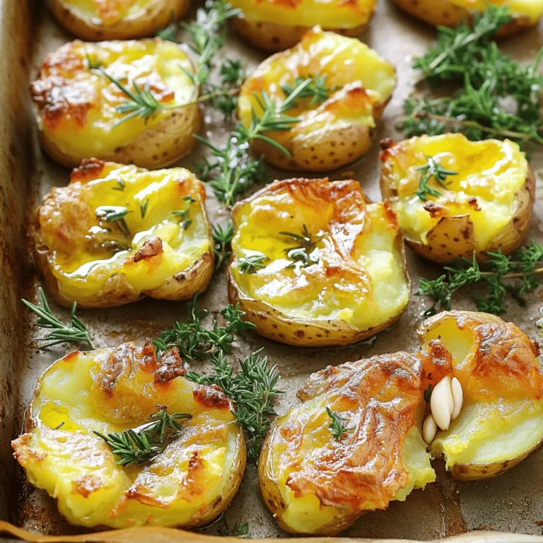 - 1.5 pounds baby potatoes - 3 tablespoons olive oil - 2 cloves garlic, minced - 1 teaspoon dried oregano - 1 teaspoon fresh rosemary, finely chopped - 1 teaspoon fresh thyme leaves - Salt and pepper, to taste - 2 tablespoons fresh parsley, chopped (for garnish) To make smashed potatoes with herbs, start with baby potatoes. They cook fast and have great flavor. You need olive oil for crispiness and garlic for a tasty kick. Fresh herbs like rosemary and thyme add a lovely aroma and depth. Dried oregano gives a nice earthy touch. Salt and pepper enhance all these flavors. Finally, fresh parsley adds color and freshness when you serve. Finding the right fresh herbs is key. Choose what you love, or try different herbs to match your taste. You can mix and match based on what is available in your kitchen or garden. This recipe is flexible, allowing you to experiment while keeping it simple. For the full recipe, check the details above. Enjoy these smashed potatoes as a side dish or snack! 1. Wash and clean the baby potatoes: Start by rinsing the baby potatoes under cool running water. This removes dirt and any debris. Use a brush if needed. 2. Boil the potatoes until tender: Place the cleaned potatoes in a pot. Cover them with water and add a pinch of salt. Bring the water to a boil over high heat. Lower the heat to medium once boiling. Cook for 15-20 minutes. Check if they are done by piercing with a fork. 3. Drain and let them cool: After cooking, drain the potatoes in a colander. Let them sit for a few minutes to cool off. This helps steam escape and makes them easier to smash. 1. Preheat the oven and prepare the baking sheet: While the potatoes cool, preheat your oven to 425°F (220°C). Line a baking sheet with parchment paper. This will help with easy cleanup. 2. Smash the cooled potatoes gently: Once the potatoes are cool enough to handle, place them on the baking sheet. Using a flat-bottomed glass or a potato masher, press down gently. You want to flatten them but keep their shape. 1. Combine seasoning ingredients: In a small bowl, mix the olive oil, minced garlic, dried oregano, chopped rosemary, thyme, and a good pinch of salt and pepper. Stir until well combined. 2. Brush seasoned oil over potatoes: Use a brush or spoon to spread the herb-infused oil over each smashed potato. Make sure they are well-coated for maximum flavor. 3. Roast until golden brown: Place the baking sheet in the oven. Roast the potatoes for about 20-25 minutes. Keep an eye on them. They should turn golden brown and crispy on the edges. For the full recipe, refer to the instructions above. Enjoy this simple yet flavorful dish! To get the best texture for your smashed potatoes, start with the right boiling method. Use a large pot and cover the potatoes with water. Add a pinch of salt to the water. Bring it to a boil, then lower the heat to simmer. Cook them for 15-20 minutes. You want them tender enough to pierce but firm enough not to fall apart. When smashing the potatoes, use a flat-bottomed glass or a potato masher. Gently press down on each potato. Smash them just enough to flatten but keep their shape. If you smash too hard, they may break apart. Herbs add great flavor to smashed potatoes. Here are some ideas for herbs to use: - Rosemary: Gives a woodsy taste. - Thyme: Adds a fresh, earthy note. - Chives: Offers a mild onion flavor. For oil, I recommend using olive oil. It has a nice taste and works well with herbs. You can also try avocado oil for a different flavor. You can serve smashed potatoes in many ways. Pair them with proteins like grilled chicken or steak. They also go well with roasted vegetables for a lighter meal. For a fun presentation, try stacking smashed potatoes on a plate. Drizzle some extra herb oil on top for color. You can also garnish with fresh parsley, which adds a pop of green and freshness to the dish. For the full recipe, check out the other sections! {{image_4}} You can easily change the taste of your smashed potatoes. Here are two fun ideas: - Cheese-infused smashed potatoes: Add your favorite cheese to the mix. Cheddar or Parmesan works great. Just sprinkle it on before roasting for a cheesy crust. - Spicy smashed potatoes with chili flakes: If you like heat, add some chili flakes to the oil mixture. This will give your potatoes a spicy kick. Sometimes, you may not have all the ingredients. Here are some swaps to try: - Substitutes for fresh herbs: If you lack fresh herbs, use dried ones. Just remember, half the amount will work. Dried herbs are stronger, so adjust to your taste. - Using different potato types: You don’t have to stick with baby potatoes. Russet or Yukon Gold potatoes can work just as well. Each type offers a unique flavor. Need to adjust the recipe for dietary needs? Here’s how: - Vegan alternatives: Swap olive oil for avocado oil for a vegan option. You can also skip any cheese for a fully plant-based dish. - Gluten-free considerations: This recipe is naturally gluten-free. Just ensure any seasonings you use are gluten-free as well. For the full recipe, check out the [Full Recipe]. To keep your smashed potatoes fresh, start by letting them cool down. Place them in an airtight container. You can store them in the fridge for about 3 to 5 days. If you want to keep them longer, consider freezing them. To freeze smashed potatoes, spoon them into a freezer-safe bag. Flatten the bag to remove excess air before sealing. This way, they’ll take up less space in your freezer. For the best texture when reheating, use your oven. Preheat it to 350°F (175°C). Spread the smashed potatoes on a baking tray. Heat them for about 15 to 20 minutes. This method helps keep them crispy. If you want to avoid sogginess, place a piece of parchment paper under the potatoes. This lets steam escape. You can also reheat them in a skillet on medium heat. Just add a splash of olive oil to help them crisp up again. How do I make smashed potatoes crispy? To make your smashed potatoes crispy, roast them at a high heat. Use olive oil to coat them well. Ensure they are smashed enough to create edges, which will get crispy. Can I prepare smashed potatoes ahead of time? Yes, you can prepare smashed potatoes ahead of time. Boil and smash them, then store in the fridge. When ready to serve, brush with oil and roast until golden. What herbs work best for smashed potatoes? Fresh herbs like rosemary, thyme, and parsley work best. You can also try oregano or chives for added flavor. Mixing them adds a nice touch to your dish. Calories and nutritional breakdown One serving of smashed potatoes with herbs contains about 200 calories. This includes healthy fats from olive oil and fiber from potatoes. Health benefits of the ingredients used Potatoes are rich in vitamins C and B6. Olive oil adds healthy fats, which are good for heart health. Fresh herbs provide antioxidants and enhance flavor without extra calories. Does cooking time vary based on potato size? Yes, cooking time does vary with potato size. Smaller baby potatoes cook faster than larger ones. Always check for tenderness by piercing them with a fork. How to check if potatoes are fully cooked? To check if potatoes are fully cooked, pierce them with a fork. If the fork goes in easily, they are done. If they resist, give them a few more minutes. Smashed potatoes are simple and fun to make. We covered the ingredients, steps, and tips for perfect results. You learned about variations and how to store leftovers. Try adding your favorite herbs for more flavor. This dish pairs well with many meals and is a hit at any table. Now you have the tools to impress your friends and family with delicious smashed potatoes. Enjoy cooking and experimenting with new flavors!