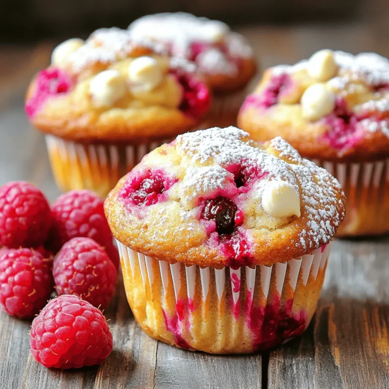 To make these delightful Raspberry White Chocolate Muffins, gather the following: - 1 ½ cups all-purpose flour - ½ cup granulated sugar - 1 tablespoon baking powder - ½ teaspoon salt - ½ cup unsalted butter, melted and slightly cooled - 2 large eggs, at room temperature - ¾ cup whole milk - 1 teaspoon pure vanilla extract - 1 cup fresh raspberries (or frozen, thawed and patted dry) - ½ cup white chocolate chips - Zest of 1 lemon You can customize these muffins to suit your taste. Consider adding: - A pinch of cinnamon for warmth - Chopped nuts for crunch - Other berries like blueberries or strawberries These choices add fun twists while keeping the core recipe intact. Enjoy the process of making these muffins, and feel free to experiment! For the full recipe, check out the complete guide to these Raspberry White Chocolate Muffins. 1. Preheat the oven and prepare the muffin tin: Start by setting your oven to 375°F (190°C). This step is crucial because it helps the muffins rise well. Next, prepare a standard muffin tin by lining it with paper liners or greasing it with non-stick spray. This makes it easier to remove the muffins later. 2. Mix dry ingredients properly: In a large bowl, add 1 ½ cups of all-purpose flour, ½ cup of granulated sugar, 1 tablespoon of baking powder, and ½ teaspoon of salt. Whisk these dry ingredients together until they are well combined. This ensures that each muffin has a balanced flavor. 3. Combine wet ingredients thoroughly: In a medium bowl, mix ½ cup of melted butter, 2 large eggs, ¾ cup of whole milk, and 1 teaspoon of pure vanilla extract. Whisk these together until they are smooth and uniform. This step blends the flavors and adds moisture to your muffins. - Importance of folding wet into dry: Gently pour the wet mixture into the bowl of dry ingredients. Use a spatula to mix until just combined. It is okay if there are a few lumps; overmixing can make the muffins tough. Folding helps to keep the batter light and airy. - Tips for handling the batter gently: When you add the raspberries and white chocolate chips, fold them in carefully. This prevents the raspberries from breaking apart. Aim to keep the mix light; your muffins will be fluffier this way. - Guidelines for muffin filling and baking time: Spoon the muffin batter into the prepared cups, filling each about three-quarters full. This gives the muffins room to rise. Bake them in the preheated oven for 18-20 minutes. They are done when a toothpick comes out clean, with a few moist crumbs. - Cooling recommendations and tips: Once baked, let the muffins cool in the pan for about 5 minutes. Then, move them to a wire rack to cool completely. This helps prevent sogginess and keeps them delicious. Enjoy your Raspberry White Chocolate Muffins warm or at room temperature! For the full recipe, check out the complete instructions and tips! To make great muffins, avoid common mistakes. One big mistake is overmixing the batter. When you mix too much, the muffins become dense and tough. Mix just until all the dry and wet ingredients come together. A few lumps are okay! Another key tip is to ensure even distribution of ingredients. When adding raspberries and white chocolate, fold them in gently. This keeps the raspberries intact and spreads the flavors throughout the batter. You want to taste those bursts of raspberry and smooth chocolate in every bite. To boost the flavor, consider adding spices or extracts. A pinch of cinnamon or nutmeg can enhance the taste. You might also try a dash of almond extract for a unique twist. Using organic ingredients makes a difference too. Fresh, organic raspberries and high-quality white chocolate can elevate your muffins. They taste better and add a nice flair to your baking. Always opt for the best ingredients you can find. For the complete recipe, check out the Full Recipe. {{image_4}} You can get creative with your raspberry white chocolate muffins. If you want to skip the white chocolate, try using dark chocolate or milk chocolate instead. Both options add a rich flavor that pairs well with raspberries. For fruit, think outside the box! You can add blueberries, chopped strawberries, or even peaches. Each fruit brings a unique taste and texture to the muffins. Experiment with what you have on hand for tasty results. If you need gluten-free options, swap the all-purpose flour for a gluten-free blend. Many blends work well in muffins. Just check the package for measurements. For vegan alternatives, replace eggs with flaxseed meal or applesauce. Use almond milk or oat milk instead of whole milk. You can also find vegan butter to keep the texture rich and moist. These swaps help make these muffins fit different diets without losing flavor. To keep your Raspberry White Chocolate Muffins fresh, store them properly. First, let the muffins cool completely. This step prevents moisture buildup, which can make muffins soggy. Place the muffins in an airtight container. You can also use a resealable plastic bag. This keeps air out and helps them stay soft. - Use a container that fits all muffins without squishing them. - If you want to keep them longer, add a piece of paper towel inside. This absorbs extra moisture. Freezing muffins is a great way to enjoy them later. To freeze your Raspberry White Chocolate Muffins, wrap each muffin in plastic wrap or foil. Then, place them in a freezer-safe bag or container. This protects them from freezer burn. - Label the bag with a date. This way, you know how long they’ve been frozen. - To defrost, take a muffin out and leave it at room temperature for about an hour. If you want it warm, pop it in the microwave for 15-20 seconds. Enjoy your muffins fresh even after freezing! For the complete recipe, check the Full Recipe section. Can I use frozen raspberries instead of fresh? Yes, you can use frozen raspberries. Just remember to thaw and pat them dry. This helps avoid extra moisture in your muffins. I love using frozen raspberries when fresh ones are out of season. They still taste great! What can I substitute for white chocolate? If you want a change, dark chocolate chips work well. You can also use butterscotch or even a mix of nuts. This keeps the muffins tasty while changing the flavor a bit. How do I know when muffins are done baking? Stick a toothpick in the center of a muffin. If it comes out clean or with a few crumbs, they are done. They should also look golden brown on top and spring back when lightly pressed. Can I double the recipe? Yes, you can double the recipe. Just make sure you have a big enough mixing bowl. Some people like to make more to share, and I think that's a great idea! What oven temperature is best for muffin baking? I recommend baking muffins at 375°F (190°C). This temperature helps them rise well and cook evenly. It’s the sweet spot for getting those perfect, fluffy muffins. You learned how to make delicious raspberry white chocolate muffins. We covered ingredients, preparation, and baking tips. You now know how to customize your muffins to match your taste. Remember to avoid common mistakes and store them properly. Muffins stay fresh longer with the right care. Always feel free to experiment with flavors or dietary needs. Baking can be fun and rewarding! Enjoy making your tasty treats and impressing others with your skills.