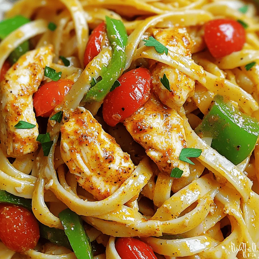 - 2 boneless, skinless chicken breasts, cut into strips - 8 ounces fettuccine pasta - 1 tablespoon Cajun seasoning - 1 cup heavy cream - 1 green bell pepper, sliced into thin strips - 1 red bell pepper, sliced into thin strips - 1 medium onion, thinly sliced - 3 cloves garlic, minced - 1 cup cherry tomatoes, halved - Fresh parsley, chopped (for garnish) - 2 tablespoons olive oil - Salt and freshly ground pepper to taste - 1 cup shredded Parmesan cheese Cajun Chicken Pasta is a rich dish full of flavors. It features chicken, pasta, and a creamy sauce. The main ingredients, like chicken and fettuccine, create a hearty base. The Cajun seasoning adds a spicy kick. This dish is perfect for spice lovers. The vegetables bring color and taste. Bell peppers and onions add sweetness. Garlic gives depth, while cherry tomatoes add a juicy burst. I love garnishing with fresh parsley. It adds a pop of green and fresh flavor. Using olive oil helps cook the chicken and veggies well. Salt and pepper are essential for flavor. Parmesan cheese gives the sauce a creamy, cheesy finish. You can find the Full Recipe with detailed steps to make this dish a hit. Enjoy cooking! To cook fettuccine to al dente, start by boiling salted water in a large pot. Once the water boils, add 8 ounces of fettuccine. Cook for about 8 to 10 minutes, stirring occasionally. Test the pasta a minute early. It should be firm yet tender. Drain the pasta in a colander, and be careful not to overcook it. Set it aside while you prepare the rest of the dish. For Cajun chicken, seasoning is key. Take 2 boneless, skinless chicken breasts and cut them into strips. In a bowl, mix the chicken with 1 tablespoon of Cajun seasoning. Toss well to coat every piece. This adds great flavor. Next, heat a large skillet over medium-high heat, and add 2 tablespoons of olive oil. Once the oil shimmers, add the seasoned chicken. Cook for about 5 to 7 minutes, stirring often. When the chicken is golden brown and cooked through, remove it from the skillet and set it aside. In the same skillet, add the remaining olive oil. Toss in sliced green and red bell peppers, along with a thinly sliced onion. Sauté for 4 to 5 minutes until the veggies soften. Then add 3 cloves of minced garlic and 1 cup of halved cherry tomatoes. Cook for another 2 minutes, allowing the garlic to release its aroma. Now, lower the heat to medium-low. Pour in 1 cup of heavy cream, stirring gently. Gradually add 1 cup of shredded Parmesan cheese. Keep stirring until the cheese melts and the sauce is smooth. Once your sauce is creamy, return the cooked fettuccine and the sautéed chicken to the skillet. Toss everything together until the pasta and chicken are well coated with the sauce. This is where the magic happens! Season with salt and freshly ground pepper to taste. For the final touch, sprinkle fresh chopped parsley over the top before serving. This adds a bright color and freshness to your dish. For a detailed view of the ingredients and precise steps, refer to the Full Recipe. To enjoy your Cajun chicken pasta, start with the spice level. If you like heat, add more Cajun seasoning. If not, reduce the amount. A little tweak can change the whole plate. You can also use different spices like paprika or cayenne for a unique twist. For the best creaminess, use heavy cream. This makes the sauce rich and smooth. Stir in the cheese slowly. It helps the cheese blend well. If the sauce is too thick, add a splash of pasta water. This helps to loosen it up without losing flavor. Serve your Cajun chicken pasta with garlic bread or a fresh salad. A crisp green salad balances the richness of the dish. You can also add a side of roasted vegetables for color and texture. To make your plate pop, add fresh parsley on top. This brightens the dish and adds a fresh taste. Use a nice bowl to serve. A simple, elegant presentation makes your meal feel special. Use a large skillet for cooking. A 12-inch skillet gives you enough space to sauté. If your skillet is too small, food can steam instead of brown. This affects flavor. A good wooden spoon helps you stir the sauce well. It prevents scratching your skillet. For boiling pasta, a heavy pot works best. It holds heat, ensuring even cooking. This way, your fettuccine turns out perfect every time. For the complete experience, check out the Full Recipe. {{image_4}} You can swap chicken for shrimp or tofu. These choices add new flavors. If you use shrimp, cook it for about 3 to 5 minutes until it turns pink. Tofu needs about 7 to 10 minutes to get crispy and golden. Make sure to season both well with Cajun spices for that classic taste. To make Cajun chicken pasta plant-based, use firm tofu or tempeh. For the sauce, try coconut cream or cashew cream instead of heavy cream. Both options keep the dish rich and tasty without dairy. To enhance the flavor, add nutritional yeast for a cheesy taste. Want to spice things up? Add more Cajun seasoning or a dash of hot sauce. Fresh herbs like basil or thyme can also brighten the dish. For cheese lovers, experiment with different cheeses. Try pepper jack for a kick or goat cheese for a creamy finish. Each choice gives a unique twist to your pasta delight. For the full recipe, check out the Spicy Cajun Chicken Pasta Delight! To store leftovers of Cajun Chicken Pasta, let it cool first. Place it in an airtight container. This keeps the dish fresh and tasty. You can keep it in the fridge for up to three days. Be sure to look for signs of spoilage before eating. To freeze Cajun Chicken Pasta, start by allowing it to cool completely. Transfer it into a freezer-safe container. Seal it tightly to avoid freezer burn. You can freeze it for up to three months. When ready to enjoy, thaw it overnight in the fridge. Reheat gently on the stove with a splash of cream to keep it creamy. If you want to prepare in advance, make a big batch of this dish. Portion it into single servings. This makes it easy for busy weeks. You can grab a meal whenever you need one. Cajun Chicken Pasta is perfect for quick lunches or dinners. What is Cajun Chicken Pasta? Cajun Chicken Pasta is a rich dish with bold flavors. It combines tender chicken, spicy Cajun seasoning, and creamy sauce with fettuccine. This dish offers a taste of Louisiana right in your kitchen. You will love how the spices mingle with the creaminess. How long does it take to make Cajun Chicken Pasta? You can make Cajun Chicken Pasta in about 30 minutes. The prep time is about 15 minutes, and cooking takes another 15 minutes. It’s quick for a weeknight meal yet fancy enough for guests. Can I use a different type of pasta? Yes, you can use any pasta you like. Penne, rotini, or spaghetti work well too. Just cook the pasta according to the package instructions. Each type will bring a unique texture to the dish. What can I use instead of heavy cream? If you want a lighter option, use half-and-half or whole milk. You can also use coconut milk for a dairy-free choice. Just remember that these options may change the sauce's texture slightly. What drinks pair well with Cajun Chicken Pasta? A chilled white wine, like Sauvignon Blanc, complements this dish nicely. It balances the spice and cream. For a non-alcoholic drink, try iced tea or lemonade. Both add a refreshing touch. Are there vegetarian variations of this dish? Absolutely! You can swap chicken for vegetables like zucchini, mushrooms, or bell peppers. Use tofu for protein. The creamy sauce works well with these veggies, keeping the dish tasty and satisfying. For the full recipe, check the detailed instructions provided above. Enjoy making your Cajun Chicken Pasta! In this post, we explored how to make Cajun Chicken Pasta. We covered ingredients like chicken, fettuccine, and veggies. You learned step-by-step instructions for cooking and mixing the dish. I shared tips to adjust spice levels and enhance flavors. Don't forget the storage tips to keep leftovers fresh. Cajun Chicken Pasta is a fun and tasty meal. It's easy to make and perfect for sharing. Enjoy creating your own version and feel free to experiment!