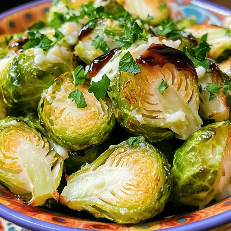 - 1 lb Brussels sprouts - 4 cloves of garlic - Extra-virgin olive oil The main ingredients create a tasty base for Garlic Roasted Brussels Sprouts. Start with fresh Brussels sprouts. You want them firm and bright green. The garlic adds a punch of flavor. Use fresh cloves for the best taste. Extra-virgin olive oil helps the sprouts roast perfectly. It adds richness and helps flavors blend well. - Sea salt and black pepper - Balsamic vinegar and honey - Parmesan cheese and parsley Seasoning is key to great flavor. A pinch of sea salt and black pepper brings out the natural taste of the Brussels sprouts. Balsamic vinegar and honey add a delightful sweetness and tanginess. If you want a creamy touch, sprinkle Parmesan cheese on top. Fresh parsley not only adds flavor but also brightens the dish's look. - Calories per serving: Approximately 150 calories - Health benefits of Brussels sprouts: Rich in vitamins C and K Brussels sprouts are not just tasty; they are good for you too! They are low in calories and high in fiber. This helps with digestion and keeps you full. They are also packed with vitamins. Vitamin C boosts your immune system, while vitamin K supports bone health. Enjoy your Garlic Roasted Brussels Sprouts knowing you are eating healthy! For the full recipe, check out the Full Recipe section. First, you need to preheat your oven to 400°F (200°C). This temperature helps the Brussels sprouts cook evenly. While the oven warms up, trim the ends of the Brussels sprouts. Then, cut each sprout in half. This step allows for better roasting and helps them cook faster. Next, take a large mixing bowl. Add the halved Brussels sprouts, minced garlic, and extra-virgin olive oil. Toss everything together until the sprouts are nicely coated. Sprinkle in sea salt and freshly ground black pepper. This adds great flavor to your dish. Now, arrange the Brussels sprouts on a baking sheet. Make sure to spread them out in a single layer. If they are too close, they won’t roast well. Place the baking sheet in the oven and roast for about 20-25 minutes. Halfway through cooking, stir the sprouts gently. This helps them brown evenly and get crispy. For the complete recipe, be sure to check out the [Full Recipe]. Spacing and temperature are key to great roasted Brussels sprouts. Make sure to spread the sprouts out on the baking sheet. If they are too close, they will steam instead of roast. This can lead to a soggy texture. Aim for a single layer for best results. Preheat your oven to 400°F (200°C). This hot temperature helps the sprouts caramelize and turn golden brown. To achieve that crispy texture, roast for 20-25 minutes. Stir halfway through to ensure they cook evenly. You'll know they are done when they are golden brown with crispy edges. Trust me, this is the magic moment! While garlic and olive oil are perfect, you can add more flavor. Try spices like smoked paprika or cayenne pepper for a kick. These add depth and a hint of heat. If you want a touch of sweetness, drizzle some maple syrup over the sprouts. This will balance the flavors perfectly. Presentation makes your dish shine. Serve the finished Brussels sprouts in a vibrant bowl. This helps the golden color pop. For an extra touch, sprinkle fresh parsley on top. The green color adds freshness and looks inviting. You can also squeeze fresh lemon juice over them just before serving. This brightens the flavor and adds a lovely zing. For the full recipe, check out the Garlic Roasted Brussels Sprouts section. {{image_4}} You can make garlic roasted Brussels sprouts even tastier with some fun additions. - Adding nuts or seeds: Toss in some chopped walnuts or sliced almonds. This adds a nice crunch and rich flavor. You can also try sunflower seeds for a nut-free option. - Spicing it up with red pepper flakes: If you like heat, sprinkle some red pepper flakes on the sprouts. This gives a mild kick that works well with the garlic and balsamic glaze. Eating needs can vary, so here are some easy swaps. - Vegan-friendly substitutions: To keep it vegan, just skip the Parmesan cheese. Use maple syrup instead of honey for the glaze. Both changes keep the dish delicious and plant-based. - Gluten-free options: This recipe is naturally gluten-free. Just make sure any added ingredients, like balsamic vinegar, are also gluten-free. Brussels sprouts pair well with many dishes, making them great for any meal. - Best side dishes to complement: Serve them with creamy mashed potatoes or fluffy quinoa. Both sides balance the sprouts' flavors and textures nicely. - Main courses that go well with Brussels sprouts: Roast chicken or grilled salmon are perfect options. Their savory notes blend beautifully with the garlic and balsamic flavors of the sprouts. Explore the [Full Recipe] for more tips and details on this dish! To store leftovers, cool the Brussels sprouts first. Place them in an airtight container. This helps keep them fresh for longer. Store in the fridge for up to three days. When you’re ready to eat, reheat them in the microwave or oven. For the oven, preheat to 350°F (175°C) and warm them for about 10 minutes. This keeps them crispy and tasty. You can freeze cooked Brussels sprouts if you want to keep them longer. First, let them cool completely. Then, spread the sprouts in a single layer on a baking sheet. Freeze until solid, which takes about an hour. Afterward, transfer them to a freezer-safe bag or container. This way, they won’t stick together. When you are ready to use them, thaw in the fridge overnight. Reheat in the oven or microwave until hot. When stored properly, cooked Brussels sprouts last about three to four days in the fridge. In the freezer, they can last up to three months. Always check for any off smell or change in color before eating. Keeping these tips in mind helps you enjoy your Garlic Roasted Brussels Sprouts for longer! For the full recipe, check the section above. The best way to prepare Brussels sprouts is to roast them. Roasting brings out their natural sweetness and creates a crispy texture. You can also steam or sauté them, but roasting gives the best flavor. Make sure to trim the ends and cut them in half for even cooking. To make Garlic Roasted Brussels sprouts crispy, follow these tips: - Space them out on the baking sheet. - Avoid overcrowding, as this causes steaming instead of roasting. - Use enough oil to coat each sprout. - Roast at a high temperature, around 400°F (200°C). - Stir halfway through to ensure even crispiness. Yes, you can prepare Garlic Roasted Brussels sprouts ahead of time. You can trim and halve them in advance. Store them in the fridge until you are ready to roast. Roasting them fresh gives the best taste, but you can also reheat them. To reheat, spread them on a baking sheet and warm them in the oven. Garlic Roasted Brussels sprouts pair well with many dishes. They complement roasted meats like chicken or beef. They also work great with grains, such as quinoa or rice. For a vegetarian meal, serve them with a hearty salad or pasta. Don’t forget to check the Full Recipe for more serving ideas! Garlic roasted Brussels sprouts are simple and tasty. You only need a few ingredients: Brussels sprouts, garlic, and olive oil. By mixing in salt and pepper, you enhance the flavor. You can also use balsamic vinegar and Parmesan for extra taste. Remember the key steps: prepare your oven, mix ingredients, and roast for crispiness. Adding your own twists, like nuts or spices, can make them even better. These sprouts are healthy too! They fit well with many meals and are easy to store. Enjoy this delicious dish today!