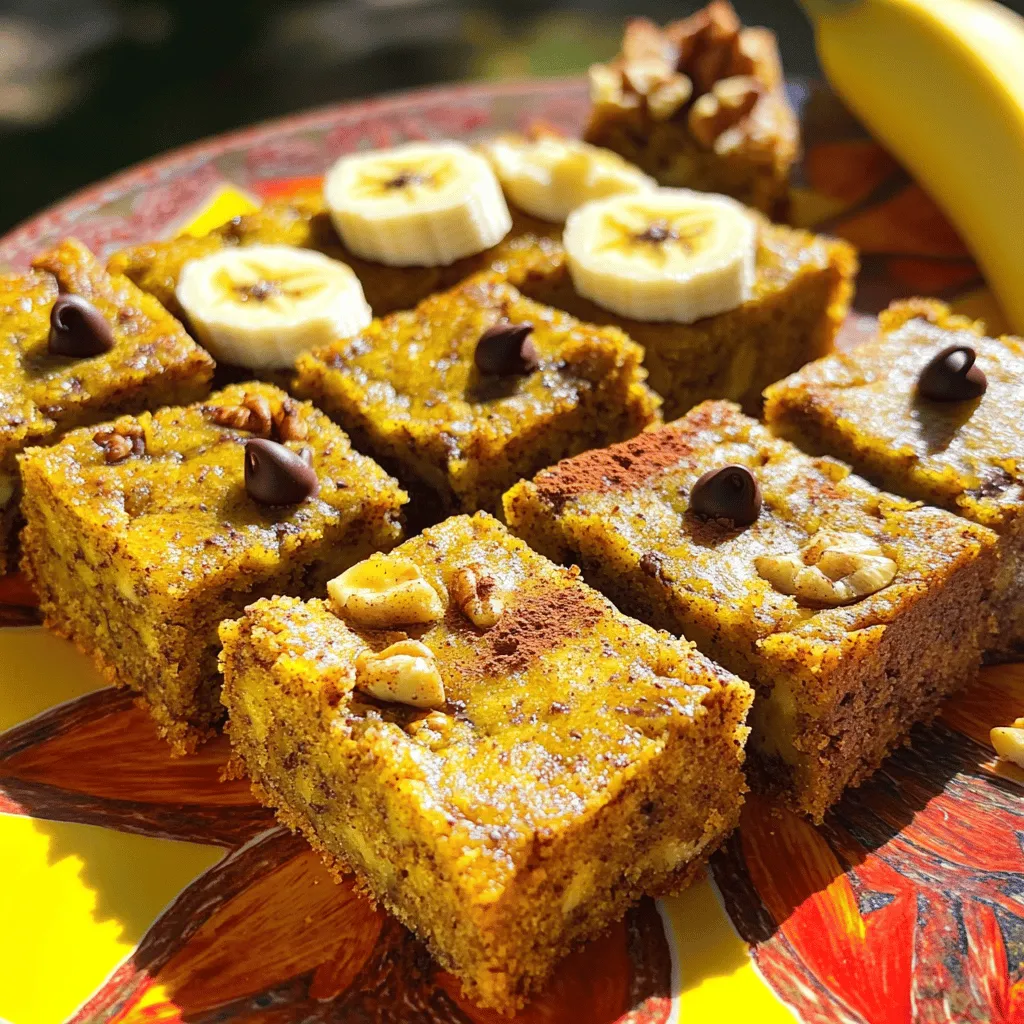 - 3 ripe bananas, thoroughly mashed - 1/2 cup unsweetened applesauce - 1/4 cup honey or pure maple syrup - 1 1/2 cups whole wheat flour These main ingredients form the base of our healthy banana bread bars. Ripe bananas give natural sweetness and moisture. Unsweetened applesauce adds more moisture without extra sugar. Honey or pure maple syrup provides a sweet touch. Whole wheat flour boosts fiber and nutrients. - 1/2 cup chopped walnuts or pecans - 1/2 cup dark chocolate chips You can make your banana bread bars even better with add-ins. Chopped walnuts or pecans add crunch and healthy fats. Dark chocolate chips bring a rich flavor that pairs well with bananas. Both options are fun and tasty, so choose what you love! - About 120 calories per bar - 3 grams of protein, 2 grams of fiber - Bananas offer potassium and vitamins; whole wheat flour provides fiber Each bar gives a nice balance of energy and nutrients. The bananas help your heart with potassium. The whole wheat flour helps your digestion with fiber. This makes them a great snack choice. For the full recipe, check out the steps to create these delicious and nutritious treats! 1. Preheat your oven to 350°F (175°C). Grease a 9x9 inch baking pan with coconut oil or line it with parchment paper. 2. In a large mixing bowl, mash the ripe bananas until smooth. Add unsweetened applesauce, honey or maple syrup, melted coconut oil, eggs, and vanilla extract. Mix until all ingredients blend well. 1. In another bowl, combine the whole wheat flour, baking soda, sea salt, and ground cinnamon. Whisk them together until mixed. 2. Gradually add the dry mixture to the wet mixture. Use a spatula to fold them together. Be careful not to overmix; it’s okay if some lumps remain. 1. Pour the batter into your prepared baking pan. Use a spatula to spread it evenly. 2. Bake for 25-30 minutes. To check if they are done, insert a toothpick into the center. It should come out clean or with a few moist crumbs attached. You can find the Full Recipe for more details. Enjoy your baking! You can make your Healthy Banana Bread Bars even better with smart swaps. For sweeteners, try using ripe mashed bananas only. They add sweetness without extra sugar. You can also use stevia or agave syrup as lighter options. For flour, whole wheat is great, but you can use almond flour for a gluten-free choice. Just remember to adjust other ingredients to keep the bars moist. To make your bars even healthier, cut back on sugar. Use less honey or maple syrup. You can also add seeds like chia or flax. These add fiber and protein. Nut butters like almond or peanut can boost flavor and health. Just mix in a few tablespoons to the batter for a tasty twist. If your bars turn out dense, it’s often from overmixing. Mix gently and stop when just combined. If you bake them too long, they can dry out. Keep an eye on your oven. Check for doneness at 25 minutes. A toothpick should come out clean or with a few crumbs. If they seem too dry, try lowering the oven temperature next time. Feel free to explore the [Full Recipe] for detailed steps and enjoy these delightful treats! {{image_4}} You can easily change the flavor of your banana bread bars. Try adding different nuts. Chopped walnuts or pecans bring a nice crunch. For a sweeter twist, mix in dark chocolate chips. You can also use cocoa powder for a rich chocolate version. Substitute one-fourth cup of flour with cocoa powder. This makes the bars moist and delicious. If you follow a vegan diet, you can still enjoy these bars. Replace eggs with flaxseed meal or applesauce. Use almond milk instead of regular milk. For a nut-free option, simply leave out the nuts. You can also swap the honey for agave nectar. These small changes let everyone enjoy the bars. Banana bread bars pair well with other foods. Serve them with yogurt for a creamy touch. Nut butter also makes a great complement. Spread a layer on top for added flavor. Fresh fruit can brighten up your plate. Slice some strawberries or serve with banana slices for a tasty mix. For the full recipe, check out the [Full Recipe]. To keep your banana bread bars fresh, store them in the refrigerator. Use an airtight container to seal in moisture. This helps the bars stay soft and delicious. They can last up to a week in the fridge. If you want to save them for longer, consider freezing them. Wrap each bar in plastic wrap, then place them in a freezer bag. They can stay fresh for up to three months in the freezer. When you want to enjoy your bars again, reheating is easy. You can place them in the microwave for about 10-15 seconds. This warms them without drying them out. If you prefer, you can also use an oven. Preheat the oven to 350°F (175°C) and heat for about 5-10 minutes. This method keeps the bars nice and soft. At room temperature, these banana bread bars last for about two days. Keep them in a cool, dry place, away from sunlight. If you notice any mold or an off smell, it's time to toss them. Freshness is key, so always check for signs of spoilage before enjoying your treat. Yes, you can use frozen bananas. They work well in this recipe. First, thaw the bananas completely. Then, mash them until smooth. This helps keep the bars moist and adds great flavor. If your bananas are too watery after thawing, just drain some liquid before mixing them in. If you need to replace eggs, you have options. Here are some great substitutes: - Flaxseed Meal: Mix 1 tablespoon of flaxseed meal with 2.5 tablespoons of water. Let it sit for 5 minutes to thicken. - Chia Seeds: Use the same method as flaxseed. - Unsweetened Applesauce: Replace each egg with 1/4 cup of applesauce. - Mashed Banana: Use 1/4 cup of mashed banana for each egg. These alternatives will keep your bars moist and delicious. To check if the bars are done, use a toothpick. Insert it into the center of the bars. If it comes out clean or with a few crumbs, they’re ready. If you see wet batter, give them a few more minutes. Remember, they will continue to cook a bit after you take them out of the oven. The base recipe can be nut-free. If you want to make it without nuts, simply leave out the walnuts or pecans. You can also add seeds instead, like pumpkin or sunflower seeds. They add crunch and nutrition without the nuts. Enjoy your nut-free banana bread bars! In this post, we explored a simple recipe for delicious bars made with ripe bananas, applesauce, and whole wheat flour. You learned about optional add-ins like nuts and dark chocolate. We also covered nutritional info, tips for healthier options, and variations to suit different diets. Remember, these bars are easy to make and store well. Enjoy trying different flavors and let your creativity shine in the kitchen!