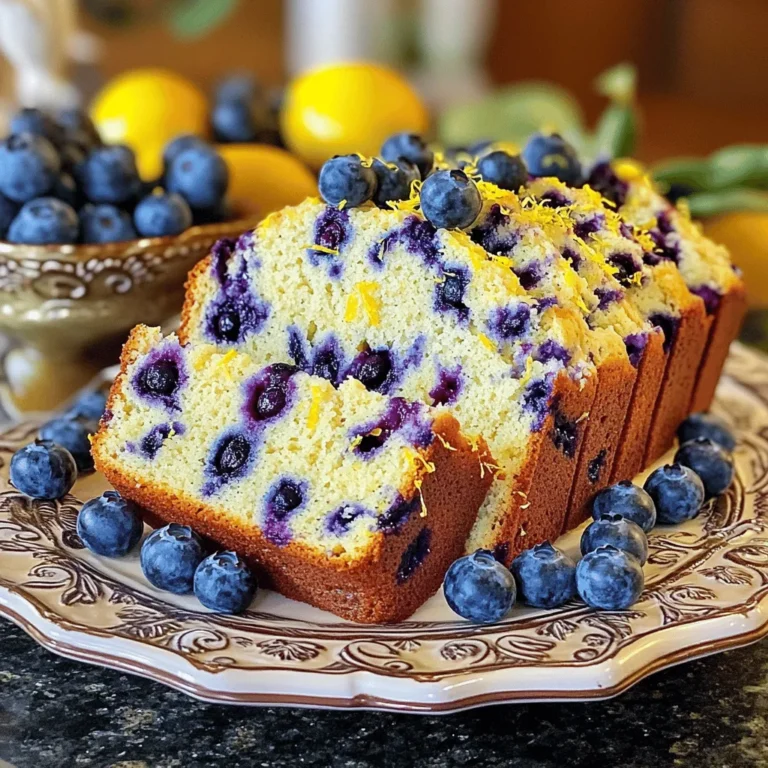 To make a Lemon Blueberry Yogurt Loaf, you need the following ingredients: - 1 cup plain Greek yogurt - 1 cup granulated sugar - 3 large eggs - 1/4 cup vegetable oil - Zest of 1 large lemon - 1/4 cup freshly squeezed lemon juice - 1 teaspoon vanilla extract - 2 cups all-purpose flour - 1 teaspoon baking powder - 1/2 teaspoon baking soda - 1/4 teaspoon salt - 1 1/2 cups fresh blueberries (or frozen, if out of season) - 1 tablespoon all-purpose flour (for tossing the blueberries) These ingredients work together to create a loaf that is moist, flavorful, and packed with zesty lemon and sweet blueberries. The Greek yogurt is key for moisture. It adds a nice tang and keeps the loaf tender. You can use fresh blueberries for a burst of flavor. If they are out of season, frozen blueberries will work too. Just toss them in flour before adding them to the batter. This helps keep them from sinking to the bottom. Zest from the lemon adds a bright flavor. It brings out the lemon juice and makes the loaf shine. Use a microplane or fine grater for the zest. For the sweet base, granulated sugar is perfect. It blends well and allows the lemon flavor to pop. Also, using eggs helps bind the mixture. They add structure and richness. The combination of baking powder and baking soda makes the loaf rise. These ingredients create a light and fluffy texture. The salt balances the sweetness, making each bite perfect. This list of ingredients will set you up for a delicious baking experience. If you're ready to bake, check out the Full Recipe for the steps to follow. - Preheat your oven to 350°F (175°C). - Prepare a 9x5-inch loaf pan by greasing it and dusting it with flour. - Make sure all your ingredients are at room temperature before starting. - In a large bowl, combine 1 cup of Greek yogurt, 1 cup of sugar, and 3 eggs. - Whisk these until the mixture is smooth. - Next, add 1/4 cup of vegetable oil, the zest of 1 lemon, 1/4 cup of lemon juice, and 1 teaspoon of vanilla extract. - Mix well to blend all ingredients together. - In another bowl, whisk together 2 cups of flour, 1 teaspoon of baking powder, 1/2 teaspoon of baking soda, and 1/4 teaspoon of salt. - Gradually add this dry mixture to the wet ingredients. - Stir gently until just combined; avoid overmixing to keep the loaf fluffy. - Take 1 1/2 cups of fresh blueberries and toss them with 1 tablespoon of flour. - This step keeps them from sinking in the loaf. - Gently fold the blueberries into the batter, spreading them evenly. - Pour the batter into your prepared loaf pan and smooth the top. - Bake for 50-60 minutes, checking for doneness with a toothpick. - If it comes out clean, your loaf is ready! - Cool it in the pan for about 10 minutes, then transfer it to a wire rack to cool completely. Enjoy this Lemon Blueberry Yogurt Loaf by following the [Full Recipe]. - Always check for doneness using the toothpick method. Insert a toothpick into the center of your loaf. If it comes out clean, your loaf is done. - If the top starts to brown too quickly, cover it with foil. This helps it bake evenly without burning. - For extra zest, think about adding lemon extract. It boosts the lemon flavor, making each bite pop. - You can also substitute different fruits, like strawberries or raspberries, for a unique twist. Each fruit brings its own taste and color to the loaf. - To enhance visual appeal, slice the loaf and arrange it on a decorative platter. Fresh blueberries and a sprinkle of lemon zest make it look inviting. - Consider serving it with a dollop of whipped cream or a scoop of vanilla ice cream. This adds an extra layer of fun and flavor to your dish. Follow these tips to make your Lemon Blueberry Yogurt Loaf not just delicious but stunning too. For the full recipe, check the [Full Recipe]. {{image_4}} You can make your Lemon Blueberry Yogurt Loaf even more exciting. Try adding almond extract for a nutty flavor that pairs well with blueberries. Just a teaspoon will do wonders. You can also incorporate poppy seeds for a delightful crunch. A tablespoon or two can add texture and a unique twist to every bite. Think about how you want to finish your loaf. You can create a lemon glaze for a sweet tang or use cream cheese frosting for a richer taste. Both options bring out the flavor of the lemon. Fresh fruit and yogurt are great toppings too. They add freshness and color, making your loaf look even more inviting. If you need to make gluten-free adjustments, you can swap all-purpose flour for a gluten-free blend. Just ensure it works for baking. For vegan options, use plant-based yogurt and flax eggs instead of regular eggs. This keeps the loaf moist and delicious while meeting dietary needs. With these variations, you can easily customize the Lemon Blueberry Yogurt Loaf to fit your taste and dietary preferences. Check out the Full Recipe for more details! To store your lemon blueberry yogurt loaf, wrap it tightly in plastic wrap. This step keeps the loaf moist and fresh. You can also place it in an airtight container. If you want to keep it for a longer time, consider freezing it. Slice the loaf first, then wrap each piece separately. This method lets you grab a slice whenever you want! Reheating the loaf is easy. You can use a microwave or an oven. For the microwave, heat a slice for 15-20 seconds. If you prefer the oven, preheat it to 350°F (175°C). Place the slice on a baking sheet and heat it for about 5-10 minutes. You can serve it warm with a pat of butter or a scoop of yogurt. Your lemon blueberry yogurt loaf can last for about 5 days in the fridge. If you freeze it, it can stay fresh for up to 3 months. Always check for signs of spoilage before enjoying it. Look for mold or an off smell. If you see any of these signs, it’s best to toss it. For more details on how to make this delicious loaf, check out the Full Recipe. Can I use frozen blueberries for this recipe? Yes, you can use frozen blueberries! They work well and save time. Just toss them in flour before mixing them into the batter. This helps them stay suspended in the loaf. How can I make the loaf less sweet? To reduce sweetness, cut back on the sugar. You can try using 3/4 cup instead of 1 cup. This keeps the flavor but makes it less sweet. What is the best way to keep the loaf moist? To keep your loaf moist, use Greek yogurt. It adds moisture and keeps the loaf tender. Also, avoid overbaking, as that can dry it out. Can I substitute Greek yogurt with another type? You can substitute regular yogurt for Greek yogurt. Just make sure it is plain and not flavored. The texture will change slightly, but the taste will still be good. Is it necessary to use lemon juice and zest? Yes, both lemon juice and zest are important. They give the loaf its bright flavor. Skipping these ingredients will change the taste and freshness of the loaf. How can I tell if my loaf is fully baked? To check if your loaf is done, use a toothpick. Insert it into the center of the loaf. If it comes out clean, your loaf is ready. If not, bake it a bit longer. What is the role of baking powder and baking soda? Baking powder and baking soda help the loaf rise. Baking powder works with moisture, while baking soda needs acid, like lemon juice. Together, they create a fluffy texture. How to avoid a dense loaf in baking? To avoid a dense loaf, don’t overmix the batter. Mix until just combined. Also, make sure your ingredients are at room temperature for the best results. Why is my loaf rising unevenly? Uneven rising can happen for a few reasons. Your oven might have hot spots, or your batter may not be mixed well. Ensure even mixing and check your oven's temperature for best results. This blog post showed you how to make a delicious blueberry loaf. We went over every ingredient and step, from mixing the wet and dry elements to baking and cooling. You got tips for flavor, storage, and even variations. Baking can be fun and easy if you follow these steps. Enjoy your tasty creation, share it with friends, and try the variations to keep things fresh! Happy baking!