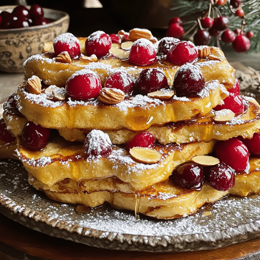 - 6 slices of thick challah or brioche bread - 1 cup fresh cherries, pitted and halved - 1/2 cup sliced almonds, toasted - 4 large eggs - 1 cup milk (you can use either whole or almond milk) - 1/2 cup heavy cream The main ingredients make this dish special. Thick challah or brioche bread gives a soft and fluffy base. Fresh cherries add a sweet and tart flavor. Toasted sliced almonds bring a nice crunch. Eggs, milk, and heavy cream create a rich custard. This mixture soaks into the bread, making it soft and creamy. I love how these flavors blend together. - 1/4 cup pure maple syrup - 1 teaspoon vanilla extract - 1 teaspoon almond extract - 1/2 teaspoon ground cinnamon - Pinch of salt - Powdered sugar, for dusting (optional) Optional ingredients can enhance the dish. Maple syrup adds sweetness. Vanilla and almond extracts give a nice aroma. Ground cinnamon adds warmth, while salt balances the flavors. If you want a sweet finish, sprinkle powdered sugar on top. These extras make your French toast even more delightful. To see the full recipe, check out the [Full Recipe]. Start by slicing the bread. Each slice should be about one inch thick. I like to use challah or brioche for a rich taste. Arrange the slices in a greased 9x13-inch baking dish. If you need to, overlap the slices a bit to fit them all in. Next, it’s time to add the fruit and nuts. Take the fresh cherries and cut them in half, removing the pits. Spread the halved cherries evenly over the bread. The sweet fruit adds a lovely taste. Now, sprinkle the toasted sliced almonds on top. This gives a nice crunch and enhances the flavor. In a mixing bowl, crack the eggs open and whisk them well. Then, add the milk, heavy cream, maple syrup, vanilla extract, almond extract, ground cinnamon, and a pinch of salt. Whisk until everything is mixed smoothly. This custard is what makes the French toast moist and flavorful. Carefully pour the custard mixture over the arranged bread. Make sure all pieces are well-coated. If any bread sticks up, gently press it down to soak it. Once all the bread is covered, cover the dish with plastic wrap. Place it in the refrigerator to soak. It’s best to let it sit for at least four hours or overnight for the best flavor. When you're ready to bake, preheat your oven to 350°F (175°C). This step is important so the French toast cooks evenly. After the oven is hot, remove the plastic wrap from the baking dish. Place it in the oven and bake for 35 to 40 minutes. Look for a golden brown top and set custard. Let it cool for a few minutes before cutting into portions. For a nice touch, dust the top with powdered sugar. Serve warm, and consider drizzling more maple syrup on top. For presentation, arrange the slices on a platter. Add extra cherries and almonds for a beautiful finish. You can find the Full Recipe if you want to try this at home! To boost the taste of Cherry Almond Overnight French Toast, try using different bread types. Thick challah or brioche works well, but sourdough or whole grain adds a unique twist. Each bread brings its own flavor and texture. Incorporating seasonal fruits is another great way to enhance flavor. Besides cherries, you can use blueberries, peaches, or apples. Each fruit brings its own sweetness and adds a fresh taste. One common mistake is over-soaking the bread. If you leave it too long in the custard, the bread can get soggy. Aim for a soak time of 4 hours or overnight for the best texture. Baking at incorrect temperatures can ruin your dish. Always preheat your oven to 350°F (175°C). If it’s too hot, the top may burn before the inside cooks. Pairing your French toast with breakfast beverages can enhance the meal. Freshly brewed coffee or a fruity smoothie complements the flavors. Choose drinks that match the sweetness of the dish. For toppings, think about what will complement the dish well. A drizzle of pure maple syrup adds sweetness. You can also sprinkle powdered sugar or top with whipped cream for extra flair. {{image_4}} You can make this dish even more fun by mixing flavors. Try using different nuts like walnuts or pecans. Each nut gives a new taste and texture. You can also use other fruits. Peaches or blueberries can bring a fresh twist. Adding spices like nutmeg or cardamom can enhance the taste too. Just a pinch can change the whole flavor. If you need a dairy-free option, almond milk works great. You can swap heavy cream with coconut cream. This keeps the dish rich without dairy. For gluten-free choices, use gluten-free bread. Many brands offer tasty alternatives that work well in this recipe. Just ensure it is thick to soak up the custard. Make your French toast stand out for special days. Add festive touches like cinnamon or nutmeg for holidays. You can also top it with whipped cream or extra cherries for a special look. Use a fun plate or garnish with mint leaves for a nice touch. These small changes make your dish shine during any celebration. For the full recipe, check the details above! To store leftovers, place slices in an airtight container. Make sure to layer parchment paper between the slices. This keeps them from sticking together. You can store them in the fridge for up to three days. To keep flavors intact, avoid adding syrup until serving. This way, the bread stays fresh and does not get soggy. If you want to freeze your French toast, let it cool completely. Wrap individual pieces in plastic wrap, then place in a freezer bag. This helps keep the flavors locked in and prevents freezer burn. You can freeze them for up to three months. To reheat, simply take out the slices and place them on a baking sheet. Warm them in a preheated oven at 350°F (175°C) for about 15 minutes. This method keeps the texture nice and fluffy. If you prefer using a microwave, heat each slice for about 30 seconds. Enjoy them warm for the best taste! Yes, overnight soaking is recommended for maximum flavor. This allows the bread to soak up all the tasty custard. The longer it sits, the more the flavors blend together. I love making it before bed. By morning, it’s ready to bake and enjoy! You can use vanilla extract or other flavored extracts. If you dislike almond flavor, vanilla is a great choice. It adds a sweet touch. You could also try hazelnut or even coconut extract for a twist. Each option gives a unique taste to the dish. Look for a golden brown top and set custard in the center. When it bakes, it puffs up and turns golden. A toothpick test helps too. If it comes out clean, the French toast is ready. Trust your eyes and the toothpick! This article outlined a delicious French toast recipe using rich ingredients like challah bread, fresh cherries, and almonds. We explored the steps to prepare, bake, and serve your dish, along with tips to enhance flavor and avoid mistakes. You can also customize this recipe with variations and storage tips to keep it fresh. Experimenting with different fruits or making it dairy-free could elevate your creation. Enjoy making this simple yet delightful dish for any occasion.