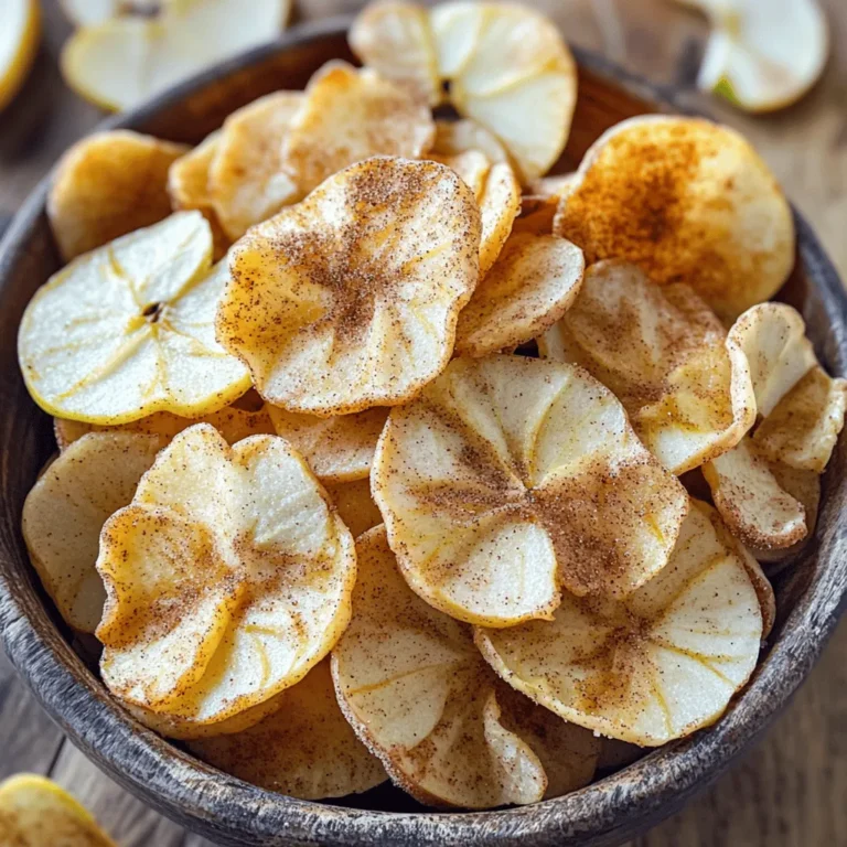 - 2 large apples (suggested varieties: Fuji, Honeycrisp, or Gala) - 1 teaspoon ground cinnamon - 1 tablespoon coconut sugar (or substitute brown sugar) - A pinch of sea salt - Each serving has about 100 calories. - Apples provide fiber and vitamin C. - They are low in fat and have natural sugars. - Eating apples may help with heart health and weight loss. - They also support digestion due to fiber content. Baked cinnamon apple chips are a great snack choice. They taste sweet and crunchy. You can make them using just a few simple ingredients. Apples are the star of this recipe. They are not only tasty but also healthy. When you bake apples, you get a delightful treat. Try this full recipe for a simple way to enjoy apple chips at home. First, set your oven to a low temperature of 200°F (90°C). This low heat helps the apples dry out and become crisp. While the oven heats, line two baking sheets with parchment paper. This will stop the apple chips from sticking. Rinse the apples under cool water to get rid of dirt. After washing, dry them well with a clean towel. Use a sharp knife or a mandoline slicer to cut the apples into very thin slices. Aim for about 1/8 inch thick. Thin slices bake better and become crispier. In a small bowl, mix together the ground cinnamon, coconut sugar, and a pinch of sea salt. Stir it well to blend the ingredients. Take the sliced apples and place them in a large mixing bowl. Evenly sprinkle your cinnamon mixture over the apple slices. Toss gently to coat each slice. This ensures every bite is flavorful. Now, lay the seasoned apple slices in a single layer on the prepared baking sheets. Make sure none of the slices overlap. This step is key to getting them crisp. Place the baking sheets in the oven and let the apples bake for about 2 hours. Keep an eye on them, as baking time can vary. Halfway through, flip each slice to help both sides get crispy. After baking, check if the apple chips are golden brown and crunchily crisp. Once done, take them out and let them cool completely on the sheets. This cooling step helps keep their crisp texture. After cooling, store the apple chips in an airtight container for a tasty snack later on! For the full recipe, refer to the recipe section. To keep your apple chips crisp, let them cool completely on the baking sheets. This step is key. If they cool too fast, they may soften. Once cool, store them in an airtight container. This keeps moisture out, ensuring your chips stay crunchy. A common mistake is overlapping the apple slices. Each slice needs space to bake evenly. If they overlap, some may stay soft. Another mistake is baking at the wrong temperature. Always stick to 200°F (90°C) for the best results. Want to boost flavor? Try adding nutmeg or cardamom to your cinnamon mix. A little goes a long way! You can also pair these chips with dips. Almond butter or yogurt makes a great match. They add creaminess and extra taste to your healthy snack. {{image_4}} You can change the taste of your baked cinnamon apple chips. Adding a bit of vanilla extract gives a sweet twist. Just a drop or two will do. If you like nutmeg, sprinkle a pinch for a warm flavor. You can also try using pears instead of apples. They bake well and taste great with cinnamon. If you’re short on time, you can use the microwave. Slice the apples thinly, place them on a plate, and microwave in short bursts until crisp. Check every minute to avoid burning. An air fryer is another quick option. Set it to 300°F (150°C) and cook for about 15-20 minutes. Flip the slices halfway for even crispness. Baked cinnamon apple chips are perfect with dips. Try serving them with almond butter or yogurt. They also work well in other recipes. Crumble them over oatmeal or yogurt for breakfast. You can even use them in salads for a crunchy texture. For more details, check the Full Recipe for ideas on how to enjoy these chips! To keep your baked cinnamon apple chips fresh, use airtight containers. I recommend glass jars or plastic containers with tight lids. These help prevent moisture from getting in. Store the chips in a cool, dry place away from sunlight. When stored this way, the chips stay crisp for about one week. If you want to keep them longer, consider placing them in the fridge. They can last up to two weeks in the fridge but may lose some crispness. How can you tell if your apple chips have gone bad? If they feel soft or chewy, that’s a sign. Fresh chips should be crispy and light. Look for any signs of mold or an off smell. If you spot these, it’s best to toss them out. If your apple chips become stale, don’t worry! You can revive them easily. Just preheat your oven to 200°F (90°C). Spread the stale chips on a baking sheet and bake for about 10 minutes. This will help them regain their crunch. To make Baked Cinnamon Apple Chips, follow these steps: 1. Preheat your oven to 200°F (90°C). 2. Line two baking sheets with parchment paper. 3. Wash and dry two large apples. 4. Slice the apples very thin, about 1/8 inch thick. 5. Mix 1 teaspoon of ground cinnamon, 1 tablespoon of coconut sugar, and a pinch of sea salt in a bowl. 6. Toss the apple slices with the cinnamon mixture. 7. Lay the slices in a single layer on the baking sheets. 8. Bake for 2 hours, flipping halfway through. 9. Cool the chips completely before storing them. Yes, you can use different apple types! Fuji, Honeycrisp, and Gala apples work best. They are sweet and crisp. Avoid using mealy apples like Red Delicious, as they won’t get crunchy. Homemade apple chips can last about one to two weeks. Store them in an airtight container. Keep them in a cool, dry place for best results. Yes, you can! Try using sugar alternatives like stevia or monk fruit. You can also skip the sweetener and just use cinnamon for flavor. You learned how to make baked cinnamon apple chips in this post. We covered the key ingredients, their health benefits, and simple steps for baking. I shared tips to keep your chips crisp and mistakes to avoid. You can even explore fun flavor variations or quick methods. Making these apple chips is easy, fun, and tasty. With a bit of creativity, you can enjoy a healthy snack anytime. So get started and impress yourself with your delicious homemade treats!
