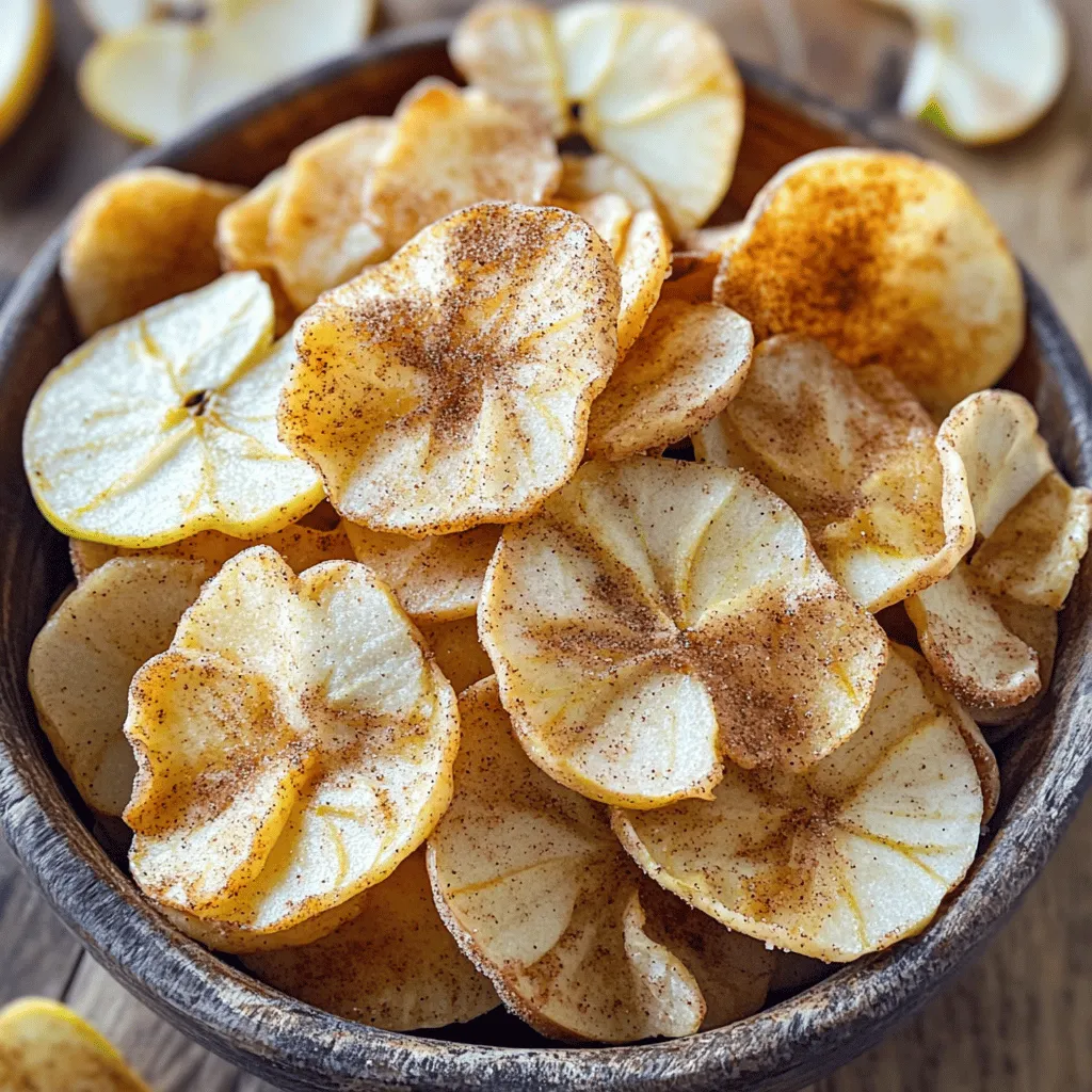 - 2 large apples (suggested varieties: Fuji, Honeycrisp, or Gala) - 1 teaspoon ground cinnamon - 1 tablespoon coconut sugar (or substitute brown sugar) - A pinch of sea salt - Each serving has about 100 calories. - Apples provide fiber and vitamin C. - They are low in fat and have natural sugars. - Eating apples may help with heart health and weight loss. - They also support digestion due to fiber content. Baked cinnamon apple chips are a great snack choice. They taste sweet and crunchy. You can make them using just a few simple ingredients. Apples are the star of this recipe. They are not only tasty but also healthy. When you bake apples, you get a delightful treat. Try this full recipe for a simple way to enjoy apple chips at home. First, set your oven to a low temperature of 200°F (90°C). This low heat helps the apples dry out and become crisp. While the oven heats, line two baking sheets with parchment paper. This will stop the apple chips from sticking. Rinse the apples under cool water to get rid of dirt. After washing, dry them well with a clean towel. Use a sharp knife or a mandoline slicer to cut the apples into very thin slices. Aim for about 1/8 inch thick. Thin slices bake better and become crispier. In a small bowl, mix together the ground cinnamon, coconut sugar, and a pinch of sea salt. Stir it well to blend the ingredients. Take the sliced apples and place them in a large mixing bowl. Evenly sprinkle your cinnamon mixture over the apple slices. Toss gently to coat each slice. This ensures every bite is flavorful. Now, lay the seasoned apple slices in a single layer on the prepared baking sheets. Make sure none of the slices overlap. This step is key to getting them crisp. Place the baking sheets in the oven and let the apples bake for about 2 hours. Keep an eye on them, as baking time can vary. Halfway through, flip each slice to help both sides get crispy. After baking, check if the apple chips are golden brown and crunchily crisp. Once done, take them out and let them cool completely on the sheets. This cooling step helps keep their crisp texture. After cooling, store the apple chips in an airtight container for a tasty snack later on! For the full recipe, refer to the recipe section. To keep your apple chips crisp, let them cool completely on the baking sheets. This step is key. If they cool too fast, they may soften. Once cool, store them in an airtight container. This keeps moisture out, ensuring your chips stay crunchy. A common mistake is overlapping the apple slices. Each slice needs space to bake evenly. If they overlap, some may stay soft. Another mistake is baking at the wrong temperature. Always stick to 200°F (90°C) for the best results. Want to boost flavor? Try adding nutmeg or cardamom to your cinnamon mix. A little goes a long way! You can also pair these chips with dips. Almond butter or yogurt makes a great match. They add creaminess and extra taste to your healthy snack. {{image_4}} You can change the taste of your baked cinnamon apple chips. Adding a bit of vanilla extract gives a sweet twist. Just a drop or two will do. If you like nutmeg, sprinkle a pinch for a warm flavor. You can also try using pears instead of apples. They bake well and taste great with cinnamon. If you’re short on time, you can use the microwave. Slice the apples thinly, place them on a plate, and microwave in short bursts until crisp. Check every minute to avoid burning. An air fryer is another quick option. Set it to 300°F (150°C) and cook for about 15-20 minutes. Flip the slices halfway for even crispness. Baked cinnamon apple chips are perfect with dips. Try serving them with almond butter or yogurt. They also work well in other recipes. Crumble them over oatmeal or yogurt for breakfast. You can even use them in salads for a crunchy texture. For more details, check the Full Recipe for ideas on how to enjoy these chips! To keep your baked cinnamon apple chips fresh, use airtight containers. I recommend glass jars or plastic containers with tight lids. These help prevent moisture from getting in. Store the chips in a cool, dry place away from sunlight. When stored this way, the chips stay crisp for about one week. If you want to keep them longer, consider placing them in the fridge. They can last up to two weeks in the fridge but may lose some crispness. How can you tell if your apple chips have gone bad? If they feel soft or chewy, that’s a sign. Fresh chips should be crispy and light. Look for any signs of mold or an off smell. If you spot these, it’s best to toss them out. If your apple chips become stale, don’t worry! You can revive them easily. Just preheat your oven to 200°F (90°C). Spread the stale chips on a baking sheet and bake for about 10 minutes. This will help them regain their crunch. To make Baked Cinnamon Apple Chips, follow these steps: 1. Preheat your oven to 200°F (90°C). 2. Line two baking sheets with parchment paper. 3. Wash and dry two large apples. 4. Slice the apples very thin, about 1/8 inch thick. 5. Mix 1 teaspoon of ground cinnamon, 1 tablespoon of coconut sugar, and a pinch of sea salt in a bowl. 6. Toss the apple slices with the cinnamon mixture. 7. Lay the slices in a single layer on the baking sheets. 8. Bake for 2 hours, flipping halfway through. 9. Cool the chips completely before storing them. Yes, you can use different apple types! Fuji, Honeycrisp, and Gala apples work best. They are sweet and crisp. Avoid using mealy apples like Red Delicious, as they won’t get crunchy. Homemade apple chips can last about one to two weeks. Store them in an airtight container. Keep them in a cool, dry place for best results. Yes, you can! Try using sugar alternatives like stevia or monk fruit. You can also skip the sweetener and just use cinnamon for flavor. You learned how to make baked cinnamon apple chips in this post. We covered the key ingredients, their health benefits, and simple steps for baking. I shared tips to keep your chips crisp and mistakes to avoid. You can even explore fun flavor variations or quick methods. Making these apple chips is easy, fun, and tasty. With a bit of creativity, you can enjoy a healthy snack anytime. So get started and impress yourself with your delicious homemade treats!