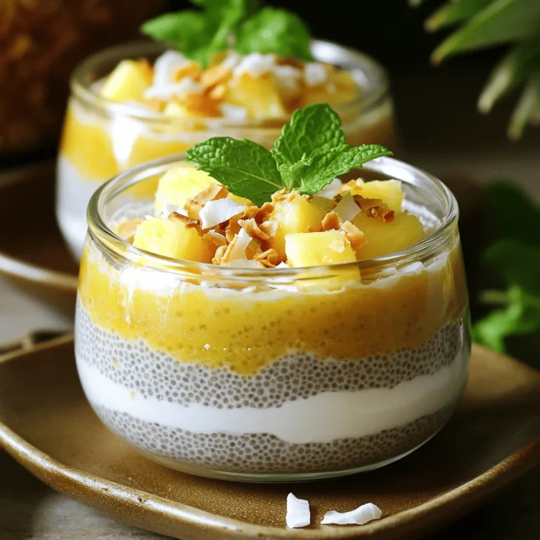 Let's dive into the ingredients for making Pineapple Coconut Chia Pudding. Each item adds its own special touch to this dish. - Coconut milk options You can choose between canned coconut milk or carton coconut milk. Canned coconut milk is thicker and creamier, while carton coconut milk is lighter. Both work well. If you want a richer flavor, go for the canned version. - Fresh pineapple preparation Use fresh pineapple for the best taste. Dice it into small pieces. This helps the pineapple blend smoothly. You can also use canned pineapple, but fresh gives a bright, tropical flavor. - Sweetener options For sweetness, you can use honey or maple syrup. Honey adds a nice floral note. Maple syrup gives a warm, caramel-like flavor. Adjust the sweetness to your liking. Taste as you mix! Once you gather these ingredients, you are ready to create a delightful dessert. If you're eager to see how to combine them, check out the Full Recipe. Start by gathering your ingredients. You will need coconut milk, fresh pineapple, honey or maple syrup, vanilla extract, and a pinch of salt. Add these to your blender. Blend on high speed until the mix is smooth. You want a creamy texture with no pineapple chunks. This step sets the base for your pudding. Now, transfer your blended mixture to a mixing bowl. It’s time to add the chia seeds. Do this gradually. Sprinkle the seeds into the mix while stirring. This helps spread them evenly. Even distribution is key to avoid clumps. If you don’t mix well, some chia seeds might sink. Cover your bowl with plastic wrap or a lid. Place it in the fridge. You need to chill it for at least four hours. Overnight is even better. This time allows the chia seeds to soak up the liquid. It gives the pudding a thick, creamy texture. After chilling, stir the pudding again. This breaks up any clumps. Now it’s ready to serve! For the full recipe, check out the details above. Enjoy your delicious creation! To get the right texture, avoid clumps of chia seeds. When you mix the chia seeds with the liquid, do it slowly. Stir well as you add the seeds. This helps them spread out. If you see any clumps forming, break them up with a spoon. You might want to adjust the liquid for your desired thickness. If you like a thicker pudding, add more chia seeds. For a thinner texture, simply add a bit more coconut milk. Test it out to find what you love most. Serving your pudding in clear jars makes it look great. You can see the layers and colors. This adds to the fun of eating it. For a special touch, layer diced pineapple on top. It will give your pudding a fresh pop! Garnishing with toasted coconut and mint is a must. The coconut adds crunch and flavor. Fresh mint brings a nice color and taste. It makes your dish look fancy and inviting. To keep your pudding fresh, store it in the fridge. Use airtight containers to avoid drying out. This keeps the flavors strong and tasty. When serving, only take out what you need. Leave the rest in the fridge until you’re ready. This way, your pudding stays fresh longer. For the best taste, enjoy your pudding within 3-4 days. After that, it may lose its great flavor. Enjoy every bite of this delightful treat! {{image_4}} You can make this pineapple coconut chia pudding even more exciting by adding other fruits. Mango, kiwi, and banana all pair well with pineapple. Each fruit brings its own flavor and texture. For a fun twist, try using seasonal fruits like strawberries in spring or peaches in summer. Mixing different fruits creates a colorful and tasty treat that everyone will love. If you want a dairy-free or vegan version, there are great options. Instead of coconut milk, you can use almond milk or oat milk. Both give a nice taste and texture. For sweeteners, maple syrup works well if you want to avoid honey. You can also use agave syrup for a vegan-friendly choice. These swaps keep the flavor while meeting different dietary needs. Want to jazz up your pudding? Adding spices can make a big difference. Try mixing in a sprinkle of cinnamon or nutmeg for warmth. These spices add depth to the sweet flavors. You can also use extracts like almond or coconut for a unique twist. Just a little goes a long way to boost the taste. Feel free to experiment and find your favorite flavor combinations! To keep your pineapple coconut chia pudding fresh, store it in the fridge. Use an airtight container for best results. This helps to prevent it from absorbing odors from other foods. The pudding can last about 5 days in the fridge. Look for signs of spoilage. If you see any mold or an off smell, it’s best to discard it. The texture may also change if it sits too long. If it gets too thick, you can add a bit of coconut milk to loosen it up. Yes, you can freeze chia pudding! This is great if you want to make a batch ahead of time. Just pour the pudding into freezer-safe containers. Leave some space at the top for expansion. To thaw, move it to the fridge for a few hours or overnight. You can also use the microwave on low power if you're in a hurry. Stir well after thawing to restore the creamy texture. Enjoy your pudding later with fresh toppings! Chia seeds are tiny but mighty! They are rich in fiber, protein, and omega-3 fatty acids. These nutrients help support heart health and digestion. Chia seeds also absorb water, which can help you feel full longer. Plus, they are low in calories, making them a great addition to many dishes. You can store Pineapple Coconut Chia Pudding in the fridge for up to five days. Make sure to keep it in a sealed container. If you notice any changes in smell or color, it's best to toss it. Freshness is key for the best taste. Yes! This pudding is perfect for meal prep. You can make it up to three days in advance. Just blend and mix it, then chill as directed. It will save you time during busy mornings or when you need a quick snack. Absolutely! This pudding is safe for most kids. It has no common allergens, but always watch for individual allergies. The sweetness from the pineapple and honey makes it a fun treat. Plus, it's a healthy option for dessert or breakfast! In this post, we explored making Pineapple Coconut Chia Pudding. You learned about the key ingredients, like coconut milk and fresh pineapple. We covered how to blend them, add chia seeds, and chill for the best texture. You picked up tips for perfecting consistency, presenting your dish, and keeping it fresh. We also talked about variations, storage, and answered common questions. Now you can create a tasty, healthy treat that fits anyone's diet. Enjoy your cooking and share your pudding with friends and family!