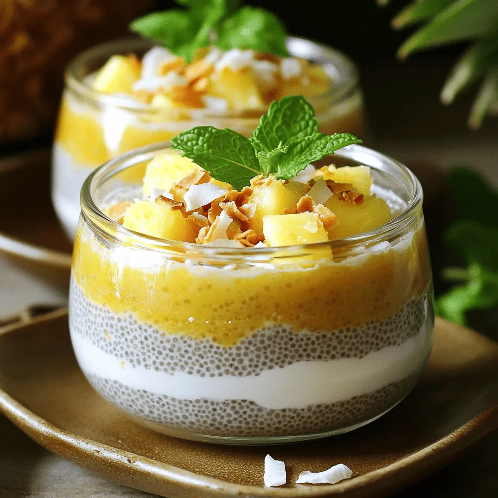 Let's dive into the ingredients for making Pineapple Coconut Chia Pudding. Each item adds its own special touch to this dish. - Coconut milk options You can choose between canned coconut milk or carton coconut milk. Canned coconut milk is thicker and creamier, while carton coconut milk is lighter. Both work well. If you want a richer flavor, go for the canned version. - Fresh pineapple preparation Use fresh pineapple for the best taste. Dice it into small pieces. This helps the pineapple blend smoothly. You can also use canned pineapple, but fresh gives a bright, tropical flavor. - Sweetener options For sweetness, you can use honey or maple syrup. Honey adds a nice floral note. Maple syrup gives a warm, caramel-like flavor. Adjust the sweetness to your liking. Taste as you mix! Once you gather these ingredients, you are ready to create a delightful dessert. If you're eager to see how to combine them, check out the Full Recipe. Start by gathering your ingredients. You will need coconut milk, fresh pineapple, honey or maple syrup, vanilla extract, and a pinch of salt. Add these to your blender. Blend on high speed until the mix is smooth. You want a creamy texture with no pineapple chunks. This step sets the base for your pudding. Now, transfer your blended mixture to a mixing bowl. It’s time to add the chia seeds. Do this gradually. Sprinkle the seeds into the mix while stirring. This helps spread them evenly. Even distribution is key to avoid clumps. If you don’t mix well, some chia seeds might sink. Cover your bowl with plastic wrap or a lid. Place it in the fridge. You need to chill it for at least four hours. Overnight is even better. This time allows the chia seeds to soak up the liquid. It gives the pudding a thick, creamy texture. After chilling, stir the pudding again. This breaks up any clumps. Now it’s ready to serve! For the full recipe, check out the details above. Enjoy your delicious creation! To get the right texture, avoid clumps of chia seeds. When you mix the chia seeds with the liquid, do it slowly. Stir well as you add the seeds. This helps them spread out. If you see any clumps forming, break them up with a spoon. You might want to adjust the liquid for your desired thickness. If you like a thicker pudding, add more chia seeds. For a thinner texture, simply add a bit more coconut milk. Test it out to find what you love most. Serving your pudding in clear jars makes it look great. You can see the layers and colors. This adds to the fun of eating it. For a special touch, layer diced pineapple on top. It will give your pudding a fresh pop! Garnishing with toasted coconut and mint is a must. The coconut adds crunch and flavor. Fresh mint brings a nice color and taste. It makes your dish look fancy and inviting. To keep your pudding fresh, store it in the fridge. Use airtight containers to avoid drying out. This keeps the flavors strong and tasty. When serving, only take out what you need. Leave the rest in the fridge until you’re ready. This way, your pudding stays fresh longer. For the best taste, enjoy your pudding within 3-4 days. After that, it may lose its great flavor. Enjoy every bite of this delightful treat! {{image_4}} You can make this pineapple coconut chia pudding even more exciting by adding other fruits. Mango, kiwi, and banana all pair well with pineapple. Each fruit brings its own flavor and texture. For a fun twist, try using seasonal fruits like strawberries in spring or peaches in summer. Mixing different fruits creates a colorful and tasty treat that everyone will love. If you want a dairy-free or vegan version, there are great options. Instead of coconut milk, you can use almond milk or oat milk. Both give a nice taste and texture. For sweeteners, maple syrup works well if you want to avoid honey. You can also use agave syrup for a vegan-friendly choice. These swaps keep the flavor while meeting different dietary needs. Want to jazz up your pudding? Adding spices can make a big difference. Try mixing in a sprinkle of cinnamon or nutmeg for warmth. These spices add depth to the sweet flavors. You can also use extracts like almond or coconut for a unique twist. Just a little goes a long way to boost the taste. Feel free to experiment and find your favorite flavor combinations! To keep your pineapple coconut chia pudding fresh, store it in the fridge. Use an airtight container for best results. This helps to prevent it from absorbing odors from other foods. The pudding can last about 5 days in the fridge. Look for signs of spoilage. If you see any mold or an off smell, it’s best to discard it. The texture may also change if it sits too long. If it gets too thick, you can add a bit of coconut milk to loosen it up. Yes, you can freeze chia pudding! This is great if you want to make a batch ahead of time. Just pour the pudding into freezer-safe containers. Leave some space at the top for expansion. To thaw, move it to the fridge for a few hours or overnight. You can also use the microwave on low power if you're in a hurry. Stir well after thawing to restore the creamy texture. Enjoy your pudding later with fresh toppings! Chia seeds are tiny but mighty! They are rich in fiber, protein, and omega-3 fatty acids. These nutrients help support heart health and digestion. Chia seeds also absorb water, which can help you feel full longer. Plus, they are low in calories, making them a great addition to many dishes. You can store Pineapple Coconut Chia Pudding in the fridge for up to five days. Make sure to keep it in a sealed container. If you notice any changes in smell or color, it's best to toss it. Freshness is key for the best taste. Yes! This pudding is perfect for meal prep. You can make it up to three days in advance. Just blend and mix it, then chill as directed. It will save you time during busy mornings or when you need a quick snack. Absolutely! This pudding is safe for most kids. It has no common allergens, but always watch for individual allergies. The sweetness from the pineapple and honey makes it a fun treat. Plus, it's a healthy option for dessert or breakfast! In this post, we explored making Pineapple Coconut Chia Pudding. You learned about the key ingredients, like coconut milk and fresh pineapple. We covered how to blend them, add chia seeds, and chill for the best texture. You picked up tips for perfecting consistency, presenting your dish, and keeping it fresh. We also talked about variations, storage, and answered common questions. Now you can create a tasty, healthy treat that fits anyone's diet. Enjoy your cooking and share your pudding with friends and family!