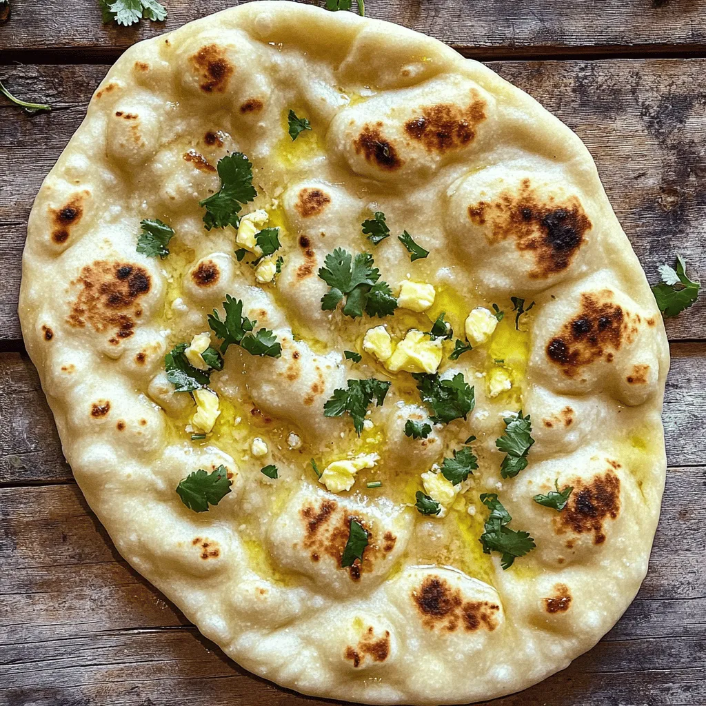 To make easy garlic naan bread, gather these simple ingredients: - 2 cups all-purpose flour - 1 teaspoon sugar - 1 teaspoon salt - 1 teaspoon baking powder - 1 tablespoon plain yogurt - 2 tablespoons milk - 3/4 cup warm water - 2 tablespoons minced garlic (about 4 cloves) - 2 tablespoons melted butter - Optional: Fresh cilantro for garnish Each ingredient plays a key role. Flour gives naan its structure, while the yogurt helps make it soft. The garlic adds flavor, making each bite special. Sugar and salt balance the taste, and baking powder helps it rise. Warm water activates the yeast, creating a light texture. If you want, fresh cilantro adds a pop of color and taste. This list is all you need to whip up delicious garlic naan. You can find the full recipe in the article. Enjoy cooking! - Mixing dry ingredients: Start by taking a large bowl. Add 2 cups of all-purpose flour, 1 teaspoon of sugar, 1 teaspoon of salt, and 1 teaspoon of baking powder. Whisk these together until they blend well. This will form the base for your naan. - Forming the dough: Make a well in the center of the dry mix. Pour in 1 tablespoon of plain yogurt and 3/4 cup of warm water. Stir with a spoon until the mixture forms a rough dough. - Kneading the dough: Transfer the dough to a clean, floured surface. Knead it for about 5 to 7 minutes. The goal is to make it soft and smooth. If it sticks, add a bit more flour. - Covering the dough: Place the kneaded dough in a greased bowl. Use a damp cloth or plastic wrap to cover it. This keeps the moisture in as it rises. - Timeframe for dough to double in size: Let the dough sit in a warm area for about 1 hour. You’ll know it’s ready when it has doubled in size. - Rolling out the dough: After rising, gently punch down the dough. Divide it into 6 equal pieces. Roll each piece into a ball. Take a ball and roll it out into an oval shape about 1/4 inch thick. - Cooking sequence on skillet: Preheat a skillet over medium-high heat. Brush the top of the rolled naan with melted butter. Sprinkle 2 tablespoons of minced garlic evenly on top. - Tips for achieving golden brown color: Place the naan in the hot skillet, garlic side up. Cook for 2-3 minutes until bubbles form. Flip it over and cook for another 1-2 minutes. Look for a golden brown color before taking it off the heat. Enjoy making this Easy Garlic Naan Bread! For the complete set of instructions, refer to the Full Recipe. To get the best naan, start with the right dough. The texture should be soft and smooth. If it feels sticky, add more flour slowly. Knead it well; this helps the dough rise. Timing is key when cooking. Don't rush it! Let the dough rise fully for the best texture. Cook each naan just until it bubbles, then flip to brown it. You can add fun flavors to your naan! Try mixing in spices like cumin or sesame seeds. They add a nice crunch and depth. If you want a twist, experiment with different garlic types. Roasted garlic gives a sweet taste, while fresh garlic is strong and zesty. Adding herbs like parsley or thyme can also change the flavor profile. For cooking, a skillet or tawa works best. A heavy-bottomed skillet holds heat well. If you don’t have a tawa, any flat pan will do. You can also use an oven. Preheat it high and bake the naan on a hot stone. Grilling is another option for a smoky taste. Just make sure to watch it closely! For the complete recipe, check out the Full Recipe section. {{image_4}} You can make naan even more fun with flavors. Here are some tasty ideas: - Cheesy garlic naan: Add shredded cheese on top of the garlic before cooking. Mozzarella or cheddar works well. The cheese melts and adds a creamy taste. - Herb-infused naan: Mix dried or fresh herbs like basil or oregano into the dough. This gives a fresh taste that pairs well with any meal. Do you need to change the recipe for diets? Here are some options: - Gluten-free naan: Use gluten-free flour blends instead of all-purpose flour. Make sure the blend has xanthan gum for the right texture. - Vegan modifications: Substitute yogurt with plant-based yogurt. You can replace butter with olive oil or coconut oil to keep it vegan-friendly. Feel free to try these variations to make the recipe your own. You can find the full recipe for garlic naan above. Enjoy experimenting! To keep your naan fresh, you need to store it right. First, let the naan cool completely after cooking. Then, you can wrap it in foil or plastic wrap. This keeps moisture in and prevents it from getting hard. Place the wrapped naan in the fridge if you plan to eat it soon. If you want to save naan for later, freezing is a great choice. Stack the naan with parchment paper between each piece. This prevents them from sticking together. Then, place the stack in a freezer bag. Squeeze out all the air before sealing. Naan can stay good in the freezer for up to three months. When you’re ready to eat your naan, there are a few ways to reheat it. The best method is to use a skillet. Heat the skillet over medium heat. Place the naan in the skillet for about 30 seconds on each side. This keeps the naan soft and warm. You can also use the oven. Preheat it to 350°F (175°C). Place the naan on a baking sheet and cover it with foil. Heat for about 10 minutes. This method also keeps the naan soft. Avoid the microwave if you can. It can make naan tough or dry. If you must use it, wrap the naan in a damp paper towel. Heat it for just 10-15 seconds. This helps retain some moisture, but it’s not as good as the other methods. For more tips and the full recipe, check out the Garlic Naan Delight section! Can I make garlic naan without yogurt? Yes, you can skip the yogurt. Substitute it with more water or milk. Yogurt adds flavor and helps the naan rise. Without it, the naan may be less soft. How can I make naan puff up more? To help naan puff up, ensure your dough is well-kneaded. A warm skillet also helps. When cooking, let the naan bubble before turning it over. What can I serve with garlic naan? Garlic naan pairs well with many dishes. Serve it with curries, stews, or dips. It also tastes great with yogurt or chutneys for added flavor. What to do if my dough doesn't rise? If your dough doesn't rise, check the yeast or baking powder. They may be old. Ensure your water is warm, not hot. A warm spot helps the dough rise better. Why is my naan sticking to the skillet? If naan sticks, your skillet may not be hot enough. Try using less dough on the skillet. A little oil can also help. Make sure to preheat your skillet well. Can I cook naan on a grill? Yes, you can cook naan on a grill. Preheat the grill and place the naan on it. Close the lid and cook until it puffs up and gets grill marks. How to adapt the recipe for an oven? To use an oven, preheat it to 500°F (260°C). Place the naan on a baking sheet lined with parchment paper. Bake for 4-5 minutes or until golden brown. The baking method is great for making more naan at once. To make garlic naan, you need simple ingredients and quick steps. Here’s what you will use: - 2 cups all-purpose flour - 1 teaspoon sugar - 1 teaspoon salt - 1 teaspoon baking powder - 1 tablespoon plain yogurt - 2 tablespoons milk - 3/4 cup warm water - 2 tablespoons garlic, minced (about 4 cloves) - 2 tablespoons butter, melted - Fresh cilantro, chopped (for garnish, optional) Start by mixing the dry ingredients in a bowl. Make a well and add yogurt and water. Stir until it forms a dough. Knead the dough for 5-7 minutes until it feels soft. Then, let it rise for one hour. Next, divide the dough into six balls. Roll each ball into a flat shape. Brush with butter and add minced garlic. Cook on a hot skillet for 2-3 minutes, flip, and cook for 1-2 more minutes. This recipe takes about 15 minutes to prep and 1 hour and 15 minutes in total. You can serve it warm with your favorite curry. Enjoy this garlic naan delight! You learned how to make delicious garlic naan from scratch. We covered the ingredients, step-by-step instructions, and tips for perfecting the naan. You can explore different flavors and dietary options too. Store your naan properly and reheat it to keep it soft. Making garlic naan is fun and rewarding. It brings joy to your meals. Enjoy trying this recipe and sharing your creations with family and friends. Happy cooking!