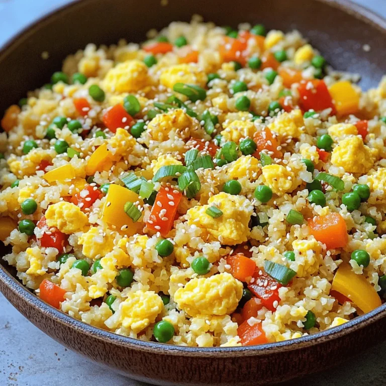 - 1 medium head of cauliflower, riced - 2 tablespoons extra virgin olive oil - 1 small onion, finely diced - 2 cloves garlic, minced - 1 cup mixed bell peppers, diced (use a combination of red, yellow, and green) - 1 cup frozen peas - 2 large eggs, lightly whisked - 3 tablespoons soy sauce (or tamari for a gluten-free option) - 1 teaspoon toasted sesame oil - Salt and freshly cracked black pepper to taste - 2 green onions, finely chopped for garnish - Sesame seeds for garnish (optional) Cauliflower fried rice packs a nutritious punch. A serving typically has around 150 calories. It contains about 10 grams of carbohydrates, making it a great choice for low-carb diets. This dish is also keto-friendly, as it replaces traditional rice with cauliflower. Cauliflower fried rice is a gluten-free option. Just use tamari instead of soy sauce. It’s also a good choice for those with common allergies, as it contains no nuts or dairy. Always check ingredient labels to avoid allergens. To start, take your medium head of cauliflower. Remove the leaves and the stem. You want only the white florets. Cut the cauliflower into smaller pieces. Next, place these florets in a food processor. Pulse them until they look like small rice grains. This step is key for making your fried rice. Set the riced cauliflower aside for later. Now, let’s heat things up! In a large skillet or wok, pour in two tablespoons of extra virgin olive oil. Turn the heat to medium-high. Once the oil is hot, add the finely diced onion. Sauté this for about 2-3 minutes. Stir occasionally, so the onion becomes soft and clear. Next, add the minced garlic and diced bell peppers. I like using a mix of red, yellow, and green peppers for color. Cook this mixture for another 3-4 minutes. Stir it often until the peppers are soft and smell great. Now, we’ll scramble the eggs. Push the cooked veggies to one side of the skillet. Pour the lightly whisked eggs into the empty space. Use a spatula to scramble the eggs until they are fully cooked. Then, fold the eggs into the veggie mix. Add the riced cauliflower and one cup of frozen peas into the skillet. Toss everything together. Cook this mixture for about 5-7 minutes. Stir occasionally, so the cauliflower softens but still has some crunch. Next, pour in three tablespoons of soy sauce and one teaspoon of toasted sesame oil. Stir well to coat everything. Taste your dish and add salt and freshly cracked black pepper if needed. Finally, let it cook for 1-2 more minutes to let all the flavors mix nicely. You can find the detailed cooking steps in the Full Recipe. Enjoy your delicious and nutritious cauliflower fried rice! To boost the taste of your cauliflower fried rice, try these options: - Add a pinch of chili flakes for heat. - Use garlic powder for an extra kick. - Drizzle some sriracha for fun spice. For protein, consider these: - Diced chicken adds heartiness. - Firm tofu works well for a vegan option. - Shrimp can give it a seafood twist. To keep your cauliflower rice crunchy, follow these steps: - Cook it on high heat for a short time. - Stir often to avoid mushiness. If you add different veggies, adjust cooking times: - Cook carrots longer for softness. - Add peas near the end to keep them bright. Make your dish pop with these tips: - Serve in colorful bowls for fun. - Garnish with green onions for freshness. For a nice touch: - Sprinkle extra sesame seeds on top. - Arrange vibrant bell peppers around the rice for color. For the complete preparation process, check out the Full Recipe. {{image_4}} You can make cauliflower fried rice even better by removing the eggs. This makes it fully plant-based. Instead, add more colorful veggies. Try carrots, zucchini, or snap peas. These add flavor and crunch. You can also include plant-based protein. Tofu or tempeh are great choices. Just cube them and sauté with the onions and garlic. This option is tasty and satisfying! Want to spice things up? You can explore global flavors! For an Asian twist, add ginger, chili flakes, or five-spice powder. These will boost the dish's aroma. For something different, think fusion. Add taco seasoning for a Mexican vibe or Italian herbs for a unique taste. You can even sprinkle some Parmesan cheese on top. This gives a fun twist! Adjust your ingredients with the seasons. In summer, add fresh corn and cherry tomatoes. They bring a burst of flavor. In fall, consider adding squash or mushrooms. These ingredients create a cozy, warm dish. You can also swap out the veggies based on what's fresh. This keeps the dish exciting and full of life. For the full recipe, check out the details above! To keep your cauliflower fried rice fresh, place it in an airtight container. Refrigerate leftovers right after cooling down. It should stay good for about 3 to 5 days. If you want to store it longer, freezing is a great option. You can freeze the dish in portions. Make sure to let it cool first, then wrap it tightly in plastic wrap. Place it in a freezer-safe container. This way, it can last for up to 3 months. When you're ready to eat, the best way to reheat cauliflower fried rice is in a skillet. Heat it over medium heat. Add a splash of water or oil to keep it moist. Stir often for about 5 to 7 minutes. You can also use the microwave. Just place it in a microwave-safe bowl and cover it. Heat on high for about 2 to 3 minutes, stirring halfway through. This helps it heat evenly. Cauliflower fried rice can last in the fridge for 3 to 5 days. When frozen, it can last for 3 months. Always check for signs of spoilage. If you see any discoloration or a sour smell, it’s best to toss it. Eating spoiled food can make you sick. So, trust your senses! How do you make cauliflower rice? To make cauliflower rice, first chop a medium head of cauliflower into small florets. Then, place the florets in a food processor. Pulse until the pieces look like small grains of rice. This process takes just a few minutes. You can also rice cauliflower using a box grater if you don’t have a food processor. Can I use frozen cauliflower rice? Yes, you can use frozen cauliflower rice. Just make sure to thaw it and drain any excess water before cooking. This saves time and makes meal prep easier. Is cauliflower fried rice healthier than regular fried rice? Cauliflower fried rice is often healthier than regular fried rice. It is lower in calories and carbs. Cauliflower is also rich in vitamins, fiber, and antioxidants. This makes it a great choice for those watching their weight or wanting to eat more veggies. How many calories are in cauliflower fried rice? A serving of cauliflower fried rice typically has around 150 to 200 calories. The exact count depends on the ingredients you use. For a precise count, check the Full Recipe. What to serve with cauliflower fried rice? You can serve cauliflower fried rice with various proteins like grilled chicken, shrimp, or tofu. It also pairs well with a simple salad or steamed vegetables. Best side dishes to complement the meal Some great side dishes include a fresh cucumber salad, edamame, or spring rolls. These will add color and texture, making your meal even more enjoyable. This article covered how to make flavorful cauliflower rice, focusing on ingredients and nutrition. You learned preparation steps, cooking techniques, and tips for enhancing flavor. We explored variations to suit different diets and storage methods to keep your dish fresh. Remember, this recipe allows for creativity. Feel free to swap ingredients and experiment with spices. Enjoy your healthy meals while making it fun and tasty!
