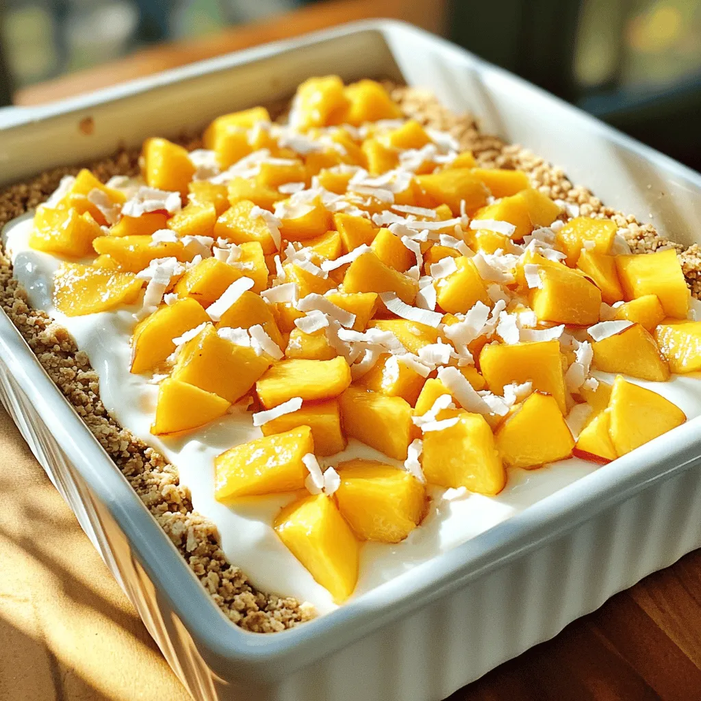 To make these tasty bars, you will need: - 2 cups rolled oats - 1 cup almond flour - 1/4 cup honey or maple syrup - 1/4 cup coconut oil, melted - 1 teaspoon vanilla extract - 1 1/2 cups Greek yogurt (vanilla or plain) - 2 ripe peaches, diced into small pieces - 1/4 teaspoon ground cinnamon - Pinch of salt - 1/4 cup toasted coconut flakes (for topping) These ingredients blend to form a delicious, creamy treat. The oats and almond flour create a sturdy base. The honey or maple syrup adds natural sweetness. Coconut oil helps bind the crust together while giving it a rich taste. Greek yogurt is the star, adding creaminess and a boost of protein. Fresh peaches bring a burst of juicy flavor. You can switch things up by adding: - Chopped nuts for crunch - A splash of lemon juice for brightness - Other fruits like berries or bananas - Different sweeteners like agave nectar or stevia Feel free to get creative! These options help you tailor the bars to your taste. You can make them sweeter, fruitier, or even nuttier. These bars are not only yummy but also nutritious. Here’s a quick look: - Each bar has about 150 calories - They are packed with fiber from oats - Good source of protein from Greek yogurt - Healthy fats from coconut oil and nuts With these bars, you get a balanced snack. You enjoy flavors and health benefits in every bite! For the full recipe, check the details above. First, grab a large bowl. Combine 2 cups of rolled oats and 1 cup of almond flour. Then, add 1/4 cup of honey or maple syrup. Next, pour in 1/4 cup of melted coconut oil and 1 teaspoon of vanilla extract. Mix everything until you have a crumbly texture. This will be the base of your bars. Now, take an 8x8 inch baking dish. Line it with parchment paper, leaving some paper hanging over the sides. Press the oat mixture firmly into the bottom. Make sure it is even and compact. This step is key for a good crust. In another bowl, add 1 1/2 cups of Greek yogurt. You can use vanilla or plain yogurt. Cut 2 ripe peaches into small pieces and add them in. Sprinkle in 1/4 teaspoon of ground cinnamon and a pinch of salt. Gently fold everything together. Be careful not to mash the peaches; you want nice chunks in your filling. Pour the yogurt-peach mixture over your oat crust. Use a spatula to spread it evenly. Smooth out the top for a nice look. Now, sprinkle 1/4 cup of toasted coconut flakes on top. This will add a crunchy layer to the bars. Cover the dish tightly with plastic wrap or a lid. Place it in the fridge and let it chill for at least 3-4 hours. For the best results, let it chill overnight. When ready, lift the bars out using the parchment paper. Cut them into squares or rectangles. Enjoy these tasty delights! You can find the Full Recipe for more details. When making no-bake peach yogurt bars, avoid these common errors: - Overmixing the crust: This can make it too dense. Mix just until combined. - Using too much liquid: If your mixture is too wet, the bars won't set well. - Not chilling long enough: Give the bars enough time in the fridge to firm up. To achieve the best texture, focus on these tips: - Use full-fat Greek yogurt: It helps create a creamy filling. - Let the oats sit: Allow the oat mixture to rest for a few minutes. This helps it bind better. - Press firmly: When forming the crust, press it down well for a solid base. Serve these bars in fun ways: - Garnish with fresh fruit: Add extra diced peaches on top for color. - Drizzle with honey: A touch of honey adds sweetness and shine. - Pair with yogurt: Serve alongside a scoop of yogurt for extra creaminess. These tips will help you make the best no-bake peach yogurt bars. For the full recipe, refer back to the main section. Enjoy! {{image_4}} You can swap peaches for many fruits. Berries like strawberries, blueberries, or raspberries work great. You can also try mangoes for a tropical twist. Apples add crunch, while bananas give a creamy texture. Choose fruits that you love and that are in season for the best flavor. Just remember to cut them into small pieces to mix well. You can change the yogurt to fit your taste. Greek yogurt gives a thick and creamy texture. Regular yogurt is lighter and still tasty. If you want a fun flavor, try flavored yogurts like peach or vanilla. This can add a new twist to your bars. Make sure to pick a yogurt that you enjoy eating. You can make these bars vegan easily. Use coconut yogurt in place of Greek yogurt. Swap honey for maple syrup to keep it plant-based. For the crust, make sure your almond flour is certified vegan. You can also use agave syrup as a sweetener. These swaps keep the taste great while being vegan-friendly. For the full recipe, check out the Peachy Paradise No-Bake Yogurt Bars. To keep your no-bake peach yogurt bars fresh, store them in the fridge. Use an airtight container. This helps to prevent the bars from drying out or absorbing other smells. Make sure to keep them tightly sealed. If you need to stack them, place parchment paper between the layers. If you want to save some for later, you can freeze these bars. First, slice them into squares. Wrap each piece in plastic wrap or foil. Then, place the wrapped bars in a freezer-safe bag. They can last up to three months in the freezer. When you’re ready to eat them, let them thaw in the fridge overnight. These bars are best enjoyed within a week if stored in the fridge. They taste great cold and can be a tasty snack. If you freeze them, use them within three months for the best flavor and texture. Enjoy them chilled for a refreshing treat! Yes, you can use canned peaches. Just make sure they are packed in water or juice, not syrup. Drain them well and chop them into small pieces. This keeps the bars from getting too watery. Fresh peaches give a bright flavor, but canned will still work well in a pinch. These bars take about 3 to 4 hours to set in the fridge. For the best results, I recommend letting them chill overnight. This ensures the layers firm up nicely. You want them to be easy to slice and hold their shape. Absolutely! To make a gluten-free crust, use gluten-free oats instead of regular rolled oats. You can also swap almond flour with ground nuts or gluten-free flour blends. This way, everyone can enjoy these tasty bars without worry! This post showed you how to make delicious no-bake peach yogurt bars. We covered the main and optional ingredients, ensuring you can customize to your taste. The detailed steps guide you through making the crust and yogurt filling. Additionally, I shared tips to avoid common mistakes and achieve the best texture. You can even try different fruits or yogurt types for fun variations. Finally, I explained how to store these bars for freshness. Enjoy making and sharing this treat!