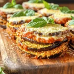 Let's dive into the heart of Baked Eggplant Parmesan with the essential ingredients. Each one plays a key role in building flavor and texture. Here’s what you need for this delightful dish: - 2 medium eggplants, sliced into 1/4 inch rounds - 1 teaspoon salt - 2 cups marinara sauce (homemade or store-bought) - 2 cups shredded mozzarella cheese - 1 cup grated Parmesan cheese - 1 cup all-purpose flour - 3 large eggs, beaten - 1 cup Italian seasoned breadcrumbs - 2 teaspoons dried basil - 1 teaspoon dried oregano - Fresh basil leaves for garnish (optional) - Olive oil spray The eggplants are the star here. They soak up all the great flavors. Sprinkling them with salt draws out extra moisture, which helps make them tender. The marinara sauce gives a rich taste, while the mozzarella and Parmesan add that creamy goodness. Breading the eggplant gives it a crispy outer layer. You’ll use flour, eggs, and seasoned breadcrumbs for this. Dried herbs like basil and oregano bring in that Italian flair. You can find the full recipe with step-by-step instructions to guide you through each stage of creating this masterpiece. Enjoy the cooking journey! - Preheat the oven and prepare the eggplant: Start by preheating your oven to 375°F (190°C). This temperature is key for a crispy finish. Slice the eggplants into 1/4 inch rounds. Lay them on a paper towel and sprinkle with salt. Let them sit for about 30 minutes. This helps pull out extra moisture and bitterness. - Set up the breading station: In three shallow dishes, arrange your breading station. Place all-purpose flour in the first dish. Put beaten eggs in the second dish. Combine breadcrumbs with dried basil and oregano in the third dish. This setup makes breading quick and easy. - Bread the eggplant slices: Take each eggplant slice and dredge it in flour first. Make sure it is fully coated. Next, dip it in the beaten eggs for moisture. Finally, coat it with the breadcrumb mixture, pressing gently to help it stick. - Arrange and bake the eggplant slices: Line a baking sheet with parchment paper. Lay the breaded eggplant slices in a single layer. Lightly spray the top with olive oil spray. This step adds crispiness. Bake for 25-30 minutes, flipping halfway, until golden brown and crispy. - Assemble the layers in the baking dish: In a 9x13 inch baking dish, spread a thin layer of marinara sauce on the bottom. Place a layer of baked eggplant slices on top. Sprinkle mozzarella and Parmesan cheeses over the eggplant. Repeat the layers (sauce, eggplant, cheese) until all ingredients are used. Ensure the top layer has plenty of marinara and cheese. - Bake the casserole and let it rest: Cover the dish loosely with aluminum foil and bake for 25 minutes. After that, remove the foil and bake for an additional 15-20 minutes. Look for bubbly, melted, and golden brown cheese. Let the dish cool for about 10 minutes before slicing. This rest time makes serving easier. This method ensures that your Baked Eggplant Parmesan is both flavorful and hearty, ready to impress at your dinner table! For the complete recipe, you can check the [Full Recipe]. To make the best Baked Eggplant Parmesan, use salt to draw out moisture from the eggplant. This step helps the eggplant become less bitter and cook better. Slice the eggplant into 1/4 inch rounds and sprinkle salt on both sides. Let them sit for about 30 minutes, then rinse and pat dry. Baking at the right temperature is key. Preheat your oven to 375°F (190°C). This temperature allows the eggplant to become crispy without burning. Bake for 25-30 minutes, flipping halfway through. This ensures even cooking. To make the dish even tastier, try adding more spices or herbs to the breadcrumbs. You can mix in garlic powder, red pepper flakes, or parsley for extra flavor. Experiment with different combinations to find what you like best. Using different types of cheese can also enhance the taste. You might try provolone or fontina cheese along with mozzarella for a creamy twist. Mixing cheeses adds depth and richness to your dish. For the full recipe, check out the [Full Recipe]. {{image_4}} You can change the recipe to make it healthier. One option is to use zucchini instead of eggplant. Zucchini has a similar texture and absorbs flavors well. It cooks quickly and offers a lighter taste. This swap keeps the dish fresh and vibrant. Another way to make it lighter is by substituting low-fat cheese options. You can find mozzarella and Parmesan made with less fat. These cheeses melt nicely and still give you great taste. You can enjoy a hearty meal without the extra calories. To boost the flavor, try adding sautéed vegetables. Spinach and mushrooms are great choices. They add depth and nutrition to the dish. Sauté them in a bit of olive oil before mixing them in. This extra step makes your meal even more delicious. You can also experiment with different marinara sauce types. Try a spicy arrabbiata or a creamy Alfredo sauce. Each sauce brings its own unique taste. This way, you can enjoy Baked Eggplant Parmesan in many exciting ways. For the full recipe, check out the earlier sections. After enjoying your Baked Eggplant Parmesan, you might have some left. To keep it fresh, store it in an airtight container. Make sure to let it cool down first. Place it in the fridge. It can last up to four days. If you know you won't eat it soon, freezing is a better option. To freeze your Baked Eggplant Parmesan, cut it into portions. Wrap each piece tightly in plastic wrap. Then, place the wrapped portions in a freezer-safe bag. This keeps the flavor intact. When you're ready to eat, thaw it in the fridge overnight. Reheat it in the oven at 350°F (175°C) until heated through. This way, you can enjoy this flavorful dish even later! For the full recipe, refer to the provided instructions. How do I make it gluten-free? To make Baked Eggplant Parmesan gluten-free, simply substitute the all-purpose flour and breadcrumbs. Use gluten-free flour and gluten-free breadcrumbs instead. This keeps the dish safe for those with gluten sensitivities. Always check the labels to ensure they meet your needs. Can I prepare Baked Eggplant Parmesan in advance? Yes, you can prepare Baked Eggplant Parmesan in advance. Assemble the dish, cover it, and store it in the fridge for up to 24 hours. This allows the flavors to blend well. When ready to bake, just add extra time to the cooking to ensure it heats through. What do I serve with Baked Eggplant Parmesan? Baked Eggplant Parmesan pairs well with many sides. Consider serving it with a fresh salad, garlic bread, or pasta. You can also add a light drizzle of olive oil or balsamic vinegar to enhance the flavors. These options make for a hearty meal. For the full recipe, check the link above. Baked Eggplant Parmesan is a delicious dish that combines tasty ingredients and easy steps. We covered how to prepare eggplants, bread them, and bake everything to perfection. Plus, I shared tips to enhance flavor and various ways to make it healthier. In closing, this dish is simple to make and can impress anyone. With the right ingredients and methods, you’ll create a meal everyone enjoys. Don’t forget to experiment with different flavors and storage tips to make the most of your leftovers. Happy cooking!