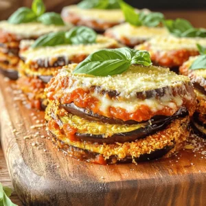 Let's dive into the heart of Baked Eggplant Parmesan with the essential ingredients. Each one plays a key role in building flavor and texture. Here’s what you need for this delightful dish: - 2 medium eggplants, sliced into 1/4 inch rounds - 1 teaspoon salt - 2 cups marinara sauce (homemade or store-bought) - 2 cups shredded mozzarella cheese - 1 cup grated Parmesan cheese - 1 cup all-purpose flour - 3 large eggs, beaten - 1 cup Italian seasoned breadcrumbs - 2 teaspoons dried basil - 1 teaspoon dried oregano - Fresh basil leaves for garnish (optional) - Olive oil spray The eggplants are the star here. They soak up all the great flavors. Sprinkling them with salt draws out extra moisture, which helps make them tender. The marinara sauce gives a rich taste, while the mozzarella and Parmesan add that creamy goodness. Breading the eggplant gives it a crispy outer layer. You’ll use flour, eggs, and seasoned breadcrumbs for this. Dried herbs like basil and oregano bring in that Italian flair. You can find the full recipe with step-by-step instructions to guide you through each stage of creating this masterpiece. Enjoy the cooking journey! - Preheat the oven and prepare the eggplant: Start by preheating your oven to 375°F (190°C). This temperature is key for a crispy finish. Slice the eggplants into 1/4 inch rounds. Lay them on a paper towel and sprinkle with salt. Let them sit for about 30 minutes. This helps pull out extra moisture and bitterness. - Set up the breading station: In three shallow dishes, arrange your breading station. Place all-purpose flour in the first dish. Put beaten eggs in the second dish. Combine breadcrumbs with dried basil and oregano in the third dish. This setup makes breading quick and easy. - Bread the eggplant slices: Take each eggplant slice and dredge it in flour first. Make sure it is fully coated. Next, dip it in the beaten eggs for moisture. Finally, coat it with the breadcrumb mixture, pressing gently to help it stick. - Arrange and bake the eggplant slices: Line a baking sheet with parchment paper. Lay the breaded eggplant slices in a single layer. Lightly spray the top with olive oil spray. This step adds crispiness. Bake for 25-30 minutes, flipping halfway, until golden brown and crispy. - Assemble the layers in the baking dish: In a 9x13 inch baking dish, spread a thin layer of marinara sauce on the bottom. Place a layer of baked eggplant slices on top. Sprinkle mozzarella and Parmesan cheeses over the eggplant. Repeat the layers (sauce, eggplant, cheese) until all ingredients are used. Ensure the top layer has plenty of marinara and cheese. - Bake the casserole and let it rest: Cover the dish loosely with aluminum foil and bake for 25 minutes. After that, remove the foil and bake for an additional 15-20 minutes. Look for bubbly, melted, and golden brown cheese. Let the dish cool for about 10 minutes before slicing. This rest time makes serving easier. This method ensures that your Baked Eggplant Parmesan is both flavorful and hearty, ready to impress at your dinner table! For the complete recipe, you can check the [Full Recipe]. To make the best Baked Eggplant Parmesan, use salt to draw out moisture from the eggplant. This step helps the eggplant become less bitter and cook better. Slice the eggplant into 1/4 inch rounds and sprinkle salt on both sides. Let them sit for about 30 minutes, then rinse and pat dry. Baking at the right temperature is key. Preheat your oven to 375°F (190°C). This temperature allows the eggplant to become crispy without burning. Bake for 25-30 minutes, flipping halfway through. This ensures even cooking. To make the dish even tastier, try adding more spices or herbs to the breadcrumbs. You can mix in garlic powder, red pepper flakes, or parsley for extra flavor. Experiment with different combinations to find what you like best. Using different types of cheese can also enhance the taste. You might try provolone or fontina cheese along with mozzarella for a creamy twist. Mixing cheeses adds depth and richness to your dish. For the full recipe, check out the [Full Recipe]. {{image_4}} You can change the recipe to make it healthier. One option is to use zucchini instead of eggplant. Zucchini has a similar texture and absorbs flavors well. It cooks quickly and offers a lighter taste. This swap keeps the dish fresh and vibrant. Another way to make it lighter is by substituting low-fat cheese options. You can find mozzarella and Parmesan made with less fat. These cheeses melt nicely and still give you great taste. You can enjoy a hearty meal without the extra calories. To boost the flavor, try adding sautéed vegetables. Spinach and mushrooms are great choices. They add depth and nutrition to the dish. Sauté them in a bit of olive oil before mixing them in. This extra step makes your meal even more delicious. You can also experiment with different marinara sauce types. Try a spicy arrabbiata or a creamy Alfredo sauce. Each sauce brings its own unique taste. This way, you can enjoy Baked Eggplant Parmesan in many exciting ways. For the full recipe, check out the earlier sections. After enjoying your Baked Eggplant Parmesan, you might have some left. To keep it fresh, store it in an airtight container. Make sure to let it cool down first. Place it in the fridge. It can last up to four days. If you know you won't eat it soon, freezing is a better option. To freeze your Baked Eggplant Parmesan, cut it into portions. Wrap each piece tightly in plastic wrap. Then, place the wrapped portions in a freezer-safe bag. This keeps the flavor intact. When you're ready to eat, thaw it in the fridge overnight. Reheat it in the oven at 350°F (175°C) until heated through. This way, you can enjoy this flavorful dish even later! For the full recipe, refer to the provided instructions. How do I make it gluten-free? To make Baked Eggplant Parmesan gluten-free, simply substitute the all-purpose flour and breadcrumbs. Use gluten-free flour and gluten-free breadcrumbs instead. This keeps the dish safe for those with gluten sensitivities. Always check the labels to ensure they meet your needs. Can I prepare Baked Eggplant Parmesan in advance? Yes, you can prepare Baked Eggplant Parmesan in advance. Assemble the dish, cover it, and store it in the fridge for up to 24 hours. This allows the flavors to blend well. When ready to bake, just add extra time to the cooking to ensure it heats through. What do I serve with Baked Eggplant Parmesan? Baked Eggplant Parmesan pairs well with many sides. Consider serving it with a fresh salad, garlic bread, or pasta. You can also add a light drizzle of olive oil or balsamic vinegar to enhance the flavors. These options make for a hearty meal. For the full recipe, check the link above. Baked Eggplant Parmesan is a delicious dish that combines tasty ingredients and easy steps. We covered how to prepare eggplants, bread them, and bake everything to perfection. Plus, I shared tips to enhance flavor and various ways to make it healthier. In closing, this dish is simple to make and can impress anyone. With the right ingredients and methods, you’ll create a meal everyone enjoys. Don’t forget to experiment with different flavors and storage tips to make the most of your leftovers. Happy cooking!
