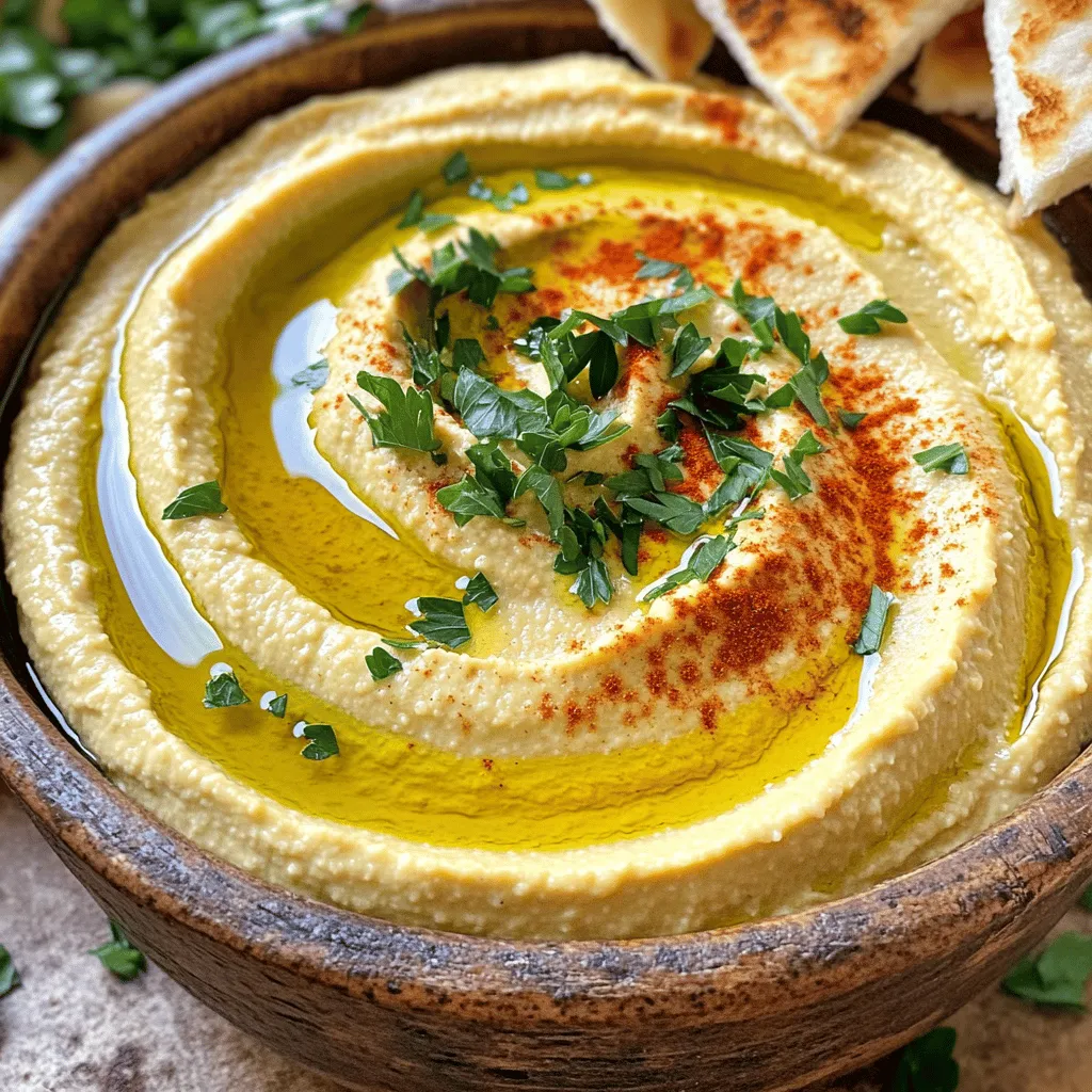 To make a classic hummus, you need some simple ingredients. Here’s what you will need: - 1 can (15 oz) chickpeas, thoroughly drained and rinsed - 1/4 cup tahini (sesame paste) - 2 tablespoons high-quality extra virgin olive oil, plus more for garnish - 2 tablespoons freshly squeezed lemon juice - 1 garlic clove, finely minced - 1/2 teaspoon ground cumin - Sea salt, to taste - Water, as needed to achieve desired consistency - Pinch of smoked paprika for garnish - Fresh parsley, finely chopped for garnish These ingredients come together to create a creamy and smooth dip that you will love. You can customize your hummus with fun garnishes and add-ins. Here are some ideas: - Roasted red peppers for a sweet twist - Sun-dried tomatoes for a burst of flavor - Chopped olives for a salty touch - Extra spices like cayenne or za'atar for heat - Fresh herbs like cilantro or mint for freshness These options can add depth and personality to your hummus. When picking your ingredients, aim for the best quality. Here are some tips: - Chickpeas: Choose organic canned chickpeas. They taste better and are more nutritious. - Tahini: Look for a brand with a good reputation. It should be smooth and well mixed. - Olive Oil: Select extra virgin olive oil for flavor. It should smell fresh and fruity. - Garlic: Use fresh garlic for a stronger taste. Avoid pre-minced garlic if possible. High-quality ingredients make your hummus taste fantastic. Enjoy the process and the delicious results! Start by gathering all your ingredients. You will need: - 1 can (15 oz) chickpeas, thoroughly drained and rinsed - 1/4 cup tahini (sesame paste) - 2 tablespoons high-quality extra virgin olive oil, plus more for garnish - 2 tablespoons freshly squeezed lemon juice - 1 garlic clove, finely minced - 1/2 teaspoon ground cumin - Sea salt, to taste - Water, as needed to achieve desired consistency - Pinch of smoked paprika for garnish - Fresh parsley, finely chopped for garnish Make sure your chickpeas are well rinsed. Rinsing helps reduce the sodium and improve the taste. Add the chickpeas, tahini, olive oil, lemon juice, minced garlic, and cumin into a high-speed blender or food processor. Blend on high until the mix starts to come together. Stop every few seconds to scrape down the sides with a spatula. This ensures a smooth mix. After blending, add water slowly, one tablespoon at a time. Blend until the hummus is as smooth as you like. This usually takes about 3 to 5 tablespoons of water. Taste the hummus and add sea salt to your liking. Blend again to mix the salt in well. Once it’s silky, transfer the hummus to a serving bowl. Drizzle extra olive oil on top. Sprinkle smoked paprika and garnish with parsley for a nice look and taste. Enjoy this creamy classic hummus with fresh veggies or warm pita bread. For the full recipe, check out the earlier section! To get the best texture for your hummus, start with warm chickpeas. If you use canned chickpeas, warm them gently in a pot. This small step helps to make the hummus smooth and creamy. When blending, add water slowly, one tablespoon at a time. This gives you control over the texture. Blend until you reach a silky finish, which usually takes about 3 to 5 tablespoons of water. To boost flavor, use high-quality olive oil. I suggest adding it at the start and as a garnish. Fresh lemon juice adds bright notes, so don’t skimp on it. You can also mix in spices like smoked paprika or cayenne pepper for a kick. Taste your hummus and adjust salt as needed. Each ingredient should enhance the next for a balanced flavor. One common mistake is not blending long enough. Stop blending too soon, and your hummus may end up grainy. Always scrape down the sides of the blender to mix everything evenly. Another mistake is adding too much water at once. This can make your hummus too runny. Remember to add water gradually for the best results. By keeping these tips in mind, you can make your classic hummus a delightful and creamy treat! For the full recipe, check out the [Full Recipe]. {{image_4}} You can make hummus more fun by adding flavors. Roasted garlic gives a nice depth. Simply roast garlic cloves in olive oil until soft, then blend them in. Red pepper adds a sweet twist. Just blend in roasted red peppers for a vibrant taste. Try adding herbs like basil or cilantro for freshness. With these twists, your hummus can shine at any gathering. Spices can really change the game. Consider adding smoked paprika for a warm, smoky flavor. A pinch of cayenne pepper can add some heat. You might also enjoy a splash of lemon zest for a bright touch. Fresh herbs like dill or thyme can uplift your hummus too. Experiment with different spices until you find your favorite blend. Hummus is naturally vegan and gluten-free, making it a great choice for many diets. Ensure your tahini and spices are labeled gluten-free to stay safe. If you're looking for added protein, mix in some hemp seeds. This keeps your hummus creamy while boosting its nutrition. You can also adjust the salt and oil to meet your dietary needs. The versatility of hummus makes it a dish everyone can enjoy. After you make your creamy classic hummus, it is important to store it well. First, let the hummus cool if warm. Then, place it in a clean container. Cover it tightly with a lid or plastic wrap. This keeps air out, which helps it stay fresh. Use glass or BPA-free plastic containers for the best storage. Glass containers are great because they do not hold odors. Look for containers that seal tightly. This helps keep your hummus smooth and tasty. Homemade hummus lasts about 4 to 5 days in the fridge. Always check for changes in smell or texture before eating. If you want to save some for later, you can freeze it! Place hummus in a freezer-safe container. Leave some space at the top because it will expand. Frozen hummus is best used within three months. When you want to eat it, thaw it overnight in the fridge. Stir well before serving. You can use the full recipe for fresh hummus that is great for freezing. To enhance your hummus, focus on fresh ingredients. Use fresh lemon juice for a bright flavor. Try adding roasted garlic for a sweet taste. A splash of lemon zest can also add a nice twist. Experiment with spices like smoked paprika or cayenne pepper for heat. Fresh herbs, like parsley or cilantro, can bring a vibrant touch. Mix in some olive oil while blending to smooth out the texture and add richness. Yes, you can use dried chickpeas. First, soak them overnight in water. This softens the beans and makes them easier to cook. After soaking, boil them until tender, about one to two hours. Drain and cool them before using in your hummus. Dried chickpeas may offer a fresher taste compared to canned ones. However, canned chickpeas save time and are convenient for quick meals. Hummus pairs well with many foods. Try serving it with fresh veggies like carrots, cucumbers, and bell peppers. Warm pita bread makes a great dipper too. You can also use crackers or breadsticks. For a fun twist, add some olives or roasted nuts on the side. These options not only taste great but also add color to your serving plate. Hummus is a healthy choice. It contains protein from chickpeas and healthy fats from tahini and olive oil. It is also rich in fiber, helping with digestion. Plus, it is lower in calories than many dips. However, moderation is key, especially if you add extra oil or toppings. Overall, hummus is a nutritious treat that fits well into many diets. Enjoying it regularly can benefit your health. Making homemade hummus is simple and fun. We covered key ingredients, blending steps, and tips for creaminess. You can customize flavors and store it well for fresh taste. Remember, quality ingredients make a big impact on flavor. Avoid common mistakes, and get creative with variations. Enjoy your hummus with veggies or bread. It’s healthy and delicious. Soon, you’ll be a hummus pro, impressing friends and family!