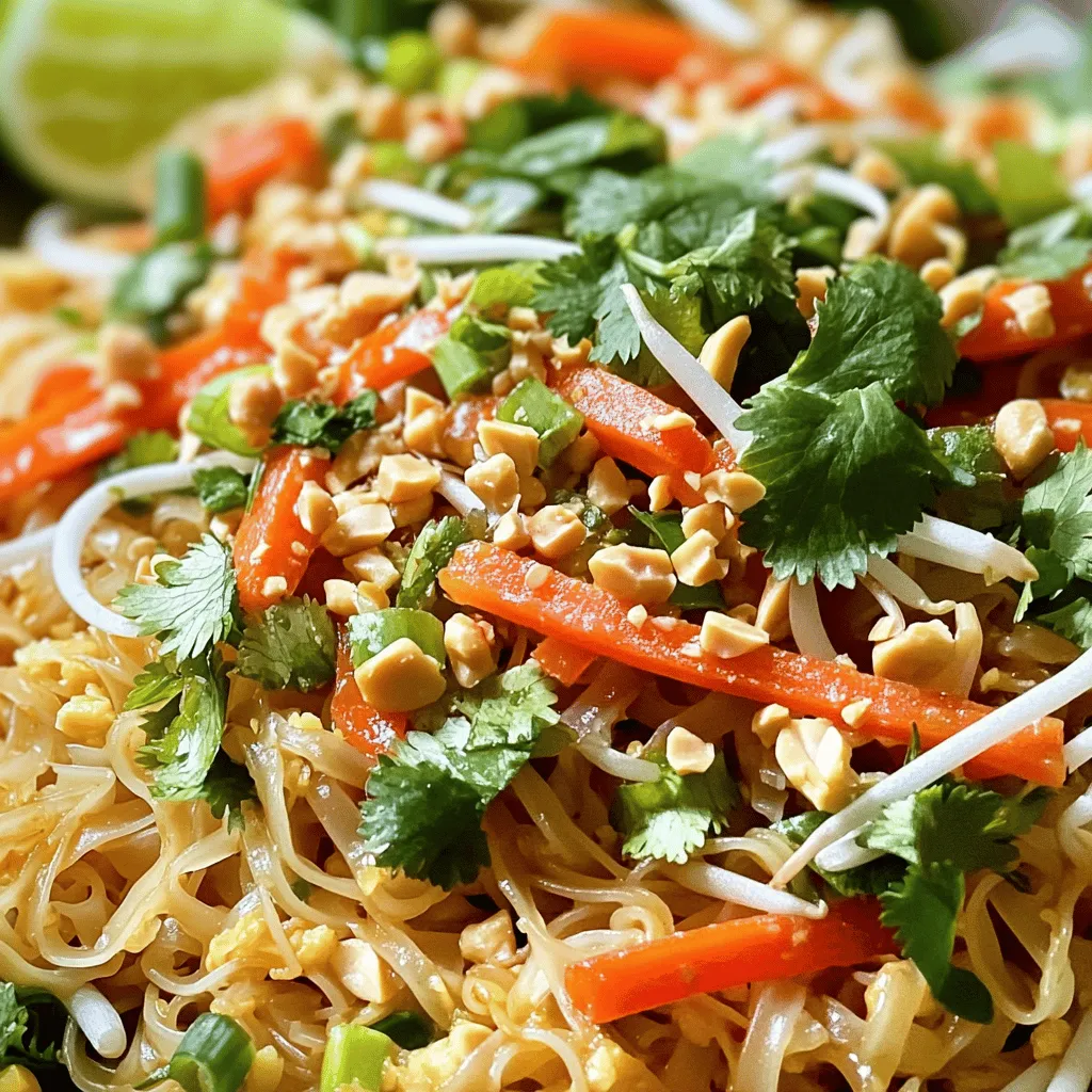 To make Easy Vegetable Pad Thai, gather these key ingredients: - 8 oz rice noodles - 1 tablespoon vegetable oil - 1 medium carrot, julienned - 1 red bell pepper, thinly sliced - 1 cup fresh bean sprouts - 3 green onions, finely chopped - 2 cloves garlic, minced - 2 tablespoons soy sauce - 1 tablespoon tamarind paste - 1 tablespoon brown sugar - 1 tablespoon fresh lime juice - 2 tablespoons crushed peanuts - Fresh cilantro leaves, for garnish - Lime wedges, for serving These ingredients create a colorful and tasty dish. Rice noodles act as the base. They soak up flavor well. Fresh vegetables add texture and crunch. The sauce gives a sweet and tangy taste. You can add more fun to your Pad Thai. Here are some optional add-ins: - Tofu for protein - Mushrooms for earthiness - Broccoli for extra greens - Snap peas for a sweet crunch - Red chili flakes for heat These extras can change the dish. Feel free to mix and match to suit your taste. Knowing the nutrition can help you make smart choices. Here’s a quick look at the main ingredients: - Rice noodles: Low in fat but high in carbs. - Vegetable oil: Provides healthy fats. - Vegetables: Full of vitamins and fiber. - Soy sauce: Adds sodium; use low-sodium for less salt. - Peanuts: Offer healthy fats and protein. Balanced meals are key. This Vegetable Pad Thai gives a good mix of nutrients. Enjoy the flavors while feeling good about what you eat. Check the [Full Recipe] for step-by-step instructions! To start, soak the rice noodles. Use a large bowl and fill it with hot water. Let the noodles sit for 15-20 minutes. This helps them soften well. After soaking, drain the noodles and set them aside. Heat a large skillet or wok over medium-high heat. Add one tablespoon of vegetable oil. Once the oil is hot, add two cloves of minced garlic. Sauté for about 30 seconds until it smells good. Then, add the julienned carrot and thinly sliced red bell pepper. Stir-fry these vegetables for 3-4 minutes. They should soften and become bright in color. Now, it’s time to add the drained rice noodles to the skillet. Toss them gently with the vegetables. In a small bowl, mix together soy sauce, tamarind paste, brown sugar, and lime juice. Pour this sauce over the noodles and vegetables. Stir well to coat everything evenly. Next, add fresh bean sprouts and half of the chopped green onions. Stir for another 2-3 minutes until everything is hot. Finally, take the skillet off the heat. Carefully place the colorful Pad Thai on a serving plate. Top it with crushed peanuts, the rest of the green onions, and fresh cilantro. Serve it with lime wedges on the side for a zesty kick. For the full recipe, check out the details above. To get the best texture in your Vegetable Pad Thai, start with rice noodles. Soak them until soft but not mushy. This step is key. When you stir-fry, keep the heat high but watch the time. Cook the veggies until they are bright and tender, not soggy. Toss the noodles gently in the pan. This helps maintain their shape and texture. Having the right tools makes cooking easier. Here’s what I recommend: - A large skillet or wok for even cooking. - A wooden spatula for gentle stirring. - A bowl for soaking noodles. - Measuring spoons for precise ingredients. These tools help you create that perfect dish with ease. Avoiding mistakes can make your Pad Thai shine. Here are some tips: - Don’t over-soak the noodles; this leads to mush. - Avoid burning the garlic; it can taste bitter. - Use fresh ingredients for the best flavor. - Don’t skip the garnishes; they add flavor and beauty. Keeping these in mind helps you craft a delicious meal every time. {{image_4}} You can add protein to your Vegetable Pad Thai easily. Tofu is a great choice. It absorbs flavors well. To use tofu, press it to remove water. Cut it into cubes and sauté it until golden. Tempeh is another option. It has a nutty taste. Slice it thin and cook it like tofu. If you eat meat, chicken or shrimp works too. Just cook it fully before adding the noodles. Making your Pad Thai gluten-free is simple. Use rice noodles, which are naturally gluten-free. For the sauce, choose gluten-free soy sauce. This swap keeps the taste strong and authentic. Always check labels on sauces to avoid hidden gluten. You can also try coconut aminos as a soy sauce alternative. It adds a sweet, mild flavor. You can adjust the spice level of your Pad Thai easily. For a mild dish, skip the chili flakes. If you like heat, add them to the sauce. You can also use sriracha on top. Add it little by little to find your perfect heat level. Another option is to add sliced jalapeños while cooking. Adjusting spice makes it fun to customize your meal! After you enjoy your vegetable Pad Thai, store leftovers in an airtight container. Let the dish cool down before sealing. This keeps it fresh and tasty for later. You can keep it in the fridge for up to three days. If you want to enjoy it longer, consider freezing it. To reheat your Pad Thai, use a skillet over medium heat. Add a splash of water or oil to keep it moist. Stir gently to warm it through. You can also use a microwave. Heat in short bursts of 30 seconds, stirring in between. This helps keep the noodles from getting too dry or tough. Yes, you can freeze vegetable Pad Thai, but it may change texture. If you freeze it, store it in a freezer-safe container. It’s best to eat it within two months for the best flavor. When you’re ready to eat, thaw it in the fridge overnight before reheating. For Pad Thai, rice noodles are the best choice. They soak up flavors well. You need 8 oz of rice noodles for this recipe. Make sure to soak them until soft. This usually takes about 15-20 minutes in hot water. You can find these noodles at most grocery stores. Yes, you can make Vegetable Pad Thai ahead of time. Cook the dish and let it cool. Store it in an airtight container in the fridge. It will stay fresh for about 2-3 days. When you’re ready to eat, just reheat it in a skillet. Add a splash of water to keep it moist. To make a vegan version of Vegetable Pad Thai, simply use soy sauce. Make sure it’s labeled vegan. Replace any non-vegan items, like fish sauce, with more soy sauce or tamari. You can also add more veggies or tofu for protein. This keeps it healthy and tasty. Pad Thai comes from Thailand. This dish was created in the 1930s as a national dish. It combines Chinese and Thai cooking styles. Today, it is popular worldwide. People love its mix of flavors and textures. You can find it in many restaurants, or you can make your own at home. For the full recipe, check out the details above. This post covered how to make easy Vegetable Pad Thai. We explored key ingredients and optional add-ins for flavor. I shared step-by-step cooking instructions and tips for perfect texture. You learned about protein options and ways to store leftovers. Vegetable Pad Thai is simple, tasty, and healthy. With a few tweaks, it fits your needs. Enjoy making this dish and discovering new flavors. Cooking can be fun, and you'll impress yourself with Pad Thai every time.