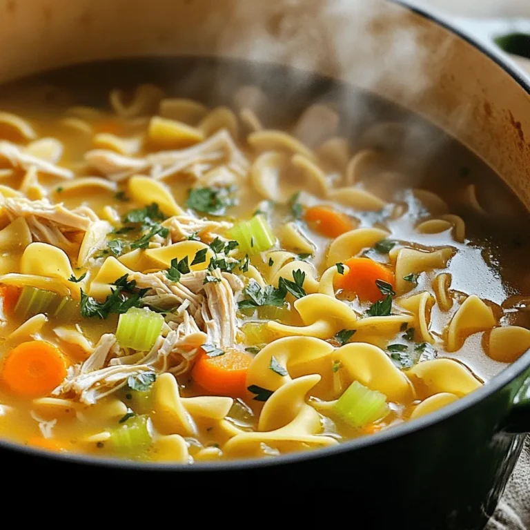 To make a tasty chicken noodle soup, gather these main ingredients: - 1 lb boneless, skinless chicken breasts - 8 cups low-sodium chicken broth - 2 cups egg noodles - 1 medium onion, diced - 2 carrots, chopped into bite-sized pieces - 2 stalks celery, chopped - 3 cloves garlic, minced - 1 teaspoon dried thyme - 1 teaspoon dried parsley - Salt and freshly cracked pepper to taste - 2 tablespoons olive oil - Fresh parsley, finely chopped, for garnish These ingredients work together to create a rich and hearty flavor. The chicken provides protein, while the broth adds warmth. The veggies bring texture and sweetness to the soup. Want to make your soup even better? Here are some optional ingredients you can add: - Lemon juice for brightness - Bay leaves for depth - Corn for sweetness - Peas for color - Spinach or kale for greens These options can give your soup a personal touch. You can mix and match based on what you like or have at home. Classic chicken noodle soup is not just tasty; it’s also healthy. Here’s a quick look at its benefits: - Calories: About 250 per serving - Protein: Approximately 25 grams - Carbohydrates: Roughly 30 grams - Fat: About 6 grams This soup is low in fat and high in protein. It can help keep you full and satisfied. Plus, with the fresh veggies, you get vitamins and minerals, making it a wholesome meal option. For the full recipe, check out the details above. Start by heating 2 tablespoons of olive oil in a large pot over medium heat. Add 1 medium diced onion, 2 chopped carrots, and 2 chopped stalks of celery. Sauté these for about 5-7 minutes. You want them to soften and the onion to look clear. Next, add 3 cloves of minced garlic, 1 teaspoon of dried thyme, and 1 teaspoon of dried parsley. Stir this mix for about a minute. Be careful not to let the garlic burn, as it can make the soup bitter. Now, pour in 8 cups of low-sodium chicken broth. Turn up the heat to bring it to a boil. Once it bubbles, reduce the heat to a gentle simmer. Add 1 pound of boneless, skinless chicken breasts to the pot. Cover it and let it simmer for 15-20 minutes. The chicken should cook through and no longer be pink. Once done, take the chicken out and let it cool. Shred it into small pieces using two forks. Return the shredded chicken to the pot, mixing it with the broth and veggies. Next, add 2 cups of egg noodles to the pot, ensuring they are fully submerged. Cook them according to the package instructions, which usually takes 6-8 minutes. You want them tender but not mushy. Before serving, taste the soup. Adjust the flavor with salt and freshly cracked pepper as you like. Once the noodles are cooked just right, take the pot off the heat. Serve the soup hot in bowls, and sprinkle fresh chopped parsley on top for a bright finish. You can find the Full Recipe for more details! To make the best chicken noodle soup, start with good broth. Use low-sodium chicken broth for a balanced taste. This lets you control the salt. For a richer flavor, use homemade broth if you can. Always sauté the veggies first. This builds a strong base for your soup. Don’t rush this step; let them soften well. When adding garlic, be careful not to burn it. Burnt garlic can make the soup taste bitter. One common mistake is overcooking the chicken. Cook it just until it’s no longer pink. This keeps the chicken tender. Another mistake is adding noodles too early. Noodles can become mushy if cooked too long. Always follow package directions for cooking time. Lastly, don’t skip tasting the soup. Adjust salt and pepper to your liking for the best flavor. Herbs elevate your soup’s taste. Thyme and parsley work well together. You can also add bay leaves for depth. If you want a kick, try a pinch of red pepper flakes. Fresh herbs add brightness, so sprinkle them on top before serving. For an extra layer of flavor, add a squeeze of lemon. This brings a fresh twist to your bowl. For the full recipe, explore the details above. {{image_4}} You can make chicken noodle soup healthier. Use low-sodium chicken broth. This choice reduces salt. You can also switch to gluten-free noodles. Many brands offer great-tasting options. Just cook them according to the package. These small changes keep flavor high and health in check. Add fun ingredients to your soup. Try adding more veggies like peas, corn, or spinach. These add color and nutrients. You can also mix in different proteins. Shredded rotisserie chicken works well. For a twist, add tofu for a vegetarian option. The goal is to make each bowl unique and tasty. Chicken noodle soup varies by region. In the South, people often add dumplings. This makes the soup heartier and more filling. In Mexico, you might find a hint of lime and spices. This gives the soup a fresh kick. Each region has its own take, making it fun to explore. Check out the full recipe to find a style that suits you best! To store leftovers, first let the soup cool down. Once cool, transfer it to an airtight container. Make sure to leave some space at the top. This helps the soup stay fresh. Store it in the fridge for up to three days. If you want to keep it longer, freezing is a great option. For freezing, use a freezer-safe container. Pour the cooled soup into the container, leaving some space. Seal it tightly. You can freeze it for up to three months. When you’re ready to enjoy it again, just take it out and let it thaw in the fridge overnight. To reheat, pour the soup into a pot. Heat it over medium-low heat. Stir it often to prevent sticking. You can also use the microwave. Place the soup in a microwave-safe bowl. Heat in 1-minute intervals, stirring in between. Make sure it’s hot all the way through before serving. Enjoy this warm comfort in every bowl! For the full recipe, check the instructions above. You can use chicken thighs instead of chicken breasts. Thighs add great flavor and stay juicy. You can also use rotisserie chicken for quick prep. Just shred it and add it to the soup. If you want a meatless option, try chickpeas or tofu. These will add protein and texture to your soup. Chicken noodle soup can last up to four days in the fridge. Store it in an airtight container. Make sure it cools down before putting it in the fridge. This helps keep it fresh and safe to eat. If you want to keep it longer, consider freezing it. Yes, you can make this soup in a slow cooker or Instant Pot. For a slow cooker, cook on low for 6-8 hours. Add the noodles during the last 30 minutes. In an Instant Pot, use the "soup" setting for 10 minutes. Let it naturally release pressure for 5 minutes before opening. This method saves time and keeps flavors rich. For the full recipe, check the details above. You learned how to make classic chicken noodle soup step by step. We covered key ingredients, cooking methods, and useful tips. You also explored fun variations and how to store extras. Remember, small changes can make a big difference in flavor. Don’t be afraid to try new herbs or veggies. This soup is flexible, so enjoy making it your own! Plus, it's comforting and great for sharing. With this knowledge, you'll create tasty meals that warm the heart. Happy cooking!