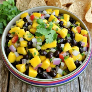 To make this tasty mango black bean salsa, you will need: - 1 ripe mango, diced into small cubes - 1 cup canned black beans, thoroughly rinsed and drained - 1/2 medium red bell pepper, finely chopped - 1/2 medium red onion, finely chopped - 1 jalapeño pepper, seeds removed and minced (optional for a kick of heat) - 1/4 cup fresh cilantro, roughly chopped - Juice of 2 limes, freshly squeezed - 1 tablespoon extra-virgin olive oil - Sea salt and freshly ground black pepper to taste This mix of fresh and vibrant ingredients gives the salsa its fresh taste. Each bite bursts with flavor and color. You can make swaps if you can't find some ingredients. - Mango: Try peaches or pineapple for a different sweetness. - Black Beans: Kidney beans or pinto beans work well too. - Red Bell Pepper: Yellow or orange bell peppers can brighten your dish. - Red Onion: Use green onions for a milder flavor. - Jalapeño: If you want less heat, skip it or use a green bell pepper. - Cilantro: Parsley or basil can replace cilantro for a different herb taste. These substitutions still create a delicious salsa. This salsa is not just tasty; it's also good for you. - Calories: About 150 calories per serving - Protein: 6 grams from the beans - Fiber: 5 grams, helping digestion - Vitamin C: High from mango and lime - Fat: Low, with healthy fats from olive oil This salsa is a great choice for a healthy snack or a meal topper. Its bright flavors and nutrients can fit well into many diets. You can find the full recipe [here]. To make mango black bean salsa, start by gathering all your ingredients. You need one ripe mango, one cup of canned black beans, half a red bell pepper, half a red onion, and one jalapeño pepper. 1. First, dice the mango into small cubes. Make sure they are not too big. 2. Rinse and drain the black beans. This step removes excess salt and liquid. 3. Finely chop the red bell pepper and the red onion. Keep the pieces small for easy eating. 4. If you like heat, remove the seeds from the jalapeño and mince it finely. 5. Place all these ingredients into a large mixing bowl. When mixing your salsa, be gentle. You want to keep the mango cubes intact. After adding the chopped cilantro, lime juice, and olive oil, use a soft hand to toss everything. - Move your spatula from the bottom to the top. - Turn the bowl as you mix to ensure even distribution. - Avoid pressing down on the mango pieces, or they will turn mushy. Chilling your salsa enhances its taste. Once mixed, cover the bowl with plastic wrap or a lid. Place it in the refrigerator for at least 30 minutes. - This resting time allows the flavors to blend. - You can chill it longer if you wish. Just check it before serving. For the full recipe, refer to the [Full Recipe]. Enjoy your fresh and flavorful salsa! To find the best mangoes, look for ones that are slightly soft. Gently press the mango with your fingers. If it gives a little, it's ripe. The color can vary, so check for a sweet smell at the stem. This means it’s ready to eat. Avoid mangoes with dark spots or wrinkles. For the best taste, use fresh mangoes in your salsa. If you want more heat, add more jalapeño. Keep the seeds if you like it spicy. For less heat, use less jalapeño or remove all the seeds. You can also try adding a pinch of cayenne pepper to spice it up. Taste as you go to get the right balance. To boost flavor, try adding diced avocado or chopped green onions. Fresh mint or basil can add a unique twist. For a tangy kick, mix in a little cumin or smoked paprika. These small changes can make your salsa even more exciting. Experiment with different herbs to find your favorite mix. {{image_4}} You can mix in other fruits or veggies to make the salsa unique. Try adding diced pineapple for a sweet punch. Chopped avocado adds creaminess and a rich texture. You could also include diced cucumber for a refreshing crunch. Each fruit or vegetable gives a new taste and makes the salsa fun. Mango black bean salsa pairs well with many meats and seafood. Grilled chicken is a great choice, adding a smoky flavor. It also tastes amazing on grilled fish, like salmon or tilapia. If you like shrimp, try it with shrimp tacos. The salsa adds brightness and a burst of flavor to any dish. While lime juice and olive oil are classic, you can switch it up. Try adding a splash of orange juice for sweetness. A drizzle of balsamic vinegar gives a tangy twist. You can also season with cumin or smoked paprika for depth. Experimenting with different dressings and spices can create a salsa that fits your taste perfectly. For the full recipe, check out the Mango Black Bean Fiesta Salsa. To store leftover salsa, place it in an airtight container. Make sure the lid fits snugly. This keeps air out and helps the salsa stay fresh. You can store it in the fridge for up to three days. Just remember to give it a stir before serving again. This helps mix any ingredients that may have settled. Freezing salsa is a great way to keep it longer. Use a freezer-safe container or bag. Leave some space at the top, as the salsa will expand when it freezes. You can freeze it for up to three months. To defrost, place it in the fridge overnight. Stir it well before serving to make sure it's mixed. Fresh salsa can last in the fridge for about three days. If you see any mold or smell a sour odor, it’s time to toss it. If the salsa looks watery or has changed color, those are also signs it has spoiled. Always trust your senses! If it doesn’t look or smell right, don’t eat it. You can serve this salsa with many dishes. It pairs well with grilled chicken or fish. It also works great with tacos or as a dip with tortilla chips. You can even use it on top of salads for a fresh touch. The bright flavors of the salsa enhance any meal. The salsa lasts about 3 to 5 days in the fridge. Make sure to store it in an airtight container. The flavors may blend and taste even better after a day. However, the mango may become softer over time, so enjoy it fresh! Yes, you can make this salsa ahead of time. In fact, it tastes better if you let it chill for at least 30 minutes. This time helps the flavors mix well together. Just remember to store it in the fridge until you’re ready to serve. You can use other beans like pinto or kidney beans. These choices bring a different flavor and color. Chickpeas are also a fun option, adding a nice texture. Feel free to experiment and find your favorite bean combination! This blog post covered everything you need for Mango Black Bean Salsa. We explored ingredients, variations, and storage tips. You learned how to make salsa that shines in taste. Remember, fresh ingredients boost flavor. Adjust spiciness to fit your taste buds. Store leftovers well to keep it fresh. This salsa is perfect for parties or snacks. Now that you are equipped with this knowledge, it’s time to enjoy your delicious creation!