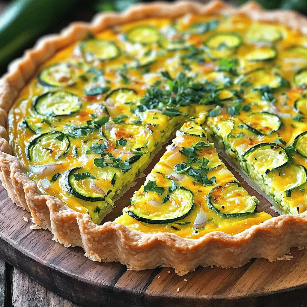 - 1 pre-made pie crust - 2 medium zucchinis, grated - 1 cup shredded cheese (your choice: cheddar or mozzarella) - 4 large eggs - 1 cup milk - 1 small onion, finely chopped - 1 clove garlic, minced - 1 teaspoon dried oregano - Salt and freshly ground black pepper, to taste - Fresh herbs for garnish (such as parsley or chives) To make Easy Zucchini Quiche, gather your ingredients. The pre-made pie crust saves time, letting you focus on flavor. Grated zucchini adds moisture and nutrition. Choose a shredded cheese that you love. Cheddar gives a sharp bite, while mozzarella offers creaminess. Next, the eggs and milk mix binds everything together. Aromatics like onion and garlic create a base of flavor. The dried oregano adds a nice touch of warmth. Lastly, salt and pepper enhance all the ingredients. This recipe is simple yet full of flavor. You can find the full recipe above to guide you through the steps. Enjoy the process and have fun in your kitchen! 1. Preheat your oven to 375°F (190°C). This helps the quiche cook evenly. 2. In a skillet, heat a splash of olive oil on medium. Add the chopped onion and minced garlic. Sauté them for about 3-4 minutes. They should be clear and smell great. 3. Next, add the grated zucchini to the skillet. Cook it for 5 minutes until soft. Season with salt, pepper, and dried oregano. Set this mixture aside to cool slightly. 1. In a large bowl, whisk together the eggs and milk. Make sure they blend well and look slightly frothy. 2. Stir in your choice of shredded cheese. This adds a nice richness to the quiche. 3. Now, gently fold the cooked zucchini mixture into the egg and cheese blend. Mix until everything is well combined. 1. Carefully pour the filling into your pre-made pie crust. Spread it out evenly for a nice top. 2. Place the quiche in the oven and bake for 35-40 minutes. It’s done when the center is set and the top is golden. 3. Once baked, take it out and let it cool for about 10 minutes. This helps the flavors come together. Slice it up and enjoy! For the full recipe, check [Full Recipe]. To check if your quiche is done, look for a firm center. It should not jiggle. A golden top shows it baked well. You can insert a knife in the middle. If it comes out clean, your quiche is ready. Choosing the right cheese enhances the taste. Cheddar gives a sharp flavor, while mozzarella adds creaminess. Mixing cheeses can create a rich taste. Experiment to find your favorite blend. You can add other vegetables to your quiche. Bell peppers, spinach, or mushrooms can boost flavor. Just make sure to sauté them first to reduce moisture. Spice variations can also change the flavor. Try adding red pepper flakes for heat or fresh herbs for brightness. Thyme and basil work well with zucchini, too. For presentation, cut the quiche into neat wedges. Arrange the slices on a platter. A sprinkle of fresh herbs adds color. Complementary side dishes enhance the meal. A crisp green salad pairs well. You can also serve it with roasted potatoes for a heartier option. Enjoy your delicious, homemade quiche! {{image_4}} If you have dietary restrictions, you can still enjoy this quiche. For a gluten-free option, use a gluten-free pie crust. Many brands offer ready-made crusts. You can also make your own using almond flour or a mix of gluten-free flours. For those who avoid dairy, try dairy-free cheese. Brands like Daiya or Violife offer great options that melt well. You can also use nutritional yeast for a cheesy flavor without the dairy. To add more flavor, consider adding herbs and spices. Fresh herbs like basil or thyme can brighten the dish. You can also try spices like paprika or cumin for a twist. Incorporating meats can give your quiche a heartier feel. Cooked bacon, ham, or sausage work well. You can also add other veggies like bell peppers or spinach for added nutrition and taste. Making your quiche in advance saves time. You can prepare it the night before and bake it in the morning. Just store it in the fridge until you're ready to bake. If you want to save some for later, freezing works great. Let the quiche cool completely after baking. Wrap it tightly in plastic wrap, then place it in a freezer bag. When you're ready to eat, thaw it in the fridge overnight and reheat in the oven. This Easy Zucchini Quiche is not just simple; it's also flexible! You can adapt it to your tastes and needs. For the full recipe, check the section above. To store leftover quiche, let it cool completely. Place it in a shallow container. Use a lid or plastic wrap to cover it tightly. This keeps the quiche fresh. You can store it in the fridge for up to three days. If you want to keep it longer, consider freezing. You can reheat quiche in the oven or microwave. To use the oven, preheat it to 350°F (175°C). Place the quiche on a baking sheet. Heat for about 15-20 minutes. This method keeps the crust crisp. If you use the microwave, warm individual slices for 1-2 minutes. This method is faster but may make the crust soft. To freeze the quiche, wrap it tightly in plastic wrap. Then, place it in a freezer bag or container. It can last for up to three months in the freezer. When you are ready to eat, take it out and thaw it in the fridge overnight. After thawing, you can reheat it using the oven for the best texture. Enjoy your delicious zucchini quiche any time! For the full recipe, check the recipe section. The key is managing moisture and enhancing flavor. Zucchini holds water, so it's best to grate and salt it first. This step draws out the moisture. After about 10 minutes, squeeze out excess water. This helps prevent a soggy quiche. For flavor, use fresh herbs and cheese. They bring out the best in zucchini. I recommend oregano and fresh parsley. This mix adds depth and brightness to your dish. Yes, you can make a crustless zucchini quiche! This option is great for a lighter meal. Simply skip the pie crust and pour the filling directly into a greased pie dish. You can also use a frittata method. Just cook it on the stove first, then finish it in the oven. This method keeps the flavors rich and the texture tender. You can add many veggies and proteins to your quiche. Try bell peppers, spinach, or mushrooms. They add color and taste. For proteins, consider adding cooked bacon or ham. You can even use tofu for a vegetarian twist. Mix and match to find your favorite flavors! Zucchini quiche pairs well with fresh salads. A simple green salad with lemon vinaigrette works great. You can also serve it with roasted vegetables for extra crunch. Another option is a light soup, like tomato or cucumber. These sides balance the richness of the quiche and create a colorful plate. We explored how to make an easy zucchini quiche. You learned about key ingredients, step-by-step instructions, and tips for perfecting flavor. I shared variations for different diets and meal prep ideas to make your life easier. Finally, I covered the best practices for storing and reheating leftovers. Zucchini quiche is simple and fun to customize. So, get creative and enjoy this delicious dish!