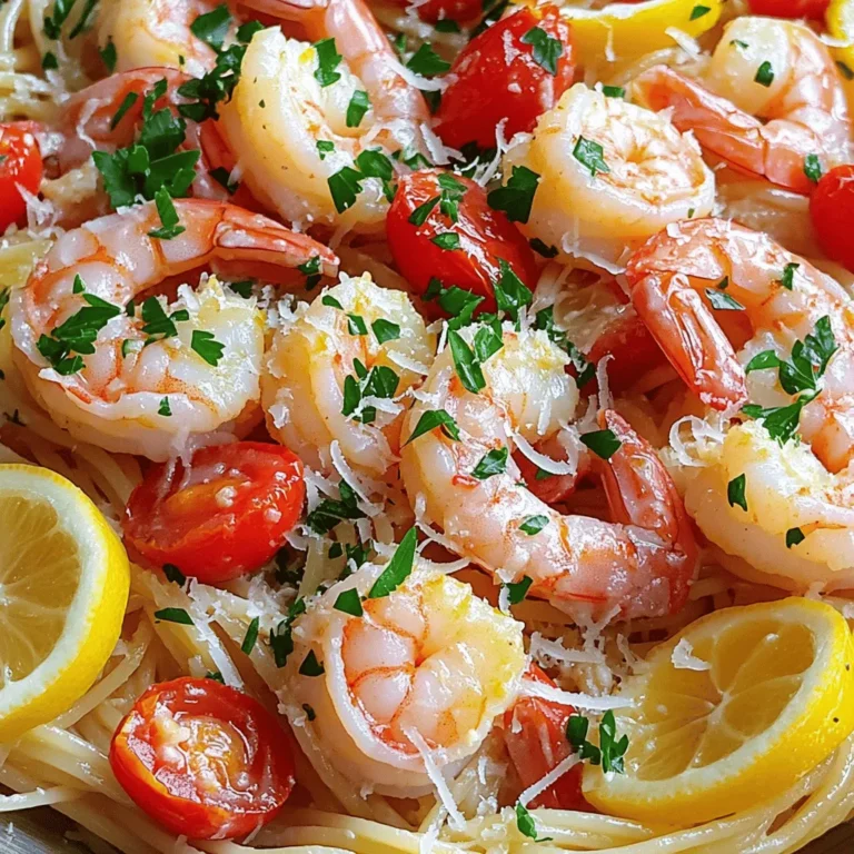 - Large shrimp: 1 lb, peeled and deveined - Pasta choice: 8 oz spaghetti or linguine - Flavor enhancers: garlic, red pepper flakes, lemon - Cooking essentials: butter and olive oil - Optional garnishes: fresh parsley and Parmesan cheese When making shrimp scampi, the right ingredients make all the difference. I love using large shrimp for their juicy texture. You can find them fresh or frozen. Just remember to peel and devein them before cooking. Next, choose your pasta. I prefer spaghetti or linguine, as they soak up the sauce well. Cooking the pasta perfectly is key. You want it al dente for the best bite. Now, let’s talk about flavor. Garlic is a must-have. It gives shrimp scampi its signature taste. Red pepper flakes add a nice kick. You can adjust the heat based on your taste. A squeeze of lemon brightens the dish, adding freshness and zing. For cooking, I use both butter and olive oil. This combo creates a rich flavor and helps cook the shrimp evenly. Finally, don’t forget the garnishes! Fresh parsley adds color and flavor. A sprinkle of Parmesan cheese takes it to the next level. - Alternative seafood options for shrimp - Gluten-free pasta options - Replacing butter with olive oil for a healthier version If you can’t find shrimp, you can swap it for scallops or even cooked chicken. Both options work well with the sauce. For those needing gluten-free choices, many brands offer gluten-free pasta. These options cook similarly to regular pasta, so feel free to use them. If you want a healthier dish, try using only olive oil instead of butter. This change keeps the flavor while cutting back on saturated fat. If you want the full recipe, check out the details above. Happy cooking! First, fill a large pot with water and add a generous amount of salt. Bring the water to a rolling boil. This step is key because it helps flavor the pasta. Next, add your spaghetti or linguine to the boiling water. Cook it according to the package instructions until it is al dente. This means it should be firm to the bite. Once the pasta is done, drain it but save about ½ cup of the starchy pasta water. This water will help your sauce later. In a large skillet, heat 4 tablespoons of butter and 4 tablespoons of olive oil over medium heat. Once hot, add 4 minced garlic cloves and 1 teaspoon of red pepper flakes. Sauté this mix for about one minute. You want the garlic to smell great, but don’t let it brown. Now, add the shrimp to the skillet. Season them with salt and freshly cracked black pepper. Cook the shrimp for 2-3 minutes. They should turn pink and opaque. This shows they are perfectly cooked. Next, toss in 1 cup of halved cherry tomatoes. Cook them for another 2 minutes until they soften. Then stir in the juice and zest of 1 lemon for a fresh flavor. If the mixture seems too dry, gradually add some of the reserved pasta water. This helps create a nice, saucy blend. Finally, add the drained pasta to the skillet. Use tongs to gently toss everything together. Add ½ cup of chopped parsley and taste your dish. Adjust the seasoning with more salt and pepper as needed. Your Easy Shrimp Scampi is now ready to serve! To make perfect shrimp scampi, first, check the shrimp. When cooked, they should turn bright pink and opaque. This color change means they are done. If they are gray or translucent, keep cooking them. Next, balance your seasoning. Shrimp need salt and pepper to shine. Add lemon juice for a zesty kick. Taste your sauce before serving to make sure it is just right. Pasta water plays a big role in your sauce. It is starchy and helps thicken the sauce. If your sauce seems too thin, add a splash of the reserved pasta water. This will create a nice, smooth texture that clings to the shrimp. Prep your ingredients ahead of time. Mince your garlic, chop parsley, and halve your tomatoes. This makes cooking faster and easier. Cook the pasta and shrimp at the same time. While your pasta boils, sauté the shrimp. This saves time and keeps everything fresh. Using a one-pan method cuts down on cleanup. After cooking the shrimp, toss in the pasta directly. One pan means less mess and more flavor in every bite. {{image_4}} You can switch up your shrimp scampi in fun ways. A classic dish uses garlic and butter, but modern tweaks add new flavors. Here are some ideas: - Adding white wine: This gives the dish a nice depth. Use a dry white wine for the best taste. - Introducing veggies: Think about adding spinach or zucchini. They add color and nutrients. - Spicy versions: If you like heat, add chili flakes. It makes the dish exciting! Sometimes, you might need a different approach. Here are some ways to make shrimp scampi fit your diet: - Low-carb options: Use zucchini noodles instead of pasta. It keeps the dish light and fresh. - Dairy-free alternatives: If you need to avoid dairy, try coconut milk for a creamy sauce. - Vegetarian adaptations: You can use mushrooms or tofu in place of shrimp. Both options taste great and soak up the flavors well. These variations make shrimp scampi a versatile dish. You can enjoy it your way! For the full recipe, check out the link above. To keep shrimp scampi fresh, place it in an airtight container. Make sure the dish cools completely before sealing. Refrigerate it for up to three days. If you want to avoid soggy shrimp, keep the pasta separate. This way, both the shrimp and pasta stay fresh longer. Use glass or BPA-free plastic containers. They help maintain the flavor and texture. If you plan to eat it later, consider portioning it out for easier meals. When reheating shrimp scampi, avoid the microwave if possible. It can overcook the shrimp. Instead, use a skillet over low heat. Add a splash of water or broth to keep it moist. Stir gently until heated through. To enhance flavor, add a little extra lemon juice or fresh parsley while reheating. This brightens the dish and keeps it fresh. Enjoy your meal just as if it were freshly made! You can make shrimp scampi in about 30 minutes. The prep time is just 10 minutes. Cooking the shrimp and pasta takes around 20 minutes. This quick meal fits perfectly into a busy evening. Yes, you can use frozen shrimp! Just make sure to thaw them first. Place the shrimp in cold water for about 20 minutes. After thawing, pat them dry with a paper towel. This will help them cook evenly. Shrimp scampi pairs well with a variety of side dishes. Here are some tasty options: - Garlic bread for dipping. - A fresh green salad for crunch. - Steamed or roasted veggies for color and flavor. - Rice or quinoa to soak up the sauce. For the full recipe, check out the Quick & Zesty Shrimp Scampi above. It includes all the steps and tips you need to make this delicious dish. This blog post covered how to make easy shrimp scampi. We detailed essential ingredients like shrimp, pasta, and garlic. You learned step-by-step instructions, tips, and tricks to perfect your dish. We also explored variations and storage tips for leftovers. In summary, shrimp scampi is simple and quick. With the right ingredients and techniques, you can create a delicious meal. Enjoy experimenting with flavors and making this dish your own. Happy cooking!